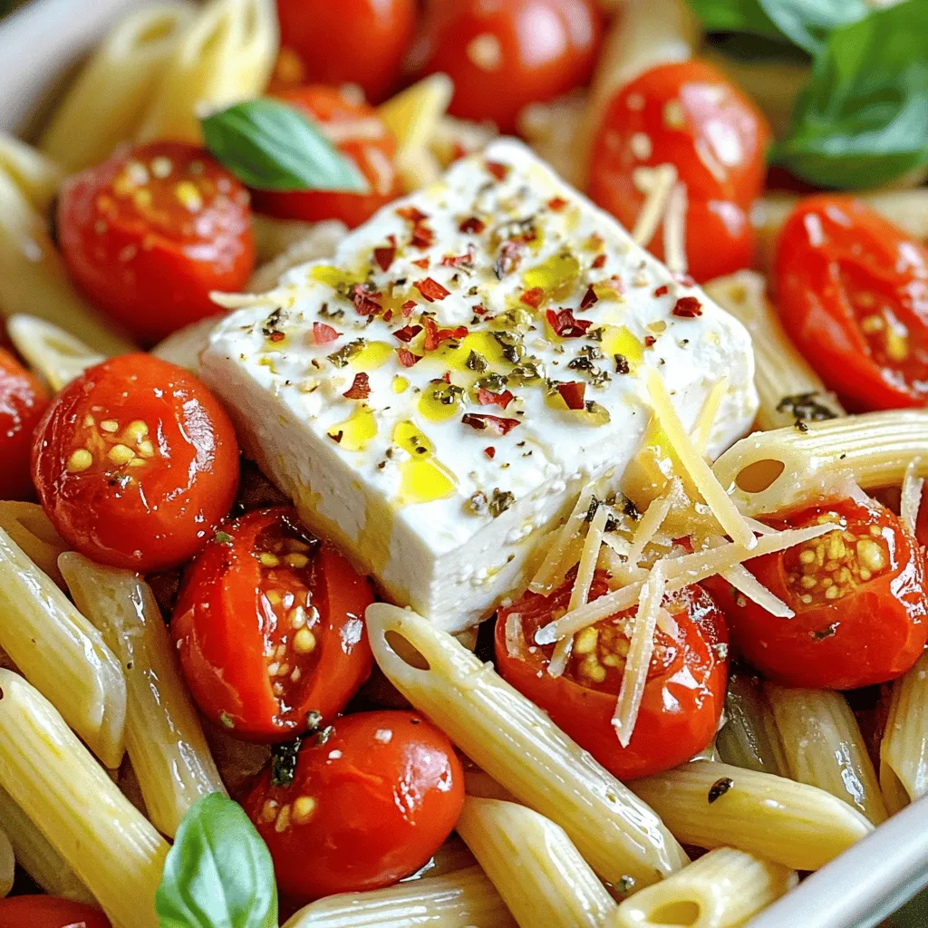 - 200g feta cheese - 300g pasta (preferably penne or fusilli) - 2 cups cherry tomatoes, halved - 4 cloves garlic, minced - 1/4 cup extra-virgin olive oil - 1 teaspoon dried oregano - 1/2 teaspoon red pepper flakes (optional) - Fresh basil leaves for garnish - Salt and pepper to taste - Parmesan cheese for serving (optional) The star of this dish is the feta cheese. It becomes creamy and rich when baked. The cherry tomatoes burst with flavor. They add sweetness and color. Garlic gives the dish depth and aroma. Olive oil brings it all together for a luscious sauce. You can easily adjust the heat level with red pepper flakes. They add a kick, but you can skip them if you prefer mild. The fresh basil at the end brightens the dish and adds a lovely touch. Feel free to play around with the pasta shape. Penne and fusilli work well, but you can use your favorite. For a fun twist, try adding more veggies. Bell peppers or zucchini are great choices. For the full recipe, check out the complete instructions to create this flavorful dinner. - Preheat your oven to 400°F (200°C). - In a large baking dish, add the cherry tomatoes and minced garlic. - Mix cherry tomatoes, minced garlic, olive oil, oregano, and seasoning in the dish. - Place the block of feta cheese in the center and drizzle with olive oil. - Bake for 25-30 minutes until bubbly and soft. - While the feta and tomatoes bake, cook pasta according to package instructions until al dente. - Drain the pasta and set it aside while the baking is completed. Now, your kitchen will be filled with a beautiful aroma as the feta and tomatoes transform into a creamy sauce. You can check the full recipe for more details. Enjoy the simple steps that lead to a delightful meal! - Use high-quality feta for the best flavor. - Adjust the baking time for different ovens if needed. Choosing the right feta cheese is key. A creamy, rich feta will melt beautifully into your dish. Crumble it over the pasta for a wonderful taste. If your oven runs hot or cold, check your feta at the 20-minute mark. You want it soft and lightly browned. - Add fresh basil just before serving for added flavor. - Consider sprinkling some toasted pine nuts for crunch. Fresh basil gives a burst of flavor. Tear the leaves by hand to release the oils. For extra texture, add toasted pine nuts. They add a nice crunch and pair well with the creamy feta. - Serve with a side salad or crusty bread for a complete dinner. - Pair with a light white wine or sparkling water. A simple side salad balances the meal nicely. Toss mixed greens with olive oil and lemon juice. Crusty bread is perfect for soaking up the sauce. If you enjoy wine, a chilled white pairs beautifully. Sparkling water is also refreshing and light. {{image_2}} You can switch up the pasta type. Use penne, fusilli, or rotini. Each pasta shape adds a different texture. You can also add veggies. Bell peppers or zucchini work well. They bring freshness and color to the dish. To brighten the dish, squeeze some lemon juice on top. This adds a lovely zing. You can also toss in olives or capers. They bring that Mediterranean flavor you crave. If you're gluten-free, try chickpea or lentil pasta. These options taste great and keep the dish hearty. For a vegan version, just swap in plant-based feta. It melts nicely and gives you that creamy texture. Try these variations to make the baked feta pasta your own. You can find the full recipe to help guide your cooking adventures. Refrigerate leftovers in an airtight container for up to 3 days. This keeps the dish fresh. When you want to eat it again, reheat gently in the oven or on the stove. This way, you keep the best flavor and texture. You can freeze the dish before baking for a convenient meal later. Just place it in a freezer-safe dish. After baking, the pasta can be frozen too, but the texture may change. For quick reheating, use the microwave or stovetop. Add a splash of olive oil when reheating to keep it moist. This helps bring back the creamy goodness of the feta and tomatoes. The feta should be soft and slightly golden on top. When you see a light brown on the edges, it is ready. This means the flavors are melded well. Yes, grilled chicken, shrimp, or chickpeas can be great additions. These protein options will boost the meal's nutrition and make it more filling. You can add them during the last few minutes of baking. Pair it with garlic bread, a fresh salad, or roasted vegetables. These sides will enhance the meal and provide a nice balance. Garlic bread is a favorite for soaking up the tasty sauce. Absolutely! It stores well and can be reheated for lunches or dinners. Just keep it in an airtight container in the fridge. It stays fresh for about three days. Increase the amount of red pepper flakes or add fresh chili. If you love heat, try adding jalapeños or a dash of hot sauce to the mix. This will give your dish a nice kick! This recipe combines simple ingredients for a delicious meal. The baked feta pasta shines with cherry tomatoes and garlic, creating rich flavors. You can customize it to fit your taste, whether adding veggies or protein. It’s great for meal prep and stays fresh in the fridge. Enjoy it with a side salad for balance and nutrition. Try this dish, and you’ll impress family and friends with your cooking skills!