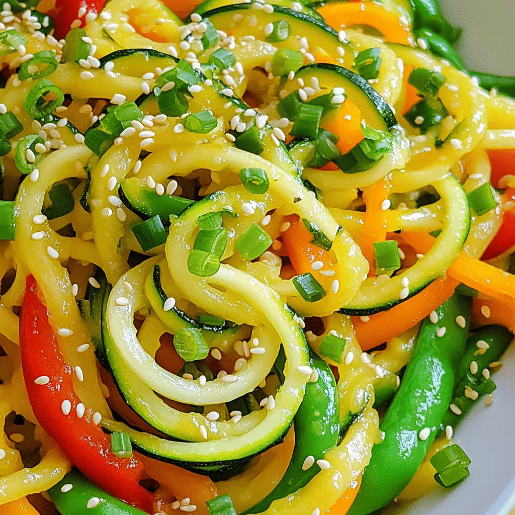 - 2 medium zucchini, spiralized - 1 cup bell peppers (red, yellow, and green), sliced - 1 cup snap peas, trimmed - 1 medium carrot, julienned - 1 small onion, thinly sliced - 3 cloves garlic, minced - 1 tablespoon fresh ginger, minced - 2 tablespoons soy sauce (or tamari for gluten-free) - 1 tablespoon sesame oil - 1 tablespoon olive oil - 1 teaspoon chili flakes (adjust to taste) - 2 green onions, chopped (for garnish) - Sesame seeds (optional, for garnish) When I cook this dish, I love using fresh and colorful ingredients. The zucchini gives a nice twist, while the bell peppers add sweetness. Snap peas bring a crisp bite, and carrots add a pop of color. Every bite is packed with flavor and nutrition. Using the right pantry staples makes this dish quick and easy. Soy sauce and sesame oil give depth. Chili flakes add a nice kick if you like heat. Feel free to experiment with garnishes. Chopped green onions add freshness, while sesame seeds give a nice crunch. You can find the full recipe for Zesty Zucchini Noodle Stir-Fry at the end of this article. Enjoy making this quick and healthy meal! To start, grab two medium zucchinis. Use a spiralizer to make long noodles from them. This tool is fun and easy. After spiralizing, lay the noodles on a clean kitchen towel. This helps soak up extra water. Zucchini can release moisture, so this step is key. Next, heat a large non-stick skillet or wok. Pour in one tablespoon of olive oil over medium-high heat. Add one thinly sliced onion to the pan. Chop three cloves of garlic and one tablespoon of fresh ginger. Toss these in with the onion. Stir-fry for about two minutes. This brings out their rich smell. Now, add one cup of sliced bell peppers and one cup of trimmed snap peas to the mix. Also, add one julienned medium carrot. Stir-fry for three to four minutes. You want them soft but still crunchy. Then, it's time for the zucchini noodles. Add them to the pan. Pour in two tablespoons of soy sauce and one tablespoon of sesame oil. Mix everything gently. Cook for another two to three minutes. The noodles should be just tender. Want it spicy? Add one teaspoon of chili flakes. Toss again to spread the spice evenly. Finally, remove from heat. Garnish with chopped green onions and sesame seeds if you like. Enjoy this quick and tasty meal! You can find the full recipe in the previous section. To spiralize zucchini, start with firm, fresh zucchini. Cut the ends off each zucchini. Place it in the spiralizer and twist to create long noodles. If you don’t have a spiralizer, a vegetable peeler works too. Just peel long strips to get a similar look. After spiralizing, lay the noodles on a clean kitchen towel. This helps soak up any extra water. Prep your veggies ahead of time. Slice the bell peppers, snap peas, and carrots while the zucchini noodles sit. You can even do this the night before. Store them in airtight containers for easy access. Also, use pre-minced garlic and ginger. This way, you can cut your cooking time in half. Taste as you cook! Start with the basic soy sauce and sesame oil mix. If you like more heat, add extra chili flakes. For a sweeter touch, drizzle a bit of honey or maple syrup. You can also add a splash of rice vinegar for tang. The key is to make the dish yours. Experiment and find the perfect balance of flavors that you love! {{image_2}} You can make your zucchini noodle stir-fry heartier by adding protein. Chicken is a great choice. Use thin slices or cubes for quick cooking. Tofu works well if you want a vegetarian option. Just press it to remove moisture, then cube it before cooking. Shrimp adds a nice touch too. They cook quickly and pair well with the flavors in the dish. Feel free to mix up the veggies in your stir-fry. Broccoli, mushrooms, and baby corn bring different textures. You can also use bok choy or zucchini blossoms for a fun twist. The key is to choose veggies that cook at the same time. You want everything to stay crisp and vibrant. Don’t hesitate to get creative with what you have on hand. For a gluten-free version, simply use tamari instead of regular soy sauce. This keeps the dish tasty without gluten. If you want to make it vegan, ensure your protein choice is plant-based. Tofu or chickpeas are excellent options. You can also enhance the flavor with spices or fresh herbs instead of relying on meat. These variations let you customize your meal to your liking. Enjoy the zest and health benefits of this dish while keeping it fresh and exciting. For the complete recipe, check out the Full Recipe section! To keep your zucchini noodle stir-fry fresh, store it in an airtight container. Make sure to cool it first. Place it in the fridge and enjoy within three days. This helps keep the flavors strong and the texture nice. If you have extra zucchini noodles, store them separately. This prevents them from getting soggy. When you reheat your stir-fry, use a skillet over medium heat. This method warms the dish evenly. Add a splash of water to keep it moist. Stir gently until heated through. Avoid using the microwave, as it can make the noodles mushy. For best results, reheat in small batches. Freezing zucchini noodles is easy but requires some care. First, spiralize your zucchini. Then, blanch them in boiling water for one minute. This step helps preserve the color and taste. After blanching, cool them in ice water. Drain well and pack into airtight bags. Remove as much air as you can. You can freeze them for up to three months. When ready to use, cook from frozen for best texture. Yes, you can use regular pasta. However, zucchini noodles have fewer carbs and calories. They also add a fresh taste. If you prefer pasta, choose whole wheat or gluten-free options. Cook the pasta as directed and mix it with the stir-fry. This gives you a hearty meal. To keep zucchini noodles firm, follow these tips: - Spiralize and drain: After spiralizing, set them on a clean towel. This helps absorb moisture. - Sauté quickly: Cook them last and only for a few minutes. This keeps them from getting too soft. - High heat: Use medium-high heat when cooking. This helps maintain their texture. You have many options for sides. Here are some ideas: - Brown rice or quinoa: These grains add a nice base. - Grilled chicken or tofu: This adds protein and makes the meal filling. - A fresh salad: A light salad offers a crunchy contrast. For the complete recipe, check out the Zesty Zucchini Noodle Stir-Fry. This dish is quick, easy, and full of flavor! This blog post shared how to make a tasty zucchini noodle stir-fry. We covered fresh and pantry ingredients, plus tasty options to boost flavor. I walked you through step-by-step instructions, from spiralizing zucchini to cooking veggies. You got tips for easy prep and ways to adjust flavors. We explored protein options and veggie mixes to suit your taste. Lastly, I provided storage tips to keep leftovers fresh. Enjoy your cooking adventure and create your perfect stir-fry!
