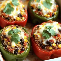 - 4 large bell peppers (any color) - 1 cup cooked quinoa - 1 can (15 oz) black beans, rinsed and drained - 1 cup corn (fresh or frozen) - 1 small red onion, diced - 2 cloves garlic, minced - 1 teaspoon cumin - 1 teaspoon paprika - ½ teaspoon chili powder - 1 cup diced tomatoes (canned or fresh) - 1 cup shredded cheese (cheddar or your choice) - 2 tablespoons olive oil - Salt and pepper to taste - Fresh cilantro, chopped (for garnish) This recipe is full of fresh, vibrant ingredients. Bell peppers are colorful and packed with vitamins. Quinoa adds protein and fiber, making it a great base. Black beans add texture and more protein. Corn gives a sweet crunch, while onion and garlic add flavor. This dish is not just tasty; it’s also healthy. Each stuffed pepper has a good mix of protein, carbs, and fats. They are low in calories and high in nutrients. You get vitamins A and C from the peppers. Quinoa and beans provide protein and fiber. These stuffed bell peppers fit many diets. They are vegetarian and can be made vegan by skipping the cheese. You can also make them gluten-free by checking your ingredients. This dish is a great choice for anyone looking to eat healthier. If you need more ideas, check out the Full Recipe for variations! Start by preheating your oven to 375°F (190°C). Grab your bell peppers and cut off the tops. Remove the seeds and membranes. Drizzle a bit of olive oil on each pepper and sprinkle with salt. Place them upright in a baking dish. In a large skillet, heat two tablespoons of olive oil over medium heat. Add the diced onion and minced garlic. Sauté them until they smell great and turn soft, which takes about 3-4 minutes. Next, stir in the cumin, paprika, chili powder, salt, and pepper. Cook these spices for about 1 minute to bring out their flavors. Now, add in the cooked quinoa, black beans, corn, and diced tomatoes. Mix everything well and let it cook for another 5 minutes. This helps the flavors blend together nicely. After that, take the skillet off the heat and fold in half of the shredded cheese. This makes the filling creamy and delicious. Now, carefully spoon the quinoa mixture into each bell pepper. Press down a bit to fit as much filling as you can. Once filled, sprinkle the remaining cheese on top of each pepper. Cover the baking dish with aluminum foil. Bake in the preheated oven for 25 minutes. After that, remove the foil and bake for another 10-15 minutes. You want the cheese to be bubbly and the peppers tender. Once done, take them out of the oven and let cool for a few minutes. Don't forget to garnish with fresh cilantro before serving. Enjoy your stuffed bell peppers! To make the best stuffed peppers, start with fresh bell peppers. Look for firm peppers with bright colors. Cut the tops off and remove the seeds carefully. A light drizzle of olive oil helps enhance flavor. Pre-baking the peppers for about 10 minutes can soften them. This step makes them tender and ready for stuffing. Stuffed peppers shine as a main dish. Pair them with a fresh salad for a complete meal. You can also serve them with a side of rice or crusty bread. For a fun twist, try adding avocado slices or sour cream on top! Use a sharp knife for cutting peppers. A sturdy baking dish keeps the peppers upright. A skillet helps with mixing ingredients easily. Don’t forget measuring cups for accurate portions. A spatula helps in mixing and serving your delicious stuffed peppers. For the best results, a food thermometer can ensure they are cooked through. For the full recipe, check out the details above! {{image_2}} For meat lovers, stuffed peppers can be packed with ground beef, turkey, or chicken. Start by browning one pound of your choice of meat in a skillet. Add diced onions and garlic, cooking until tender. Mix in cooked rice, diced tomatoes, and your favorite spices. Fill the peppers and top with cheese, just like in the full recipe. Bake until the meat is fully cooked and the peppers are tender. If you prefer a vegetarian dish, you can use lentils or chickpeas instead of meat. Cook one cup of lentils in water until tender, about 20-25 minutes. Mix cooked lentils with diced veggies, such as zucchini or mushrooms, and add spices. This creates a hearty filling. Top with cheese or nutritional yeast for a cheesy flavor. Stuffed peppers are naturally gluten-free. Just ensure all your ingredients, like sauces or spices, are free from gluten. You can use quinoa or rice as a base. For a twist, try using cauliflower rice. It adds a nice texture and is low in carbs. Fill the peppers, top with cheese, and bake as you normally would. Enjoy a tasty, gluten-free meal! You can keep stuffed bell peppers in the fridge. Place them in a sealed container. They stay fresh for up to three days. Make sure they cool down before you store them. This helps prevent sogginess. If you have leftovers, enjoy them for lunch or dinner later! Freezing is a great way to save stuffed bell peppers for later. First, let the peppers cool completely. Wrap each one tightly in plastic wrap. Then, place them in a freezer-safe bag or container. They can last up to three months in the freezer. When you’re ready to eat, thaw them in the fridge overnight. Reheating stuffed bell peppers is easy. You can use the oven or microwave. If using the oven, preheat it to 350°F (175°C). Place the peppers in a baking dish. Cover them with foil to keep them moist. Heat for about 20 minutes. If you use a microwave, place the peppers on a plate. Heat on high for 2-3 minutes. Check if they are hot all the way through. Enjoy your delicious meal again! Stuffed bell peppers stay good in the fridge for up to four days. Store them in an airtight container. They taste great when reheated. Just warm them in the oven or microwave. Yes, you can freeze stuffed bell peppers. Wrap them tightly in plastic wrap or foil. Place them in a freezer-safe bag. They last for up to three months. Thaw them in the fridge before reheating. You can use rice, couscous, or farro instead of quinoa. Each option brings a unique taste and texture. Rice is soft and fluffy. Couscous cooks quickly. Farro has a nice chew and nutty flavor. Choose what you prefer! To add heat, mix in diced jalapeños or red pepper flakes. You can also use a spicy cheese. A dash of hot sauce in the filling works well too. Adjust the spice to your taste. Enjoy the kick! This dish is colorful and packed with flavor. The bell peppers hold a mix of quinoa, black beans, and spices. It is a wholesome meal that is easy to make. Here’s how to prepare it: 1. Preheat the oven. Set it to 375°F (190°C). 2. Prepare the peppers. Cut the tops off four large bell peppers. Remove the seeds and membranes. Drizzle a bit of olive oil on each pepper and add salt. Place them upright in a baking dish. 3. Sauté the onion and garlic. Heat olive oil in a skillet over medium heat. Add diced red onion and minced garlic. Cook until they soften, about 3-4 minutes. 4. Add spices. Stir in cumin, paprika, chili powder, salt, and pepper. Toast these spices for about 1 minute. 5. Mix in the filling. Add cooked quinoa, black beans, corn, and diced tomatoes to the skillet. Stir well and let it cook for 5 minutes. 6. Incorporate cheese. Remove from heat and fold in half of your shredded cheese. Mix until it melts. 7. Stuff the peppers. Spoon the filling into each bell pepper. Press down slightly to fit more in. 8. Top with cheese. Add the remaining cheese on top of the stuffed peppers. 9. Bake. Cover the dish with foil. Bake for 25 minutes. Remove the foil and bake for another 10-15 minutes until the cheese is bubbly and the peppers are tender. 10. Garnish. Once done, take them out and let them cool for a few minutes. Sprinkle fresh cilantro on top. This recipe serves four and takes about 50 minutes to make. You can find the full recipe to explore more options and details. Stuffed bell peppers are a delicious way to mix flavors and textures. In this guide, we covered the key ingredients, nutritional info, and variations for meat lovers or those avoiding gluten. I shared easy steps to prepare and cook, plus tips for perfecting your dish. Remember, stored leftovers can be tasty too. With these tools and ideas, you can make a great meal that suits your needs. Enjoy your cooking journey with these tasty stuffed peppers!