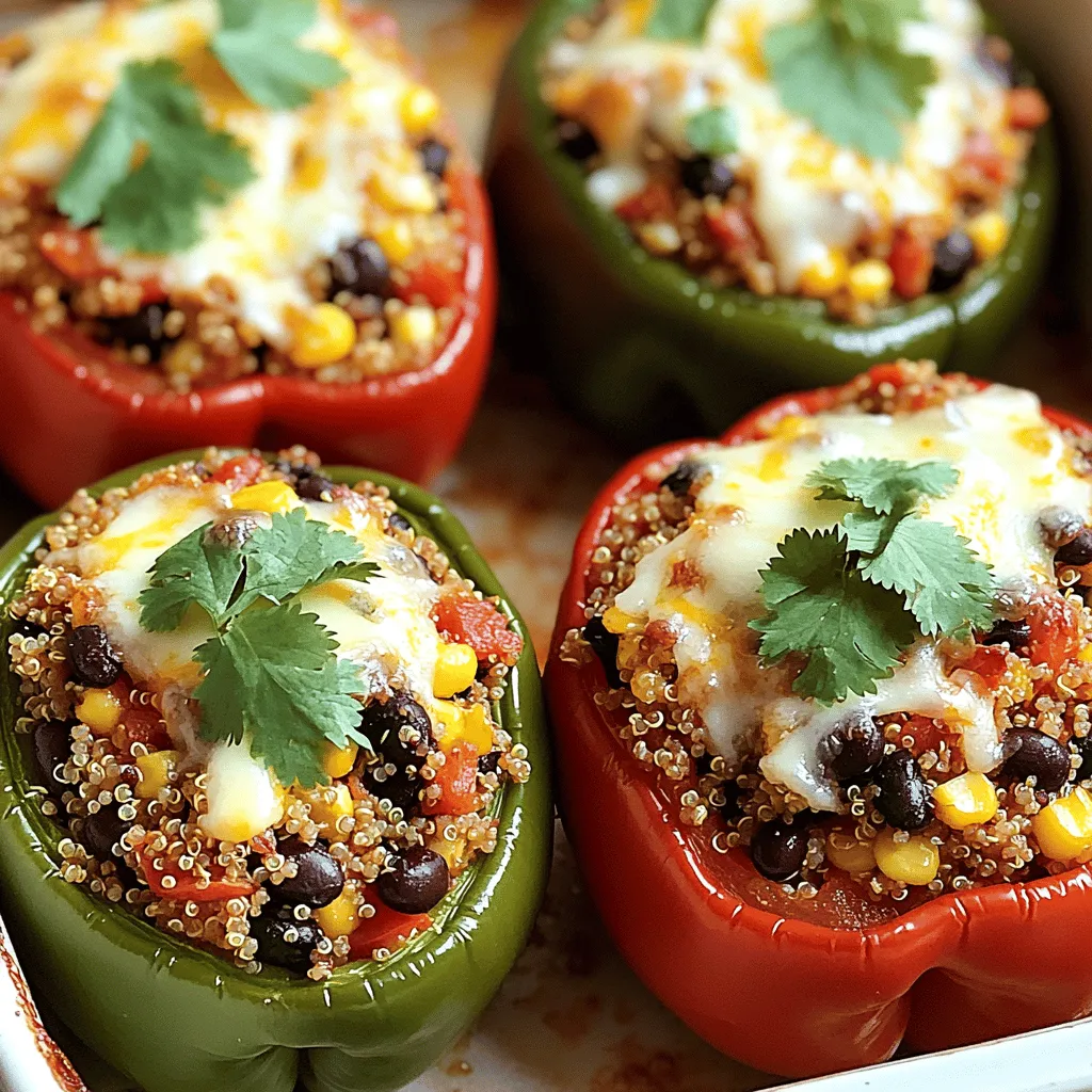 - 4 large bell peppers (any color) - 1 cup cooked quinoa - 1 can (15 oz) black beans, rinsed and drained - 1 cup corn (fresh or frozen) - 1 small red onion, diced - 2 cloves garlic, minced - 1 teaspoon cumin - 1 teaspoon paprika - ½ teaspoon chili powder - 1 cup diced tomatoes (canned or fresh) - 1 cup shredded cheese (cheddar or your choice) - 2 tablespoons olive oil - Salt and pepper to taste - Fresh cilantro, chopped (for garnish) This recipe is full of fresh, vibrant ingredients. Bell peppers are colorful and packed with vitamins. Quinoa adds protein and fiber, making it a great base. Black beans add texture and more protein. Corn gives a sweet crunch, while onion and garlic add flavor. This dish is not just tasty; it’s also healthy. Each stuffed pepper has a good mix of protein, carbs, and fats. They are low in calories and high in nutrients. You get vitamins A and C from the peppers. Quinoa and beans provide protein and fiber. These stuffed bell peppers fit many diets. They are vegetarian and can be made vegan by skipping the cheese. You can also make them gluten-free by checking your ingredients. This dish is a great choice for anyone looking to eat healthier. If you need more ideas, check out the Full Recipe for variations! Start by preheating your oven to 375°F (190°C). Grab your bell peppers and cut off the tops. Remove the seeds and membranes. Drizzle a bit of olive oil on each pepper and sprinkle with salt. Place them upright in a baking dish. In a large skillet, heat two tablespoons of olive oil over medium heat. Add the diced onion and minced garlic. Sauté them until they smell great and turn soft, which takes about 3-4 minutes. Next, stir in the cumin, paprika, chili powder, salt, and pepper. Cook these spices for about 1 minute to bring out their flavors. Now, add in the cooked quinoa, black beans, corn, and diced tomatoes. Mix everything well and let it cook for another 5 minutes. This helps the flavors blend together nicely. After that, take the skillet off the heat and fold in half of the shredded cheese. This makes the filling creamy and delicious. Now, carefully spoon the quinoa mixture into each bell pepper. Press down a bit to fit as much filling as you can. Once filled, sprinkle the remaining cheese on top of each pepper. Cover the baking dish with aluminum foil. Bake in the preheated oven for 25 minutes. After that, remove the foil and bake for another 10-15 minutes. You want the cheese to be bubbly and the peppers tender. Once done, take them out of the oven and let cool for a few minutes. Don't forget to garnish with fresh cilantro before serving. Enjoy your stuffed bell peppers! To make the best stuffed peppers, start with fresh bell peppers. Look for firm peppers with bright colors. Cut the tops off and remove the seeds carefully. A light drizzle of olive oil helps enhance flavor. Pre-baking the peppers for about 10 minutes can soften them. This step makes them tender and ready for stuffing. Stuffed peppers shine as a main dish. Pair them with a fresh salad for a complete meal. You can also serve them with a side of rice or crusty bread. For a fun twist, try adding avocado slices or sour cream on top! Use a sharp knife for cutting peppers. A sturdy baking dish keeps the peppers upright. A skillet helps with mixing ingredients easily. Don’t forget measuring cups for accurate portions. A spatula helps in mixing and serving your delicious stuffed peppers. For the best results, a food thermometer can ensure they are cooked through. For the full recipe, check out the details above! {{image_2}} For meat lovers, stuffed peppers can be packed with ground beef, turkey, or chicken. Start by browning one pound of your choice of meat in a skillet. Add diced onions and garlic, cooking until tender. Mix in cooked rice, diced tomatoes, and your favorite spices. Fill the peppers and top with cheese, just like in the full recipe. Bake until the meat is fully cooked and the peppers are tender. If you prefer a vegetarian dish, you can use lentils or chickpeas instead of meat. Cook one cup of lentils in water until tender, about 20-25 minutes. Mix cooked lentils with diced veggies, such as zucchini or mushrooms, and add spices. This creates a hearty filling. Top with cheese or nutritional yeast for a cheesy flavor. Stuffed peppers are naturally gluten-free. Just ensure all your ingredients, like sauces or spices, are free from gluten. You can use quinoa or rice as a base. For a twist, try using cauliflower rice. It adds a nice texture and is low in carbs. Fill the peppers, top with cheese, and bake as you normally would. Enjoy a tasty, gluten-free meal! You can keep stuffed bell peppers in the fridge. Place them in a sealed container. They stay fresh for up to three days. Make sure they cool down before you store them. This helps prevent sogginess. If you have leftovers, enjoy them for lunch or dinner later! Freezing is a great way to save stuffed bell peppers for later. First, let the peppers cool completely. Wrap each one tightly in plastic wrap. Then, place them in a freezer-safe bag or container. They can last up to three months in the freezer. When you’re ready to eat, thaw them in the fridge overnight. Reheating stuffed bell peppers is easy. You can use the oven or microwave. If using the oven, preheat it to 350°F (175°C). Place the peppers in a baking dish. Cover them with foil to keep them moist. Heat for about 20 minutes. If you use a microwave, place the peppers on a plate. Heat on high for 2-3 minutes. Check if they are hot all the way through. Enjoy your delicious meal again! Stuffed bell peppers stay good in the fridge for up to four days. Store them in an airtight container. They taste great when reheated. Just warm them in the oven or microwave. Yes, you can freeze stuffed bell peppers. Wrap them tightly in plastic wrap or foil. Place them in a freezer-safe bag. They last for up to three months. Thaw them in the fridge before reheating. You can use rice, couscous, or farro instead of quinoa. Each option brings a unique taste and texture. Rice is soft and fluffy. Couscous cooks quickly. Farro has a nice chew and nutty flavor. Choose what you prefer! To add heat, mix in diced jalapeños or red pepper flakes. You can also use a spicy cheese. A dash of hot sauce in the filling works well too. Adjust the spice to your taste. Enjoy the kick! This dish is colorful and packed with flavor. The bell peppers hold a mix of quinoa, black beans, and spices. It is a wholesome meal that is easy to make. Here’s how to prepare it: 1. Preheat the oven. Set it to 375°F (190°C). 2. Prepare the peppers. Cut the tops off four large bell peppers. Remove the seeds and membranes. Drizzle a bit of olive oil on each pepper and add salt. Place them upright in a baking dish. 3. Sauté the onion and garlic. Heat olive oil in a skillet over medium heat. Add diced red onion and minced garlic. Cook until they soften, about 3-4 minutes. 4. Add spices. Stir in cumin, paprika, chili powder, salt, and pepper. Toast these spices for about 1 minute. 5. Mix in the filling. Add cooked quinoa, black beans, corn, and diced tomatoes to the skillet. Stir well and let it cook for 5 minutes. 6. Incorporate cheese. Remove from heat and fold in half of your shredded cheese. Mix until it melts. 7. Stuff the peppers. Spoon the filling into each bell pepper. Press down slightly to fit more in. 8. Top with cheese. Add the remaining cheese on top of the stuffed peppers. 9. Bake. Cover the dish with foil. Bake for 25 minutes. Remove the foil and bake for another 10-15 minutes until the cheese is bubbly and the peppers are tender. 10. Garnish. Once done, take them out and let them cool for a few minutes. Sprinkle fresh cilantro on top. This recipe serves four and takes about 50 minutes to make. You can find the full recipe to explore more options and details. Stuffed bell peppers are a delicious way to mix flavors and textures. In this guide, we covered the key ingredients, nutritional info, and variations for meat lovers or those avoiding gluten. I shared easy steps to prepare and cook, plus tips for perfecting your dish. Remember, stored leftovers can be tasty too. With these tools and ideas, you can make a great meal that suits your needs. Enjoy your cooking journey with these tasty stuffed peppers!