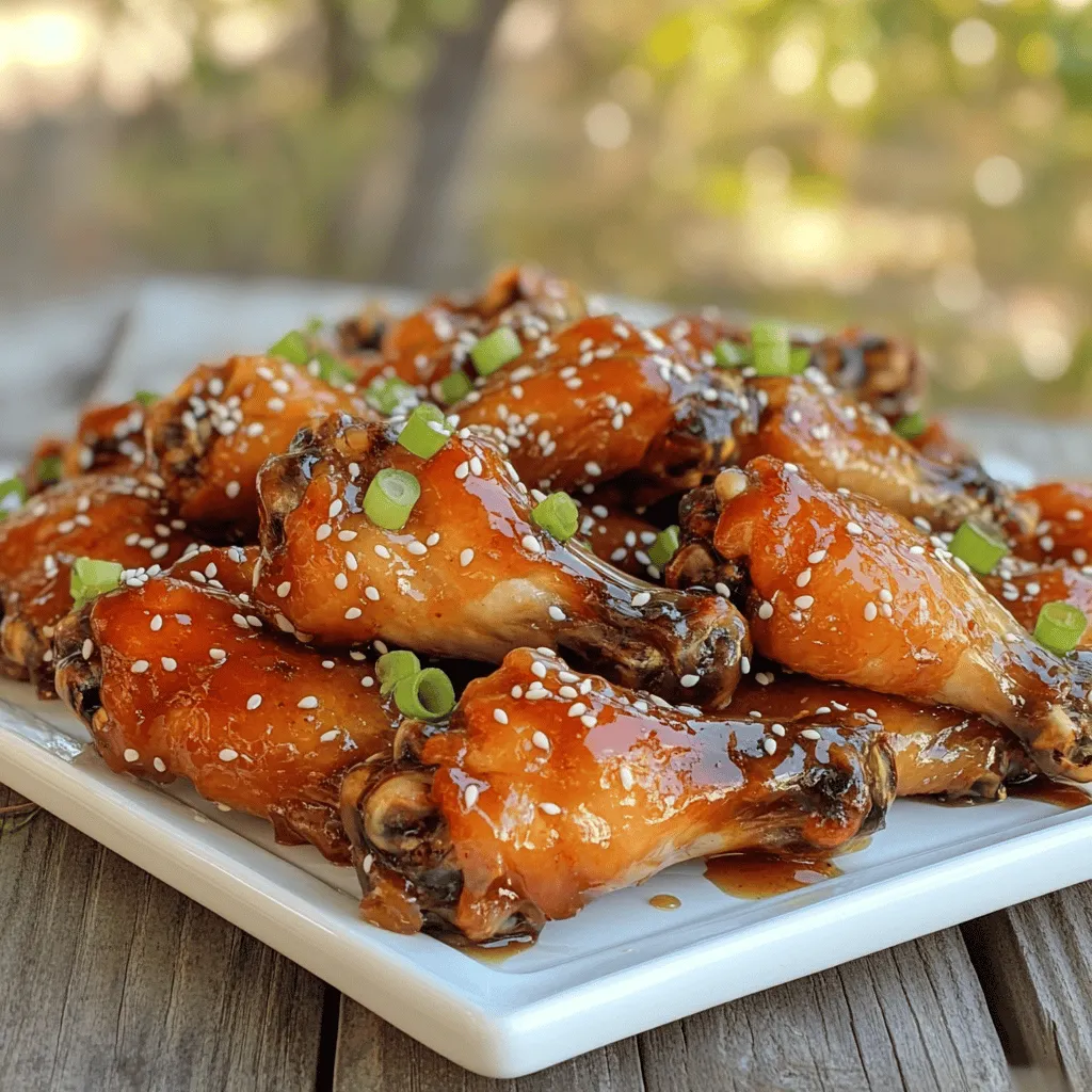 - 2 pounds chicken wings - 1/4 cup honey - 2 tablespoons sriracha sauce - 2 tablespoons soy sauce - 1 tablespoon rice vinegar - 1 tablespoon sesame oil - 4 cloves garlic, minced - 1 teaspoon ground ginger - 1 teaspoon smoked paprika - Salt and pepper to taste - 1 tablespoon sesame seeds (for garnish) - 2 green onions, chopped (for garnish) To make sweet and spicy chicken wings, you need fresh chicken wings. They are your base. The honey gives a nice sweetness. Sriracha sauce adds heat. Soy sauce gives a savory taste. Rice vinegar adds a hint of tang. Sesame oil brings out flavor depth. Garlic and ginger add warmth. Smoked paprika gives a smoky flavor. Add salt and pepper to taste. Don’t forget the garnishes! Sesame seeds and green onions make them look great. When I cook, I love to use fresh ingredients. They make a big difference in taste. Always check for quality when choosing your chicken. Look for firm wings with nice skin. This recipe is simple, but the flavors are bold. You can get all these ingredients at your local store. If you want to create a flavor explosion, use the full recipe for sweet and spicy chicken wings. 1. Preheat your oven to 400°F (200°C). Line a baking sheet with parchment paper. This keeps the wings from sticking. 2. In a large bowl, combine honey, sriracha sauce, soy sauce, rice vinegar, sesame oil, minced garlic, ground ginger, smoked paprika, salt, and pepper. Whisk until smooth. 3. Add the chicken wings to the bowl. Toss them in the marinade until they are fully coated. Let them sit for at least 30 minutes. This helps the flavors soak in well. 1. Arrange the marinated wings on the baking sheet. Make sure they are in a single layer. This helps them cook evenly. 2. Bake the wings in the oven for 25-30 minutes. Flip them halfway to ensure both sides get crispy. The wings are done when they reach an internal temperature of 165°F (74°C). For extra crispiness, broil the wings on high for 2-3 minutes at the end. 1. Remove the wings from the oven and let them cool for a few minutes. Then, transfer them to a serving platter. 2. Drizzle any leftover marinade over the wings. Garnish with sesame seeds and chopped green onions before serving. This adds color and flavor. This method ensures a savory flavor explosion in every bite. For the full recipe, check the previous section for details. Enjoy your sweet and spicy chicken wings! To get the best flavor, marinate your chicken wings well. Use a large bowl for mixing. Add all the marinade ingredients first. I like to whisk them together so they blend well. Then, toss the chicken wings in the mix. Make sure every wing is coated. For time, marinate at least 30 minutes. For deeper flavor, let them sit overnight. This helps the flavors soak in and makes your wings taste great. To achieve crispy wings, start with a hot oven. Preheat to 400°F (200°C). Line your baking sheet with parchment paper to help with cleanup and crispiness. Cook the wings for 25-30 minutes. Flip them halfway to cook evenly. Use a meat thermometer to check the internal temperature. It should reach 165°F (74°C). If you want extra crispness, broil for 2-3 minutes at the end. Pair your sweet and spicy wings with some tasty sides. Fresh veggies or coleslaw work well. You can also serve them with dips like ranch or blue cheese. These wings are great for parties or game days. They bring a fun, bold flavor that everyone loves. Enjoying them with friends makes the meal even better! {{image_2}} You can use different sauces for your wings. Try barbecue sauce for a smoky flavor. Teriyaki sauce adds a sweet touch. If you want heat, use a spicy chili sauce. You can mix and match to find your favorite. You can also substitute chicken types. Drumsticks work well if you prefer dark meat. Boneless chicken thighs can be a juicy option. If you're looking for a lighter choice, use skinless chicken breast. A slow cooker is a great way to make sweet and spicy wings. Just mix your sauce and wings in the pot. Cook on low for 6-8 hours. This method makes the meat very tender. The air fryer is another fun option. It cooks wings quickly and gives them a crispy texture. Toss the wings in the sauce, then air fry for about 25 minutes. Flip them halfway for even cooking. If you like more heat, add extra sriracha or red pepper flakes. This gives your wings a nice kick. You can also use fresh jalapeños for a fresh taste. For sweetness, try adding more honey or brown sugar. This makes the wings stickier and more caramelized. You can balance the sweet with more soy sauce for depth. To store your leftover sweet and spicy chicken wings, place them in an airtight container. This keeps them fresh and prevents any strong smells from other foods. You can store them in the fridge for up to four days. If you want to enjoy them later, make sure you cool them to room temperature before sealing. If you need to keep the wings longer, freezing is a great option. First, let the wings cool completely. Then, place them in freezer bags, removing as much air as possible. You can freeze chicken wings for up to three months. When you're ready to eat, thaw them in the fridge overnight. This method helps maintain the best texture and flavor. For reheating, the oven is the best method. Preheat your oven to 350°F (175°C). Place the wings on a baking sheet. Heat them for about 15-20 minutes until they’re hot throughout. To ensure they stay crispy, you can broil them for an extra two minutes at the end. This simple technique keeps your wings tasty and crunchy. You should marinate chicken wings for at least 30 minutes. This time allows the flavors to soak in. For richer taste, you can marinate them overnight. The longer they sit, the better the flavor. Just keep them in your fridge during this time. Yes, you can make sweet and spicy chicken wings ahead of time. Prepare them, then marinate and cook. After cooking, let them cool and store in the fridge. You can reheat them later when ready to serve. This is great for parties or game days. Sweet and spicy chicken wings pair well with various sides. You can serve them with celery and carrot sticks. They also go great with ranch or blue cheese dressing for dipping. Adding some crunchy coleslaw or a fresh salad makes a nice balance. To check if chicken wings are done, use a meat thermometer. The internal temperature should reach 165°F (74°C). Look for crispy skin and juices running clear. If you're not sure, cut one open to check that it's not pink inside. Sweet and spicy chicken wings can be a tasty treat. They are not the healthiest option, due to sugar and fat. However, you can make them healthier by using less sugar or baking instead of frying. Balance them with fresh veggies and enjoy in moderation. For the full recipe, refer to the section above. You now have everything you need to make sweet and spicy chicken wings. We covered the key ingredients, preparation steps, and cooking methods. You learned useful tips for marinating and cooking to achieve crispy wings. Plus, we explored variations to suit your taste. Don't forget to store leftovers properly. These wings are perfect for any occasion and pair well with many sides. Enjoy making this tasty dish and impress your friends and family with your skills!
