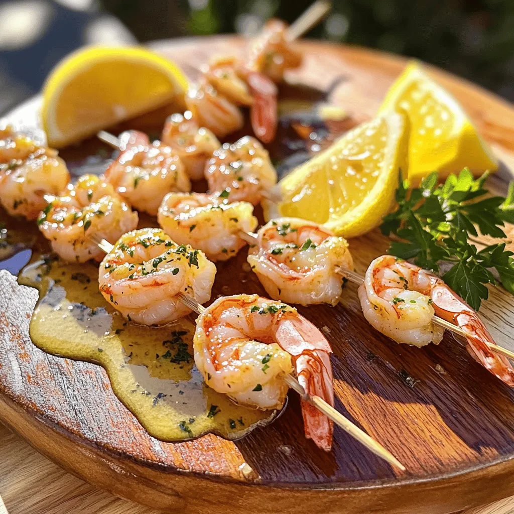 - 1 lb large shrimp, peeled and deveined - 4 tablespoons unsalted butter, melted - 4 cloves garlic, minced - 1 tablespoon lemon juice - 1 tablespoon fresh parsley, finely chopped - 1 teaspoon paprika - Salt and pepper to taste - Skewers (wooden or metal) Each ingredient plays a key role in making these garlic butter shrimp skewers shine. The shrimp should be fresh and large, so they stay juicy when cooked. I love to use unsalted butter for the perfect base. It melts seamlessly and lets the garlic flavor come through. Garlic is our star here, and I recommend using fresh cloves. Minced garlic blends well with the butter. Lemon juice adds a bright note that balances the richness. Fresh parsley gives a pop of color and a hint of earthiness. Paprika brings warmth and a touch of color. Don’t forget salt and pepper; they enhance all the flavors. For skewers, both wooden and metal work well. If you use wooden skewers, soak them first to prevent burning. - Mixing bowl - Grill or grill pan - Skewers - Basting brush (optional) Using a mixing bowl helps combine the garlic butter marinade perfectly. A grill or grill pan is essential for that lovely char and flavor. If you like, a basting brush can help apply extra butter during cooking for more flavor. For the full recipe, check the details in the [Full Recipe]. - Soak wooden skewers in water for 30 minutes. - Mix melted butter, minced garlic, lemon juice, parsley, paprika, salt, and pepper in a bowl. - Toss the shrimp in the marinade. - Let them sit for 15 minutes to soak up the flavor. - Preheat your grill or grill pan to medium-high heat. - Thread the shrimp onto the skewers. Make sure to leave space between each one. - Grill the skewers for 2-3 minutes on each side. They should turn pink and opaque when done. I love using this method because the shrimp cook quickly. They get a nice char and flavor from the grill. If you want extra sauce, drizzle some remaining garlic butter over the skewers after grilling. The Full Recipe gives you everything you need to create this tasty treat. To know when shrimp are done, watch for their color. They should turn pink and opaque. This change means they are ready to eat. Overcooking can make shrimp tough, so stay alert. For maintaining grill temperature, heat your grill to medium-high first. This will help the skewers cook evenly. If it gets too hot, the shrimp may char quickly. You can adjust the heat as needed while cooking. You can add spices or herbs to the marinade for more flavor. Try adding red pepper flakes for heat or Italian herbs for a touch of Italy. Fresh basil or thyme can work wonders too. If you want variation, consider using different oils like olive oil. You can also swap the shrimp for chicken or fish. Each choice brings a unique taste to your dish. The best sides to pair with garlic butter shrimp skewers include rice or a fresh salad. Grilled veggies also make a wonderful match. They add color and crunch to your meal. For presentation, arrange the skewers on a large platter. Add lemon wedges for squeezing and some fresh parsley for color. A bright and fresh look makes the dish even more inviting. {{image_2}} You can swap shrimp for chicken or fish. Chicken works well with the garlic butter sauce. Just cut it into bite-sized pieces. For fish, try firm types like salmon or swordfish. They hold up great on skewers. If you want a veggie option, use mushrooms, zucchini, or bell peppers. These add color and flavor, making the dish fun and tasty. Spice things up! Add chili flakes or jalapeños for heat. This makes each bite exciting. For a fresh twist, use citrus. Lime or orange juice brightens the garlic butter. You can even add zest for more flavor. These changes keep the dish lively and appealing. Give your skewers a Mediterranean twist. Use olive oil, oregano, and lemon for a new taste. This makes each skewer feel sunny and bright. Or, try an Asian-style marinade. Soy sauce, ginger, and sesame oil can create a rich flavor. These ideas add global flair to your garlic butter shrimp skewers. For the full recipe, check out the details provided! To store leftovers, let the skewers cool first. Place them in an airtight container. You can keep them in the fridge for up to three days. Use glass or plastic containers with tight lids. This helps keep the shrimp fresh and tasty. For reheating shrimp skewers, use a microwave or a skillet. If you use a microwave, heat them in short bursts. This helps avoid overcooking. If using a skillet, add a little butter over low heat. Stir gently until heated through. Always check for warmth to keep them juicy. Yes, you can freeze garlic butter shrimp skewers! Wrap them tightly in plastic wrap or foil. Then, place them in a freezer bag. They can stay in the freezer for up to three months. When ready to eat, thaw them in the fridge overnight. Cook them as normal after thawing to enjoy the flavors. To stop shrimp from sticking, oil the grill grates. Use a paper towel dipped in oil and wipe the grates right before grilling. You can also brush the shrimp with some oil before grilling. This makes them slide off easily. If using wooden skewers, soak them in water first. This helps to avoid burning. Yes, you can prep shrimp ahead of time. Marinate them in the garlic butter mix and store in the fridge for up to two hours. If you want to make them even earlier, you can prepare the marinade and keep it in the fridge. When you are ready, just add the shrimp, let it sit, and grill. This saves you time and lets the shrimp soak up more flavor. These skewers pair well with many sides. Consider serving them with rice or a fresh salad. You can also serve garlic bread or grilled veggies on the side. For a light touch, add a lemon wedge for squeezing. This adds a nice zing that complements the shrimp well. Making garlic butter shrimp skewers is easy and tasty. You learned about essential ingredients, tools needed, and step-by-step instructions. I shared tips to enhance flavors and variations with different proteins. Proper storage and reheating methods keep your shrimp fresh. This dish is perfect for gatherings or a weeknight meal. Enjoy experimenting with flavors to make it your own! Happy grilling!