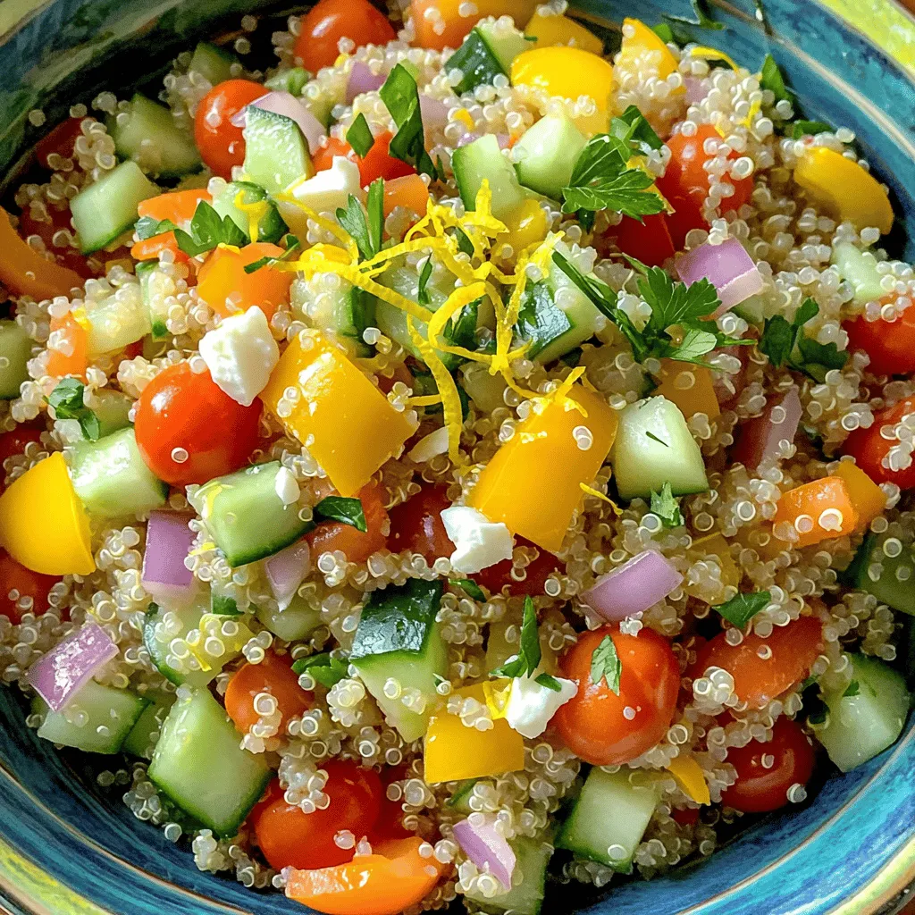 To make Zesty Lemon Herb Quinoa, gather these fresh ingredients. Each one adds flavor and health. - 1 cup quinoa - 2 cups vegetable broth - 1 medium cucumber, diced - 1 bell pepper, diced - 1 cup cherry tomatoes, halved - 1/4 cup red onion, finely chopped - 1/4 cup fresh parsley, chopped - 1/4 cup fresh mint, chopped - Zest of 1 lemon - 2 tablespoons lemon juice - 3 tablespoons olive oil - Salt and pepper to taste - Optional: Feta cheese for topping This mix of ingredients creates a bright and tasty dish. The lemon zest and juice give it a fresh zing. The veggies add crunch and color. Quinoa, a super grain, adds protein and fiber. If you want, sprinkle feta cheese on top for extra flavor. You can find the Full Recipe above for more details on how to prepare it. To make Zesty Lemon Herb Quinoa, follow these steps carefully. - Rinse quinoa under cold water. This step helps remove any bitterness. - Combine quinoa with vegetable broth in a medium saucepan. - Bring the mixture to a boil over medium-high heat. - Once boiling, reduce heat to low. Cover and let it simmer for 15 minutes. - After 15 minutes, the quinoa should be fluffy, and the broth will be absorbed. - Remove the saucepan from heat. Let it sit covered for another 5 minutes. - Fluff the quinoa with a fork before letting it cool slightly. - In a large bowl, mix diced cucumber, bell pepper, cherry tomatoes, red onion, parsley, and mint. - Add the cooled quinoa to the vegetable mixture. - In a small bowl, whisk together lemon zest, lemon juice, olive oil, salt, and pepper. - Pour the lemon dressing over the quinoa and vegetable mixture. Toss gently to combine. - Taste and adjust seasoning if needed. Add more lemon juice or salt as desired. - If you like, sprinkle feta cheese on top before serving. This recipe is easy and fun! You can find the full recipe to explore all the details. Enjoy your flavorful and healthy dish! To get the best taste from your Zesty Lemon Herb Quinoa, adjust the seasoning as needed. Start with salt and pepper, but don’t hold back on the lemon juice. If you want more acidity, add extra lemon juice or zest. This brightens the dish and makes flavors pop. You can also mix in a splash of vinegar for a different twist. To avoid mushy quinoa, rinse it well before cooking. This removes the bitter coating called saponin. Use a fine mesh strainer for this step. Cook your quinoa in vegetable broth to add flavor. Make sure to keep the heat low once it boils. Cover the pot to let it steam evenly. This will give you fluffy quinoa every time. This quinoa pairs well with many proteins. Try it with grilled chicken, shrimp, or even chickpeas for a vegetarian option. For garnishing, sprinkle some feta cheese on top for a creamy touch. Fresh herbs like parsley and mint also add color and flavor. You can serve it warm or cold, depending on your preference. If you want the full recipe, check the earlier section. {{image_2}} You can easily switch up your veggies in this dish. Try using broccoli, zucchini, or carrots instead. Each choice adds a unique flavor and texture. You can also mix in beans for added protein. If you want to change the herbs, go for basil, cilantro, or even dill. Each herb brings a new taste that can brighten up the quinoa. This recipe suits many diets. It is vegan and gluten-free, making it great for everyone. If you need a nut-free option, you can skip any nuts or seeds in your mix. Just check your broth to ensure it is free from any allergens. You can enjoy this dish without worries! You can serve this dish cold or warm. A cold salad is refreshing on hot days. A warm dish is comforting during cooler months. For meal-prepping, pack portions in airtight containers. This quinoa keeps well in the fridge and makes a great lunch or dinner option. Check out the Full Recipe for more ideas! Store leftovers of Zesty Lemon Herb Quinoa in an airtight container. This keeps it fresh and tasty. I recommend glass containers for easy storage. They do not stain and are safe for the microwave. Make sure to cool the quinoa to room temperature before sealing it. This helps prevent moisture buildup inside the container. You can freeze cooked quinoa if you want to save it for later. First, let the quinoa cool completely. Then, place it in a freezer-safe bag or container. Squeeze out any extra air before sealing. When you are ready to eat it, thaw it in the fridge overnight. To reheat, you can microwave it or heat it in a pan with a splash of water. The quinoa lasts about 5 days in the fridge. After this time, it may start to lose its flavor and freshness. Always check for signs of spoilage. If you see any mold or off smells, it is best to throw it away. Freshness is key to enjoying this dish! What is quinoa and its health benefits? Quinoa is a small, round grain. It is high in protein and fiber. This grain contains all nine essential amino acids. It helps keep you full and satisfied. Quinoa is also gluten-free, making it great for many diets. It offers vitamins and minerals like magnesium and iron, too. Eating quinoa can boost your energy and support heart health. How to tell when quinoa is fully cooked? You’ll know quinoa is done when it looks fluffy. The grains will have a little tail that pops out. This tail is called the germ. If you taste it, it should be soft, not crunchy. If there’s still liquid left, let it cook a bit more. Just be careful not to overcook it, as it can get mushy. Can I use chicken broth instead of vegetable broth? Yes, you can use chicken broth! It will add a richer flavor. Just make sure to adjust the salt if your broth is salty. The taste will change but still be delicious. How can I make this more filling? To make this dish more filling, add protein. You can include chickpeas, black beans, or grilled chicken. You can also mix in nuts or seeds for a crunchy texture. Adding these will turn your quinoa into a complete meal. Can I add fruits to this recipe? Absolutely! Fruits add a nice twist. Try diced apples, oranges, or even cranberries. These will add sweetness and a fun crunch. Just keep the flavors balanced. What are some other herbs that work well? You can use herbs like basil, cilantro, or dill. They will give your quinoa a fresh taste. You can even mix different herbs for more flavor. Just be creative and taste as you go! This blog post covered a tasty quinoa recipe, from ingredients to cooking tips. You learned how to prepare quinoa, mix fresh veggies, and add flavor. Variations let you customize this dish for all diets. Proper storage keeps it fresh longer. Quinoa is versatile and healthy, making it a great meal choice. Experiment with your favorite veggies and herbs. Enjoy the process and make this recipe your own!