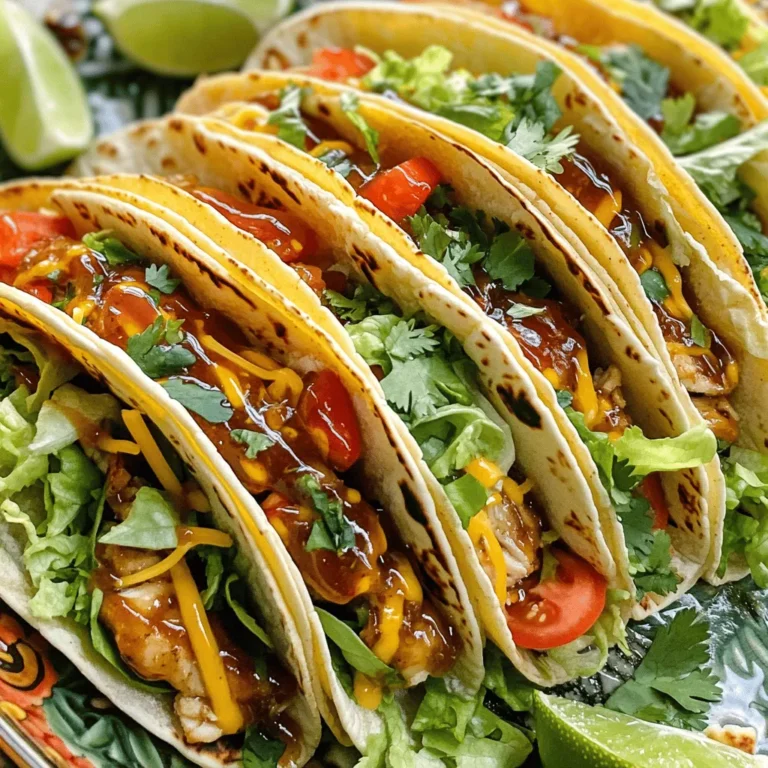 - 1 lb chicken breast - 4 tablespoons unsalted butter - 4 cloves garlic - 1/4 cup honey - 1/3 cup BBQ sauce - 1 teaspoon smoked paprika - 1 teaspoon ground cumin - Salt and pepper to taste - 8 small tortillas (flour or corn) - Shredded lettuce, diced tomatoes, shredded cheese - Fresh cilantro and lime wedges for garnish The main ingredients make this dish shine. The chicken breast is your protein base. It cooks up juicy and tender. Butter adds richness, while garlic gives a burst of flavor. Honey adds sweetness that balances the BBQ sauce. For seasoning, the BBQ sauce brings a smoky taste. Smoked paprika adds depth. Ground cumin gives warmth. Salt and pepper help enhance all the flavors. As for assembly, tortillas hold everything together. You can choose flour or corn. Add fresh toppings like lettuce, tomatoes, and cheese. They add crunch and color. Finally, cilantro and lime wedges make your tacos pop. These ingredients combine to create a simple yet flavorful meal. For the full recipe, check out the earlier section. First, melt the butter in a medium pan over medium heat. Next, add minced garlic to the pan. Sauté the garlic for about one minute until it smells great and turns golden. This step adds a rich flavor to your meal. Then, add the diced chicken to the pan. Season the chicken with smoked paprika, ground cumin, salt, and pepper. Cook the chicken for about five to seven minutes, stirring often. You want the chicken to be cooked through and no longer pink. In a small bowl, mix honey and BBQ sauce together. This blend gives the tacos a sweet and tangy taste. Pour this mixture over the cooked chicken in the pan. Stir well to coat all the pieces. Let it cook for an extra two to three minutes. This allows the sauce to thicken and stick to the chicken. While the chicken is finishing up, warm your tortillas in a dry skillet. Heat them for about thirty seconds on each side until they are soft and easy to fold. Now, it’s time to fill the tacos! Take a warm tortilla and place a generous portion of the garlic butter honey BBQ chicken in the center. Top it off with shredded lettuce, diced tomatoes, and shredded cheese. For a fresh touch, garnish with cilantro. Serve the tacos with lime wedges on the side for an extra burst of flavor. This recipe creates a tasty meal that is fun to make and enjoy. For the full recipe, check out the details above. - Optimal temperature for sautéing: I recommend using medium heat when cooking the chicken. This allows the chicken to cook evenly without burning. Start by melting the butter and sautéing the garlic. The goal is a nice, golden color. - How to ensure chicken is juicy: To keep the chicken juicy, don’t overcook it. Cook the diced chicken for just 5-7 minutes. It should be no longer pink in the center. Letting it rest for a minute after cooking helps keep it moist. - Presentation tips for a vibrant look: Arrange your tacos on a bright platter. Add extra cilantro and lime wedges on the side. Drizzle some honey BBQ sauce over the top for flair. This makes your tacos eye-catching and fun to eat. - Pairing ideas for sides and drinks: Serve your tacos with fresh corn salad or simple rice. A cold drink, like lemonade or iced tea, pairs well. These sides balance the sweet and savory flavors of the tacos. - Overcooking chicken: Avoid cooking the chicken too long. It can become dry and tough. Stick to the time suggested in the recipe for the best results. - Selecting the wrong tortilla type: For the best taste and texture, choose small flour or corn tortillas. Flour tortillas are soft and chewy, while corn tortillas add a nice crunch. Both work well, but pick based on your preference. {{image_2}} You can switch up the protein in these tacos to suit your taste. - Beef: Ground beef works well. Cook it until browned, then season like the chicken. - Shrimp: Shrimp adds a nice touch. Sauté them in garlic butter until pink and tender. - Tofu: For a vegan option, use firm tofu. Press it to remove water, then sauté it for a nice texture. These options keep the recipe exciting and allow you to enjoy different flavors. Adding extra flavors can elevate your tacos. - Spices: Try chili powder, cayenne pepper, or even a touch of cinnamon for warmth. - BBQ sauces: Different BBQ sauces change the taste. Experiment with smoky, sweet, or spicy versions. - Fresh vegetables: Incorporate bell peppers, corn, or avocado for crunch. Fresh slaws add brightness and texture, too! These enhancements let you customize your meal for every craving. Making this recipe fit your diet is easy. - Gluten-free tortillas: Look for corn tortillas or gluten-free options at the store. They work perfectly with the filling. - Low-carb alternatives: Use lettuce wraps instead of tortillas. They make a fresh and crunchy base for your tacos. These modifications ensure everyone can enjoy Garlic Butter Honey BBQ Tacos. For the complete recipe, check out the [Full Recipe]. Leftovers from Garlic Butter Honey BBQ Tacos last about three days in the fridge. To keep them fresh, store the tacos in an airtight container. This helps prevent moisture loss and keeps your tacos tasty. To freeze these tacos, first, separate the chicken from the tortillas and toppings. Place the chicken in a freezer-safe bag or container. For best results, squeeze out excess air before sealing. You can freeze the chicken for up to three months. When you're ready to eat, thaw it in the fridge overnight. To keep your tacos tasty, reheat the chicken in a skillet over medium heat. This method helps keep it juicy. For the tortillas, warm them briefly in a dry skillet. Avoid microwaving the tortillas, as they can get tough and chewy. Enjoy your tacos just like the first time! To make these tasty tacos, start by melting butter in a pan. Add minced garlic and sauté until fragrant. Next, add diced chicken, season it, and cook until no longer pink. Then, mix honey and BBQ sauce in a bowl. Pour this over the chicken and stir to coat. Let it cook a few more minutes. Warm tortillas in a skillet and fill them with the chicken mixture. Top with lettuce, tomatoes, and cheese. Serve with cilantro and lime. That’s it! For the full details, check the Full Recipe. Yes, you can! Feel free to swap chicken for beef or shrimp. Ground turkey is another great choice. If you want a vegetarian option, use tofu or black beans. Each protein brings a new taste to the tacos. Just make sure to cook them properly for the best flavor. These tacos pair well with many sides. You can serve them with rice or beans for a filling meal. A fresh salad or coleslaw adds a nice crunch. For drinks, try a cold soda or a light beer. You can also enjoy them with a refreshing margarita. These sides and drinks will enhance your taco experience! This blog post provided a clear guide to making Garlic Butter Honey BBQ Tacos. We explored main ingredients, like chicken, garlic, and BBQ sauce, and the cooking steps to make them tasty. You learned about perfect taco assembly and how to avoid common mistakes. These tacos are easy to make, and their flavors are versatile. Whether you're using chicken or trying other proteins, these tips will help you succeed. Try these tacos today and enjoy a delicious meal that you can customize.