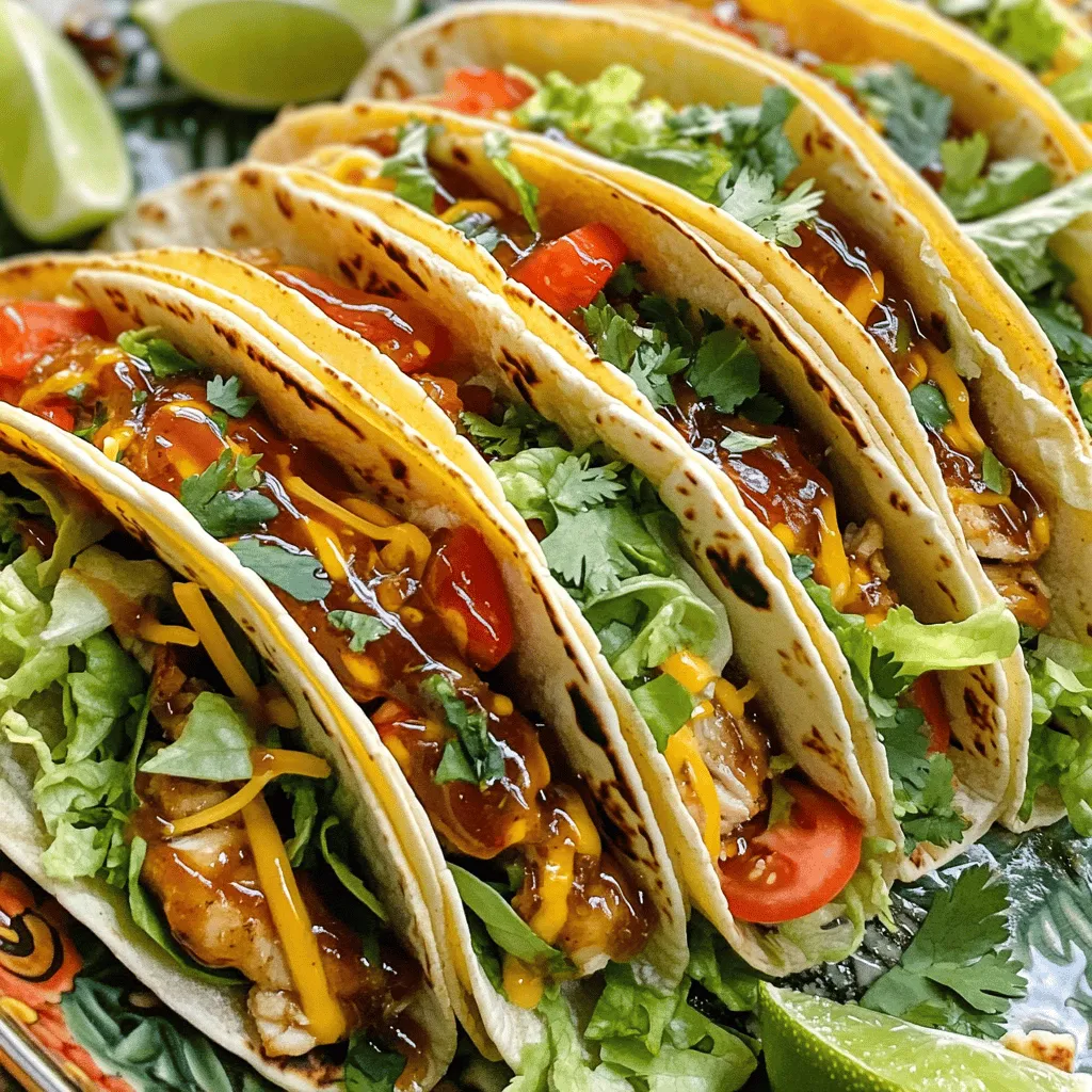 - 1 lb chicken breast - 4 tablespoons unsalted butter - 4 cloves garlic - 1/4 cup honey - 1/3 cup BBQ sauce - 1 teaspoon smoked paprika - 1 teaspoon ground cumin - Salt and pepper to taste - 8 small tortillas (flour or corn) - Shredded lettuce, diced tomatoes, shredded cheese - Fresh cilantro and lime wedges for garnish The main ingredients make this dish shine. The chicken breast is your protein base. It cooks up juicy and tender. Butter adds richness, while garlic gives a burst of flavor. Honey adds sweetness that balances the BBQ sauce. For seasoning, the BBQ sauce brings a smoky taste. Smoked paprika adds depth. Ground cumin gives warmth. Salt and pepper help enhance all the flavors. As for assembly, tortillas hold everything together. You can choose flour or corn. Add fresh toppings like lettuce, tomatoes, and cheese. They add crunch and color. Finally, cilantro and lime wedges make your tacos pop. These ingredients combine to create a simple yet flavorful meal. For the full recipe, check out the earlier section. First, melt the butter in a medium pan over medium heat. Next, add minced garlic to the pan. Sauté the garlic for about one minute until it smells great and turns golden. This step adds a rich flavor to your meal. Then, add the diced chicken to the pan. Season the chicken with smoked paprika, ground cumin, salt, and pepper. Cook the chicken for about five to seven minutes, stirring often. You want the chicken to be cooked through and no longer pink. In a small bowl, mix honey and BBQ sauce together. This blend gives the tacos a sweet and tangy taste. Pour this mixture over the cooked chicken in the pan. Stir well to coat all the pieces. Let it cook for an extra two to three minutes. This allows the sauce to thicken and stick to the chicken. While the chicken is finishing up, warm your tortillas in a dry skillet. Heat them for about thirty seconds on each side until they are soft and easy to fold. Now, it’s time to fill the tacos! Take a warm tortilla and place a generous portion of the garlic butter honey BBQ chicken in the center. Top it off with shredded lettuce, diced tomatoes, and shredded cheese. For a fresh touch, garnish with cilantro. Serve the tacos with lime wedges on the side for an extra burst of flavor. This recipe creates a tasty meal that is fun to make and enjoy. For the full recipe, check out the details above. - Optimal temperature for sautéing: I recommend using medium heat when cooking the chicken. This allows the chicken to cook evenly without burning. Start by melting the butter and sautéing the garlic. The goal is a nice, golden color. - How to ensure chicken is juicy: To keep the chicken juicy, don’t overcook it. Cook the diced chicken for just 5-7 minutes. It should be no longer pink in the center. Letting it rest for a minute after cooking helps keep it moist. - Presentation tips for a vibrant look: Arrange your tacos on a bright platter. Add extra cilantro and lime wedges on the side. Drizzle some honey BBQ sauce over the top for flair. This makes your tacos eye-catching and fun to eat. - Pairing ideas for sides and drinks: Serve your tacos with fresh corn salad or simple rice. A cold drink, like lemonade or iced tea, pairs well. These sides balance the sweet and savory flavors of the tacos. - Overcooking chicken: Avoid cooking the chicken too long. It can become dry and tough. Stick to the time suggested in the recipe for the best results. - Selecting the wrong tortilla type: For the best taste and texture, choose small flour or corn tortillas. Flour tortillas are soft and chewy, while corn tortillas add a nice crunch. Both work well, but pick based on your preference. {{image_2}} You can switch up the protein in these tacos to suit your taste. - Beef: Ground beef works well. Cook it until browned, then season like the chicken. - Shrimp: Shrimp adds a nice touch. Sauté them in garlic butter until pink and tender. - Tofu: For a vegan option, use firm tofu. Press it to remove water, then sauté it for a nice texture. These options keep the recipe exciting and allow you to enjoy different flavors. Adding extra flavors can elevate your tacos. - Spices: Try chili powder, cayenne pepper, or even a touch of cinnamon for warmth. - BBQ sauces: Different BBQ sauces change the taste. Experiment with smoky, sweet, or spicy versions. - Fresh vegetables: Incorporate bell peppers, corn, or avocado for crunch. Fresh slaws add brightness and texture, too! These enhancements let you customize your meal for every craving. Making this recipe fit your diet is easy. - Gluten-free tortillas: Look for corn tortillas or gluten-free options at the store. They work perfectly with the filling. - Low-carb alternatives: Use lettuce wraps instead of tortillas. They make a fresh and crunchy base for your tacos. These modifications ensure everyone can enjoy Garlic Butter Honey BBQ Tacos. For the complete recipe, check out the [Full Recipe]. Leftovers from Garlic Butter Honey BBQ Tacos last about three days in the fridge. To keep them fresh, store the tacos in an airtight container. This helps prevent moisture loss and keeps your tacos tasty. To freeze these tacos, first, separate the chicken from the tortillas and toppings. Place the chicken in a freezer-safe bag or container. For best results, squeeze out excess air before sealing. You can freeze the chicken for up to three months. When you're ready to eat, thaw it in the fridge overnight. To keep your tacos tasty, reheat the chicken in a skillet over medium heat. This method helps keep it juicy. For the tortillas, warm them briefly in a dry skillet. Avoid microwaving the tortillas, as they can get tough and chewy. Enjoy your tacos just like the first time! To make these tasty tacos, start by melting butter in a pan. Add minced garlic and sauté until fragrant. Next, add diced chicken, season it, and cook until no longer pink. Then, mix honey and BBQ sauce in a bowl. Pour this over the chicken and stir to coat. Let it cook a few more minutes. Warm tortillas in a skillet and fill them with the chicken mixture. Top with lettuce, tomatoes, and cheese. Serve with cilantro and lime. That’s it! For the full details, check the Full Recipe. Yes, you can! Feel free to swap chicken for beef or shrimp. Ground turkey is another great choice. If you want a vegetarian option, use tofu or black beans. Each protein brings a new taste to the tacos. Just make sure to cook them properly for the best flavor. These tacos pair well with many sides. You can serve them with rice or beans for a filling meal. A fresh salad or coleslaw adds a nice crunch. For drinks, try a cold soda or a light beer. You can also enjoy them with a refreshing margarita. These sides and drinks will enhance your taco experience! This blog post provided a clear guide to making Garlic Butter Honey BBQ Tacos. We explored main ingredients, like chicken, garlic, and BBQ sauce, and the cooking steps to make them tasty. You learned about perfect taco assembly and how to avoid common mistakes. These tacos are easy to make, and their flavors are versatile. Whether you're using chicken or trying other proteins, these tips will help you succeed. Try these tacos today and enjoy a delicious meal that you can customize.