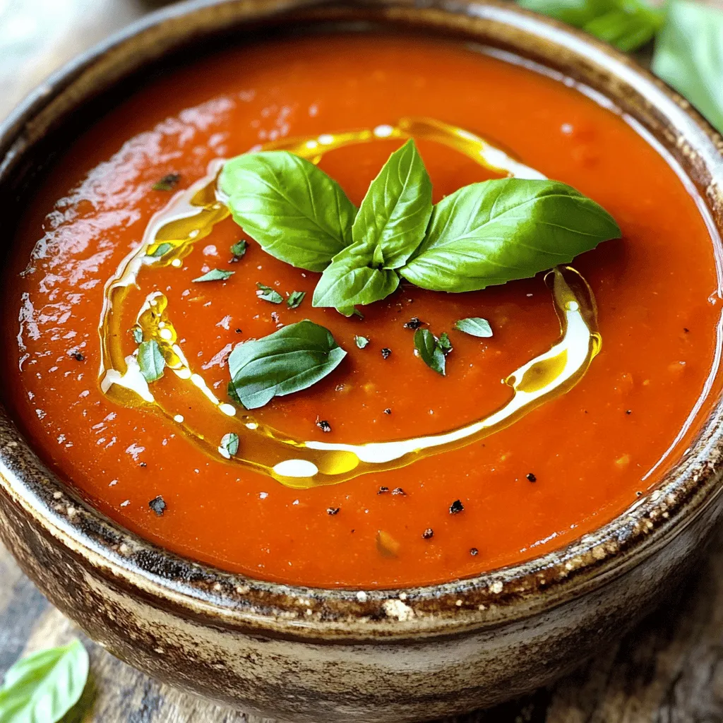 - 2 lbs ripe tomatoes - 1 whole head of garlic - 1 medium onion - 3 tablespoons olive oil - 4 cups vegetable broth - 1 teaspoon dried basil - 1 teaspoon sugar - Salt and pepper to taste - Fresh basil leaves for garnish - ½ cup heavy cream To make roasted garlic tomato soup, you need fresh, ripe tomatoes. The sweetness from ripe tomatoes brings life to the soup. Garlic adds a warm, rich flavor. Roasting it makes it sweet and soft. A good onion gives the base a nice depth. Olive oil helps to enhance flavors and keep the soup smooth. The additional ingredients, like vegetable broth, help create a comforting soup. Dried basil adds an earthy note. Sugar balances the acidity of the tomatoes. Salt and pepper bring out all the flavors. For a gourmet touch, you can add fresh basil leaves on top. A splash of heavy cream makes the soup rich and creamy but is optional. This recipe, found in the Full Recipe section, combines these ingredients to create a flavorful dish. 1. Preheating the oven: First, set your oven to 400°F (200°C). This step is key for roasting your tomatoes and garlic perfectly. 2. Preparing tomatoes and garlic for roasting: Halve the 2 lbs of ripe tomatoes and place them on a baking sheet. Drizzle them with 2 tablespoons of olive oil. Sprinkle with salt and pepper to taste. For the garlic, cut the top off a whole head, drizzle with olive oil, wrap it in foil, and place it on the same baking sheet. 3. Sautéing onions: In a large pot, heat the last tablespoon of olive oil over medium heat. Add 1 medium chopped onion. Cook until the onion turns soft and clear, which takes about 5 minutes. 4. Adding roasted ingredients to the pot: When the tomatoes and garlic finish roasting, take them out. Squeeze the roasted garlic out of its skin into the pot with the onions. Next, add the roasted tomatoes, 4 cups of vegetable broth, 1 teaspoon of dried basil, and 1 teaspoon of sugar. Stir well and let it simmer for about 10 minutes. This helps all the flavors mix. 5. Blending the soup: After simmering, use an immersion blender to blend the soup until it’s smooth. If you don’t have that, you can use a regular blender in batches. 6. Adjusting seasoning and adding cream: If you want a richer taste, stir in ½ cup of heavy cream. Taste the soup and add salt and pepper if needed. Now, your roasted garlic tomato soup is ready to serve! For the complete recipe, check out the [Full Recipe]. To roast garlic and tomatoes well, first select ripe tomatoes. Look for deep red color and slight softness. Cut the tomatoes in half. Drizzle with olive oil and sprinkle salt. For garlic, cut off the top of the head. Wrap it in foil after adding a splash of olive oil. Roast both together at 400°F (200°C) for 30-35 minutes. This method brings out sweet, rich flavors. To ensure a smooth blend, I recommend using an immersion blender. It makes the process easy. If you use a regular blender, let the soup cool a bit first. This helps prevent splattering. Blend until it’s velvety and creamy. If you want extra creaminess, stir in heavy cream after blending. This soup pairs well with crusty bread or a fresh salad. You can serve it with grilled cheese for a cozy meal. For a light touch, serve alongside a simple arugula salad. Garnishing with fresh basil leaves adds color and flavor. You can also drizzle a little olive oil on top. A sprinkle of cracked black pepper enhances the taste. Tomatoes are packed with vitamins and minerals. They are high in vitamin C and low in calories. Eating tomatoes may support heart health and skin health. They also contain antioxidants, which help fight free radicals. Garlic adds more than just flavor. It may boost your immune system. Garlic is known for its anti-inflammatory and antioxidant properties. It can help lower blood pressure and improve cholesterol levels. Adding garlic to your meals is a smart choice for your health. For the complete Roasted Garlic Tomato Soup recipe, check out the Full Recipe section. {{image_2}} You can change the soup's taste with some easy tweaks. - Adding spices: Red pepper flakes give it heat. Use them to spice up your bowl. - Incorporating herbs: Try thyme or oregano for a fresh twist. They add depth to the flavor. This soup can fit many diets. - Vegan adaptations: You can skip the heavy cream. This keeps the soup vegan and light. - Gluten-free options: The recipe is naturally gluten-free. Just check your broth label. Not all ingredients must stay the same. - Alternatives for vegetable broth: You can use chicken broth if you prefer that flavor. - Replacing heavy cream: Instead of cream, use almond milk for a lighter version. It keeps the soup creamy without the heaviness. Feel free to explore these variations to make this roasted garlic tomato soup your own! For the complete recipe, check out the Full Recipe. To store leftover soup, let it cool first. Then, pour it into an airtight container. Seal the lid tightly. This method helps keep the soup fresh. In the fridge, the soup lasts about 3 to 4 days. For freezing, use a freezer-safe container. Leave some space at the top for expansion. You can also use freezer bags. Lay them flat to save space. The soup stays good for up to 3 months. To thaw, you can leave it in the fridge overnight. You can also thaw it in a pot over low heat. To reheat the soup, warm it on the stove over medium heat. Stir it often to prevent sticking. You can also use a microwave. Heat in short bursts, stirring in between. This soup tastes best when you reheat slowly. To keep the flavor strong, add a bit of fresh basil while heating. What can I serve with Roasted Garlic Tomato Soup? You can serve many things with this soup. A grilled cheese sandwich is a classic choice. You can also try crusty bread or a fresh salad. For a twist, pair it with a pesto swirl or some croutons. Can I make Roasted Garlic Tomato Soup ahead of time? Yes, you can make this soup ahead of time. It stores well in the fridge for a few days. Just heat it up before serving. The flavors often deepen as it sits. How long does Roasted Garlic Tomato Soup last? In the fridge, it lasts about 4 to 5 days. If you freeze it, it can last for up to 3 months. Just use an airtight container to keep it fresh. Can I use canned tomatoes instead of fresh? Absolutely! Canned tomatoes work well in this recipe. Just use a good quality brand for the best taste. They save time and still give great flavor. What if I don’t have vegetable broth? If you don’t have vegetable broth, you can use water. You can also use chicken broth if you prefer. Just add a bit more seasoning to enhance the flavor. Is Roasted Garlic Tomato Soup healthy? Yes, this soup is quite healthy. Tomatoes are full of vitamins. Garlic also has many health benefits, like boosting the immune system. Does this soup have a lot of calories? No, the soup is low in calories. Each serving has about 150 calories without cream. If you add cream, it will be higher, but still reasonable for a meal. This blog showed you how to make a tasty roasted garlic tomato soup. We covered essential and optional ingredients, plus step-by-step cooking instructions. Tips on serving and health benefits helped make your soup even better. You can also explore variations and smart storage methods. Remember, cooking is about enjoying flavors and nourishing your body. Try your unique twist and share it with friends. This soup not only warms the belly but also brings joy to dinner time. Enjoy every spoonful!