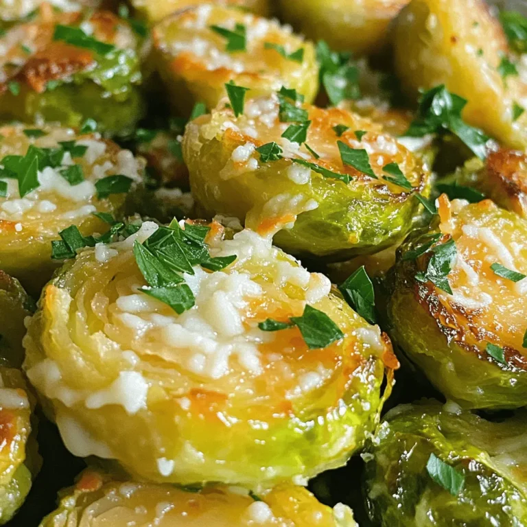 To make crispy garlic Parmesan Brussels sprouts, you need fresh ingredients. Here’s what you’ll need: - 1 lb Brussels sprouts, trimmed and halved - 3 tablespoons olive oil - 4 cloves garlic, minced - 1/2 cup grated Parmesan cheese - 1 teaspoon garlic powder - 1 teaspoon onion powder - 1/2 teaspoon red pepper flakes (optional) - Salt and pepper to taste - Fresh parsley, chopped (for garnish) These ingredients work together to create a tasty dish. The Brussels sprouts give a nice crunch. The garlic adds flavor, while Parmesan brings a savory twist. Use fresh parsley for a pop of color and freshness. For the full recipe, follow the detailed steps in the cooking section. 1. Preheat the Oven Start by setting your oven to 425°F (220°C). This high heat helps the Brussels sprouts get crispy. 2. Prepare the Brussels Sprouts Take 1 lb of Brussels sprouts. Trim the ends and cut them in half. This makes them cook evenly. 3. Mix the Coating Ingredients In a big bowl, combine the halved sprouts with 3 tablespoons of olive oil. Add 4 cloves of minced garlic, 1 teaspoon of garlic powder, 1 teaspoon of onion powder, and 1/2 teaspoon of red pepper flakes if you want some heat. Season with salt and pepper. Toss well so each sprout gets coated. 1. Spread on Baking Sheet Line a rimmed baking sheet with parchment paper. Spread the Brussels sprouts in a single layer. Make sure they are not too close together. This helps them roast better. 2. Roast for Maximum Crispiness Place the baking sheet in the oven. Roast for 20 to 25 minutes. Flip the sprouts halfway through cooking. You want them golden brown and crispy on the edges. 3. Add Parmesan Cheese After roasting, take them out and sprinkle 1/2 cup of grated Parmesan cheese on top. Return the baking sheet to the oven for 5 more minutes. This melts the cheese and gives it a nice brown color. 1. Garnish and Serve Once the sprouts are done, take them out of the oven. Garnish with freshly chopped parsley before serving. Enjoy your Crispy Garlic Parmesan Brussels Sprouts! For the full recipe, check the details above. To get that perfect crunch, keep these tips in mind: - Avoid Overcrowding the Baking Sheet: When you pack Brussels sprouts too closely, they steam instead of roast. This makes them soft, not crispy. Spread them out in a single layer. This gives air space for even cooking. - Importance of High Oven Temperature: Preheat your oven to 425°F (220°C). A hot oven helps to caramelize the sprouts. This caramelization brings out their natural sweetness and ensures a crispy texture. Boost the taste of your Brussels sprouts with these ideas: - Additional Seasoning Ideas: Besides garlic and Parmesan, you can try adding lemon zest for a fresh kick. A sprinkle of smoked paprika or a dash of balsamic vinegar can also add depth. Experiment with your favorite herbs, like thyme or rosemary, for a unique twist. - Serving Suggestions: Serve these crispy sprouts as a side dish with roasted chicken or steak. They can also shine as a tasty snack or appetizer. Pair them with a tangy dip like ranch or yogurt sauce to add a creamy contrast. For the full recipe, check the details above. {{image_2}} Cheese Alternatives You might want a change from Parmesan. Try using Pecorino Romano for a sharper taste. Nutritional yeast works for a dairy-free option. It adds a cheesy flavor without the milk! Vegetable Mix-Ins Brussels sprouts pair well with other veggies. Toss in cauliflower or carrots for extra color and taste. You can also add bell peppers for a sweet twist. Mix and match to find your favorite combo! Appetizer vs. Side Dish Crispy garlic Parmesan Brussels sprouts shine as an appetizer or side dish. Serve them alone with a dip for a tasty starter. As a side, they enhance any main course beautifully. Complementary Dishes These Brussels sprouts go great with grilled chicken or fish. They also pair well with pasta dishes. The garlic and cheese elevate the meal, making every bite delightful. For a veggie feast, serve them with quinoa or rice. Check out the Full Recipe for more ideas! Best Practices for Refrigeration To store leftover Brussels sprouts, let them cool first. Place them in an airtight container. This keeps them fresh and tasty. You can enjoy them for up to three days. If you want to keep them longer, consider freezing. Freezing Options To freeze, spread the cooled sprouts on a baking sheet. Freeze them until solid, then transfer to a freezer bag. This way, they won’t stick together. You can keep them for up to three months. Oven vs. Microwave The oven is best for reheating. Preheat it to 375°F (190°C). Spread the sprouts on a baking sheet. Heat for about 10-15 minutes. This keeps them crispy and tasty. The microwave can work too, but it may make them soggy. Ensuring Crispiness upon Reheating To keep your Brussels sprouts crispy, avoid covering them. Covering traps steam and makes them soft. You can also add a sprinkle of olive oil before reheating. This helps bring back some of that crunch. For the best results, stick with the oven. For the full recipe, check out the details above. Enjoy your crispy garlic Parmesan Brussels sprouts! Roast Brussels sprouts for 20 to 25 minutes at 425°F (220°C). This time helps them get crispy and golden. Flip them halfway through for even cooking. The high heat gives them a great flavor. Yes, you can make this recipe vegan! Just leave out the Parmesan cheese. You can add nutritional yeast for a cheesy flavor. You will still have tasty Brussels sprouts that everyone can enjoy. These sprouts pair well with many dishes. Serve them with grilled chicken, steak, or fish. They also work great as a side for pasta or a hearty grain salad. You can even enjoy them alone as a snack! Store leftovers in an airtight container in the fridge for up to three days. To reheat, use an oven to keep them crispy. Heat at 350°F (175°C) for about 10 minutes. This method helps maintain their crunch. This blog post shared a simple and tasty recipe for Crispy Garlic Parmesan Brussels Sprouts. You learned about the key ingredients, preparation steps, and cooking methods to achieve perfect crispiness. I also provided helpful tips, variations, and storage advice to make the most of your dish. Enjoy experimenting with flavors and servings. You can easily adapt this recipe to suit your taste. Now, it’s time to grab those sprouts and start cooking! Your kitchen adventure awaits!