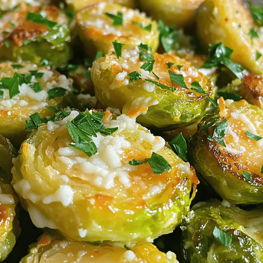 To make crispy garlic Parmesan Brussels sprouts, you need fresh ingredients. Here’s what you’ll need: - 1 lb Brussels sprouts, trimmed and halved - 3 tablespoons olive oil - 4 cloves garlic, minced - 1/2 cup grated Parmesan cheese - 1 teaspoon garlic powder - 1 teaspoon onion powder - 1/2 teaspoon red pepper flakes (optional) - Salt and pepper to taste - Fresh parsley, chopped (for garnish) These ingredients work together to create a tasty dish. The Brussels sprouts give a nice crunch. The garlic adds flavor, while Parmesan brings a savory twist. Use fresh parsley for a pop of color and freshness. For the full recipe, follow the detailed steps in the cooking section. 1. Preheat the Oven Start by setting your oven to 425°F (220°C). This high heat helps the Brussels sprouts get crispy. 2. Prepare the Brussels Sprouts Take 1 lb of Brussels sprouts. Trim the ends and cut them in half. This makes them cook evenly. 3. Mix the Coating Ingredients In a big bowl, combine the halved sprouts with 3 tablespoons of olive oil. Add 4 cloves of minced garlic, 1 teaspoon of garlic powder, 1 teaspoon of onion powder, and 1/2 teaspoon of red pepper flakes if you want some heat. Season with salt and pepper. Toss well so each sprout gets coated. 1. Spread on Baking Sheet Line a rimmed baking sheet with parchment paper. Spread the Brussels sprouts in a single layer. Make sure they are not too close together. This helps them roast better. 2. Roast for Maximum Crispiness Place the baking sheet in the oven. Roast for 20 to 25 minutes. Flip the sprouts halfway through cooking. You want them golden brown and crispy on the edges. 3. Add Parmesan Cheese After roasting, take them out and sprinkle 1/2 cup of grated Parmesan cheese on top. Return the baking sheet to the oven for 5 more minutes. This melts the cheese and gives it a nice brown color. 1. Garnish and Serve Once the sprouts are done, take them out of the oven. Garnish with freshly chopped parsley before serving. Enjoy your Crispy Garlic Parmesan Brussels Sprouts! For the full recipe, check the details above. To get that perfect crunch, keep these tips in mind: - Avoid Overcrowding the Baking Sheet: When you pack Brussels sprouts too closely, they steam instead of roast. This makes them soft, not crispy. Spread them out in a single layer. This gives air space for even cooking. - Importance of High Oven Temperature: Preheat your oven to 425°F (220°C). A hot oven helps to caramelize the sprouts. This caramelization brings out their natural sweetness and ensures a crispy texture. Boost the taste of your Brussels sprouts with these ideas: - Additional Seasoning Ideas: Besides garlic and Parmesan, you can try adding lemon zest for a fresh kick. A sprinkle of smoked paprika or a dash of balsamic vinegar can also add depth. Experiment with your favorite herbs, like thyme or rosemary, for a unique twist. - Serving Suggestions: Serve these crispy sprouts as a side dish with roasted chicken or steak. They can also shine as a tasty snack or appetizer. Pair them with a tangy dip like ranch or yogurt sauce to add a creamy contrast. For the full recipe, check the details above. {{image_2}} Cheese Alternatives You might want a change from Parmesan. Try using Pecorino Romano for a sharper taste. Nutritional yeast works for a dairy-free option. It adds a cheesy flavor without the milk! Vegetable Mix-Ins Brussels sprouts pair well with other veggies. Toss in cauliflower or carrots for extra color and taste. You can also add bell peppers for a sweet twist. Mix and match to find your favorite combo! Appetizer vs. Side Dish Crispy garlic Parmesan Brussels sprouts shine as an appetizer or side dish. Serve them alone with a dip for a tasty starter. As a side, they enhance any main course beautifully. Complementary Dishes These Brussels sprouts go great with grilled chicken or fish. They also pair well with pasta dishes. The garlic and cheese elevate the meal, making every bite delightful. For a veggie feast, serve them with quinoa or rice. Check out the Full Recipe for more ideas! Best Practices for Refrigeration To store leftover Brussels sprouts, let them cool first. Place them in an airtight container. This keeps them fresh and tasty. You can enjoy them for up to three days. If you want to keep them longer, consider freezing. Freezing Options To freeze, spread the cooled sprouts on a baking sheet. Freeze them until solid, then transfer to a freezer bag. This way, they won’t stick together. You can keep them for up to three months. Oven vs. Microwave The oven is best for reheating. Preheat it to 375°F (190°C). Spread the sprouts on a baking sheet. Heat for about 10-15 minutes. This keeps them crispy and tasty. The microwave can work too, but it may make them soggy. Ensuring Crispiness upon Reheating To keep your Brussels sprouts crispy, avoid covering them. Covering traps steam and makes them soft. You can also add a sprinkle of olive oil before reheating. This helps bring back some of that crunch. For the best results, stick with the oven. For the full recipe, check out the details above. Enjoy your crispy garlic Parmesan Brussels sprouts! Roast Brussels sprouts for 20 to 25 minutes at 425°F (220°C). This time helps them get crispy and golden. Flip them halfway through for even cooking. The high heat gives them a great flavor. Yes, you can make this recipe vegan! Just leave out the Parmesan cheese. You can add nutritional yeast for a cheesy flavor. You will still have tasty Brussels sprouts that everyone can enjoy. These sprouts pair well with many dishes. Serve them with grilled chicken, steak, or fish. They also work great as a side for pasta or a hearty grain salad. You can even enjoy them alone as a snack! Store leftovers in an airtight container in the fridge for up to three days. To reheat, use an oven to keep them crispy. Heat at 350°F (175°C) for about 10 minutes. This method helps maintain their crunch. This blog post shared a simple and tasty recipe for Crispy Garlic Parmesan Brussels Sprouts. You learned about the key ingredients, preparation steps, and cooking methods to achieve perfect crispiness. I also provided helpful tips, variations, and storage advice to make the most of your dish. Enjoy experimenting with flavors and servings. You can easily adapt this recipe to suit your taste. Now, it’s time to grab those sprouts and start cooking! Your kitchen adventure awaits!
