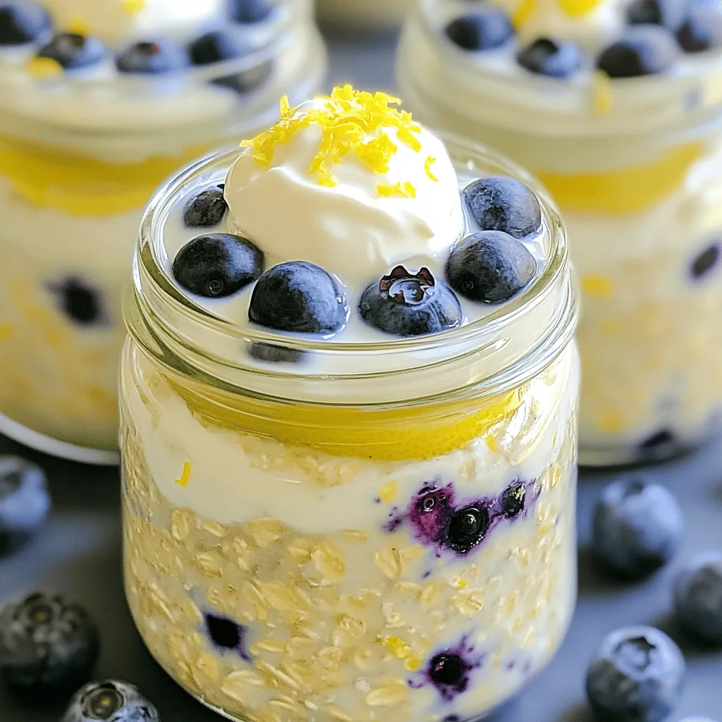 - 1 cup rolled oats - 1 cup almond milk (or any milk of choice) - 1 tablespoon chia seeds These are the base of your Lemon Blueberry Overnight Oats. Rolled oats give a chewy texture. Almond milk adds creaminess without extra calories. Chia seeds boost fiber and nutrients. - 1 teaspoon lemon zest - 2 tablespoons maple syrup or honey - 1/2 teaspoon vanilla extract Lemon zest gives a bright, fresh taste. Maple syrup or honey adds sweetness. Vanilla extract rounds out the flavor nicely. - 1/2 cup fresh blueberries (for mixing and topping) - Greek yogurt for creaminess - Pinch of salt Fresh blueberries bring a burst of flavor. Greek yogurt makes the oats extra creamy. A pinch of salt enhances all the flavors. This simple list makes a tasty meal. Follow the [Full Recipe] for all the details. To start, gather your ingredients. First, in a medium-sized bowl, combine the rolled oats, chia seeds, lemon zest, and a pinch of salt. You want to mix them well. This ensures the dry items blend evenly. Next, take another bowl or jar. Whisk together the almond milk, maple syrup, and vanilla extract until smooth. Now, pour the almond milk mixture over the dry ingredients. Stir gently until everything combines. Be careful not to over-mix. Then, fold in the fresh blueberries. Try not to mash them. After this, divide the mixture into jars or containers. Seal them tightly. Place the jars in the fridge overnight, or for at least four hours. This lets the oats absorb the milk and thicken nicely. In the morning, take the jars out of the fridge. Give the oats a good stir. If you want a creamier texture, mix in a dollop of Greek yogurt. Finally, add more blueberries on top. A sprinkle of lemon zest adds a nice touch. Your lemon blueberry overnight oats are now ready to enjoy! For full details on the recipe, check the [Full Recipe]. To achieve a creamier texture, I suggest adding Greek yogurt. It makes the oats rich and smooth. If you prefer a lighter feel, skip the yogurt. Instead, adjust the liquid you use. You can add more almond milk if you want a thinner mix. Just remember, oats soak up liquid. So, keep an eye on it. You can make your oats sweeter by using maple syrup or honey. Start with two tablespoons, then taste it. If you like it sweeter, add more. For a fun twist, try using agave nectar or coconut sugar. Adjusting the sweetness helps you personalize your dish. Serving your overnight oats in clear jars is a great idea. This way, you can show off the bright colors of the blueberries and lemon. For garnishing, sprinkle extra lemon zest on top. You might also add a few whole blueberries for a pop of color. This makes your breakfast look as good as it tastes. For the full recipe, check out the earlier sections. {{image_2}} You can change up the fruit in your Lemon Blueberry Overnight Oats for a new taste. - Mixed berries variation: Use strawberries, raspberries, and blackberries with the blueberries. This mix adds a fun burst of flavors. - Tropical fruit twist: Swap blueberries for diced mango, pineapple, or kiwi. This will give your oats a bright, sunny vibe. Adding different flavors can elevate your overnight oats. - Adding spices like cinnamon: A pinch of cinnamon can warm up the dish. It pairs well with the lemon and adds depth. - Nut butters for richness: Stir in almond or peanut butter. This adds creaminess and a satisfying nutty flavor to your oats. You can also adjust the recipe to fit your dietary needs. - Vegan options (using plant-based milks): Almond milk works great, but feel free to use coconut or oat milk. These alternatives keep it fully plant-based. - Gluten-free options: Make sure your rolled oats are certified gluten-free. This way, everyone can enjoy the dish without worry. For the full recipe, check out the provided link and start creating your delicious breakfast! How long can it be stored? You can store Lemon Blueberry Overnight Oats in the fridge for up to five days. This makes them great for meal prep. Best practices for keeping oats fresh Use airtight containers to keep your oats fresh. Glass jars work well. Make sure to seal them tightly. This keeps out air and moisture. Each time you take out a portion, close the lid again right away. Can you freeze overnight oats? Yes, you can freeze overnight oats! They freeze well and maintain their taste. How to thaw and serve To thaw, move your oats from the freezer to the fridge. Let them sit overnight. This makes them ready for breakfast. If you want to warm them, heat them in the microwave for a minute. Stir them well before eating. Adjusting portions for meal prep If you want to make more, simply double or triple the recipe. This saves time on busy mornings. Ideas for doubling or tripling the recipe Use a larger bowl to mix all your ingredients. It’s easy to scale up. Just remember to use enough jars for storage. You can enjoy different flavors each day by switching up your toppings. Check out the Full Recipe for more details! Lemon Blueberry Overnight Oats can last up to five days in the fridge. Make sure to store them in airtight containers. This helps keep the oats fresh and tasty. Remember to check for any changes in smell or texture before eating. Yes, you can use quick oats. They will absorb liquid faster, so the texture will be a bit softer. If you prefer a chewier bite, stick with rolled oats for the best result. You can use any milk you like. Options include cow's milk, soy milk, or oat milk. Each type will give a different flavor. Choose one that fits your taste or dietary needs. Absolutely! This recipe is perfect for meal prep. You can make a batch at the start of the week. Just store it in jars. You'll have a quick and healthy breakfast ready each morning. Yes, frozen blueberries work well too! They can add a nice burst of flavor. Keep in mind that they may release more juice, which can change the color of your oats. To warm up overnight oats, place them in a microwave-safe bowl. Heat in short intervals of 30 seconds, stirring in between. This way, you can control the heat and avoid overheating. Enjoy them warm for a cozy breakfast boost! For the complete recipe, check out the [Full Recipe]. In this post, we explored how to make Lemon Blueberry Overnight Oats. We covered the main ingredients, flavor enhancers, and optional additions. The step-by-step guide made preparation simple. We also shared tips for adjusting sweetness and consistency. Variations like different fruits and dietary swaps added fun. Lastly, proper storage helps keep your oats fresh longer. Enjoying your breakfast should be easy and tasty. These oats are a great choice for busy mornings. Prepare them tonight for a delicious start tomorrow.