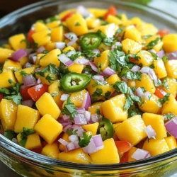 Mango salsa shines with vibrant, fresh flavors. Here are the main ingredients: - 2 ripe mangos, diced - 1 medium red onion, finely chopped - 1 red bell pepper, diced - 1 jalapeño, deseeded and minced - 1/4 cup fresh cilantro, chopped - Juice of 2 limes - Salt to taste - Black pepper to taste Each ingredient adds a unique taste. The sweet mango pairs well with the crunchy onion and bell pepper. The jalapeño gives a spicy kick, while cilantro adds a fresh herbal note. Lime juice brightens the whole dish, making it refreshing. Choosing ripe mangoes is key. Look for smooth, slightly soft mangoes. The skin should be yellow or slightly red. A sweet smell at the stem end shows ripeness. Avoid mangoes with dark spots or wrinkles. Ripe mangoes have a juicy, sweet flesh that enhances the salsa. To make your mango salsa even better, try these optional ingredients: - Diced avocado for creaminess - Chopped garlic for a bold taste - Pineapple for extra sweetness - A splash of orange juice for a citrus twist These additions can transform your salsa into something unique. Mix and match to find your favorite flavors. You can find the Full Recipe online for more details on how to prepare it. To make mango salsa, start by gathering your ingredients. You will need ripe mangos, red onion, red bell pepper, jalapeño, cilantro, lime juice, salt, and black pepper. First, peel and dice the mangos into small pieces. The size matters, as it helps mix well. Next, finely chop the red onion and dice the red bell pepper. Mince the jalapeño, removing the seeds for less heat. Don’t forget to chop the fresh cilantro. This adds a bright flavor to your salsa. When mixing the salsa, use a large bowl. Combine all the prepared ingredients in the bowl. Be gentle while folding them together. You want to mix them well but not mash the mangos. The goal is to keep the chunks nice and firm. After mixing, squeeze the juice of two limes over the top. This adds freshness and helps the flavors pop. Season with salt and black pepper to your taste. Let the salsa sit for about 15 minutes before serving. This allows the flavors to meld nicely. If you want more heat, you can add more jalapeño. Adjust lime juice for extra tang. You can also add a pinch of sugar if the salsa is too tart. For a twist, try adding diced avocado or pineapple. These ingredients add new flavors and textures. Check out the Full Recipe for more details. To cut mangoes, start with a ripe fruit. Place it on a cutting board. Hold the mango upright. Cut down along the pit on both sides. You will get two large pieces. Use a knife to score the flesh in a grid pattern. Then, scoop out the chunks with a spoon. This method makes cutting mangoes quick and easy. To change the heat, adjust the jalapeño. For less heat, remove all seeds. If you want more spice, add more jalapeño. You can also use other peppers like serrano for a kick. For a milder option, use bell pepper instead. Always taste as you mix to find your perfect balance. Serve mango salsa fresh for the best taste. Use a colorful bowl to show off its beauty. Keep it cool until serving. This salsa pairs well with grilled meats and fish. You can also use it as a topping for tacos. For a fun twist, serve it with tortilla chips. Enjoy this fresh and flavorful delight! For the complete recipe, check the Full Recipe section. {{image_2}} You can mix mango with many fruits. Each adds its own taste. Try pineapple for a sweet twist. The tartness of kiwi works well too. For a tropical vibe, add diced papaya. You can even mix in berries like strawberries or blueberries. These fruit combinations will surprise your taste buds! While lime juice and salt are classics, you can experiment. Try adding honey for sweetness. A splash of orange juice can brighten the flavor. You may also want to use garlic or onion powder for depth. For a spicy kick, consider crushed red pepper. Each seasoning brings a new layer to your salsa. Mango salsa can easily become a dip. To do this, blend the salsa until smooth. This change makes it perfect for chips or veggies. You can also add cream cheese or sour cream for a creamy texture. This variation will impress your guests and elevate your snacks. For the full recipe, check out the steps above. To keep your mango salsa fresh, place it in an airtight container. This will help seal in flavors and prevent spoilage. You can also cover the bowl tightly with plastic wrap if you don’t have a container. Always store it in the fridge right after serving. Mango salsa lasts about 3 to 5 days in the fridge. If you freeze it, the texture may change when thawed. I recommend using it within three months for the best taste. To freeze, put the salsa in a freezer-safe bag, removing as much air as possible. Use glass or plastic containers with tight lids. Glass containers allow you to see the salsa and won’t absorb smells. If you use plastic, make sure it is BPA-free for safety. Choose a container that fits your salsa amount to avoid extra air exposure. For the full recipe of mango salsa, check the earlier section! You can serve mango salsa with many dishes. It pairs well with grilled chicken or fish. The sweet and spicy taste enhances tacos and burritos. You can also use it as a dip with tortilla chips. For a light meal, add it to salads or wraps. The bright flavors complement rice and quinoa bowls too. Get creative and try it with your favorite dishes! Yes, you can make mango salsa ahead of time. It tastes even better after sitting for a while. The flavors blend and develop, making it more delicious. To keep it fresh, store it in an airtight container. Place it in the fridge until you are ready to serve. Just remember to mix it gently before serving. This helps to keep the texture nice! Absolutely, you can make mango salsa without cilantro. If you don't like cilantro, try fresh parsley instead. This will add a nice green flavor. You could also use mint for a refreshing twist. Feel free to skip the herbs if you prefer a simpler taste. Mango salsa is still tasty without cilantro! You can find the full recipe for mango salsa in the Full Recipe section above. Mango salsa is a tasty treat made easy by choosing ripe mangoes and mixing simple ingredients. We covered how to prepare, cut, and serve it for the best flavor. You can even try fun fruit combos and spice levels to match your taste. Remember, store your leftovers well to enjoy them later. With these tips and recipes, you’ll make mango salsa like a pro. Experiment and share your creations!