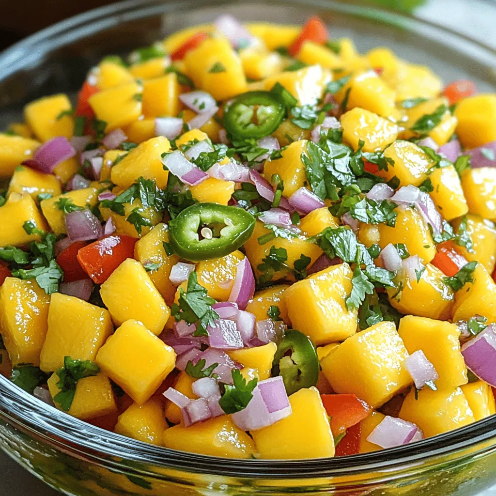 Mango salsa shines with vibrant, fresh flavors. Here are the main ingredients: - 2 ripe mangos, diced - 1 medium red onion, finely chopped - 1 red bell pepper, diced - 1 jalapeño, deseeded and minced - 1/4 cup fresh cilantro, chopped - Juice of 2 limes - Salt to taste - Black pepper to taste Each ingredient adds a unique taste. The sweet mango pairs well with the crunchy onion and bell pepper. The jalapeño gives a spicy kick, while cilantro adds a fresh herbal note. Lime juice brightens the whole dish, making it refreshing. Choosing ripe mangoes is key. Look for smooth, slightly soft mangoes. The skin should be yellow or slightly red. A sweet smell at the stem end shows ripeness. Avoid mangoes with dark spots or wrinkles. Ripe mangoes have a juicy, sweet flesh that enhances the salsa. To make your mango salsa even better, try these optional ingredients: - Diced avocado for creaminess - Chopped garlic for a bold taste - Pineapple for extra sweetness - A splash of orange juice for a citrus twist These additions can transform your salsa into something unique. Mix and match to find your favorite flavors. You can find the Full Recipe online for more details on how to prepare it. To make mango salsa, start by gathering your ingredients. You will need ripe mangos, red onion, red bell pepper, jalapeño, cilantro, lime juice, salt, and black pepper. First, peel and dice the mangos into small pieces. The size matters, as it helps mix well. Next, finely chop the red onion and dice the red bell pepper. Mince the jalapeño, removing the seeds for less heat. Don’t forget to chop the fresh cilantro. This adds a bright flavor to your salsa. When mixing the salsa, use a large bowl. Combine all the prepared ingredients in the bowl. Be gentle while folding them together. You want to mix them well but not mash the mangos. The goal is to keep the chunks nice and firm. After mixing, squeeze the juice of two limes over the top. This adds freshness and helps the flavors pop. Season with salt and black pepper to your taste. Let the salsa sit for about 15 minutes before serving. This allows the flavors to meld nicely. If you want more heat, you can add more jalapeño. Adjust lime juice for extra tang. You can also add a pinch of sugar if the salsa is too tart. For a twist, try adding diced avocado or pineapple. These ingredients add new flavors and textures. Check out the Full Recipe for more details. To cut mangoes, start with a ripe fruit. Place it on a cutting board. Hold the mango upright. Cut down along the pit on both sides. You will get two large pieces. Use a knife to score the flesh in a grid pattern. Then, scoop out the chunks with a spoon. This method makes cutting mangoes quick and easy. To change the heat, adjust the jalapeño. For less heat, remove all seeds. If you want more spice, add more jalapeño. You can also use other peppers like serrano for a kick. For a milder option, use bell pepper instead. Always taste as you mix to find your perfect balance. Serve mango salsa fresh for the best taste. Use a colorful bowl to show off its beauty. Keep it cool until serving. This salsa pairs well with grilled meats and fish. You can also use it as a topping for tacos. For a fun twist, serve it with tortilla chips. Enjoy this fresh and flavorful delight! For the complete recipe, check the Full Recipe section. {{image_2}} You can mix mango with many fruits. Each adds its own taste. Try pineapple for a sweet twist. The tartness of kiwi works well too. For a tropical vibe, add diced papaya. You can even mix in berries like strawberries or blueberries. These fruit combinations will surprise your taste buds! While lime juice and salt are classics, you can experiment. Try adding honey for sweetness. A splash of orange juice can brighten the flavor. You may also want to use garlic or onion powder for depth. For a spicy kick, consider crushed red pepper. Each seasoning brings a new layer to your salsa. Mango salsa can easily become a dip. To do this, blend the salsa until smooth. This change makes it perfect for chips or veggies. You can also add cream cheese or sour cream for a creamy texture. This variation will impress your guests and elevate your snacks. For the full recipe, check out the steps above. To keep your mango salsa fresh, place it in an airtight container. This will help seal in flavors and prevent spoilage. You can also cover the bowl tightly with plastic wrap if you don’t have a container. Always store it in the fridge right after serving. Mango salsa lasts about 3 to 5 days in the fridge. If you freeze it, the texture may change when thawed. I recommend using it within three months for the best taste. To freeze, put the salsa in a freezer-safe bag, removing as much air as possible. Use glass or plastic containers with tight lids. Glass containers allow you to see the salsa and won’t absorb smells. If you use plastic, make sure it is BPA-free for safety. Choose a container that fits your salsa amount to avoid extra air exposure. For the full recipe of mango salsa, check the earlier section! You can serve mango salsa with many dishes. It pairs well with grilled chicken or fish. The sweet and spicy taste enhances tacos and burritos. You can also use it as a dip with tortilla chips. For a light meal, add it to salads or wraps. The bright flavors complement rice and quinoa bowls too. Get creative and try it with your favorite dishes! Yes, you can make mango salsa ahead of time. It tastes even better after sitting for a while. The flavors blend and develop, making it more delicious. To keep it fresh, store it in an airtight container. Place it in the fridge until you are ready to serve. Just remember to mix it gently before serving. This helps to keep the texture nice! Absolutely, you can make mango salsa without cilantro. If you don't like cilantro, try fresh parsley instead. This will add a nice green flavor. You could also use mint for a refreshing twist. Feel free to skip the herbs if you prefer a simpler taste. Mango salsa is still tasty without cilantro! You can find the full recipe for mango salsa in the Full Recipe section above. Mango salsa is a tasty treat made easy by choosing ripe mangoes and mixing simple ingredients. We covered how to prepare, cut, and serve it for the best flavor. You can even try fun fruit combos and spice levels to match your taste. Remember, store your leftovers well to enjoy them later. With these tips and recipes, you’ll make mango salsa like a pro. Experiment and share your creations!