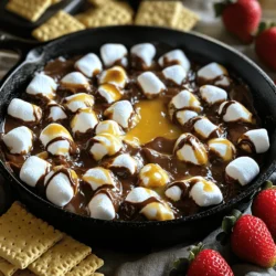 - 1 cup semi-sweet chocolate chips - 1 cup mini marshmallows - 1 tablespoon unsalted butter - 1 teaspoon vanilla extract - 1/2 teaspoon sea salt - Graham crackers for dipping - Fresh strawberries for garnish (optional) You will need some tasty ingredients for this S'mores Dip. First, grab one cup of semi-sweet chocolate chips. They provide rich flavor and melt well. You also need one cup of mini marshmallows. They give that fluffy, sweet touch. Next, get a tablespoon of unsalted butter. It adds a creamy texture. Don’t forget one teaspoon of vanilla extract. This will enhance the sweet taste. A half teaspoon of sea salt balances the flavors perfectly. For dipping, graham crackers are a must. They are crunchy and sweet, making them perfect for this dip. If you want to add a fresh twist, use some strawberries for garnish. They make the dish look pretty and add a fruity taste. You can find the full recipe above for more details on how to make this delightful treat! - Preheat the oven to 350°F (175°C). - Melt the butter in an oven-safe skillet. - Stir in chocolate chips until melted. Start by setting your oven to 350°F. This heat will help your dip become warm and gooey. Next, take an oven-safe skillet and add a tablespoon of unsalted butter. Melt it over medium heat. Stir it gently so it doesn’t brown. Once the butter is melted, it’s time to add one cup of semi-sweet chocolate chips. Keep stirring until the chocolate chips melt into a smooth blend. This step takes about 2-3 minutes. - Add vanilla extract and sea salt. - Spread mini marshmallows on top. - Bake for 5-7 minutes until golden. After you mix in the chocolate, take it off the heat. Add a teaspoon of vanilla extract and half a teaspoon of sea salt. This will enhance the flavors. Stir until everything is smooth and well combined. Next, spread one cup of mini marshmallows evenly on top of the melted chocolate. Now, place your skillet in the preheated oven. Bake for 5-7 minutes. Watch closely until the marshmallows turn golden and puffy. - Let cool before serving. - Dip graham crackers into the mixture. - Garnish with fresh strawberries if desired. Once your dip is ready, let it cool for a few minutes. This helps prevent burns. Grab some graham crackers for dipping. You can also garnish your dip with fresh strawberries for a fruity touch. This makes each bite even more special. For the full recipe, you can refer to the instructions earlier. Enjoy your perfect S'mores Dip! - Best chocolate chips to use I love semi-sweet chocolate chips. They melt well and balance the sweet marshmallows. - How to achieve perfect melted marshmallows Bake the dip until marshmallows puff up and turn golden brown. This creates a nice texture. - Importance of using an oven-safe skillet An oven-safe skillet lets you melt chocolate and bake marshmallows in one dish. It makes cleanup easy! - Creative ways to serve S'mores Dip Serve in a fun bowl or a cast-iron skillet. You can even add toppings like crushed cookies. - Pairings with sweet treats Try dipping strawberries or pretzels. They add a nice crunch and balance the dip's sweetness. - Recommended beverages for accompaniment Pair with milk or hot cocoa for a cozy treat. I also enjoy it with sweet iced tea. - What to do if chocolate doesn't melt properly If chocolate is too thick, add a small amount of milk. This helps it melt smoothly. - Handling marshmallow burn issues If marshmallows burn, simply scrape off the burnt part. You can add fresh ones on top. - Adjustments for dietary restrictions Use dairy-free chocolate chips for a vegan option. You can also swap marshmallows with a vegan brand. {{image_2}} You can switch up the chocolate in S'mores Dip. Try using dark chocolate for a richer taste. White chocolate adds a sweet twist too. To make it fun, add flavored extracts like almond or mint. This can give your dip a unique flair. You can also mix in chopped nuts or peanut butter for extra crunch and creaminess. Each option adds a new layer of flavor that you will love. Change your toppings with the seasons. For holidays, sprinkle crushed candy canes or festive sprinkles on top. In summer, add fresh berries like raspberries or blueberries. These fruits pair great with chocolate. You can even make themed S'mores Dip for birthdays or parties, using fun colors or shapes. This keeps the treat exciting for any occasion. You can cook S'mores Dip in different ways. A slow cooker lets you keep it warm for longer, perfect for gatherings. If you're in a rush, use the microwave. Just melt the chocolate and marshmallows in short bursts. For outdoor fun, try making it over a campfire. Just use a cast-iron skillet or foil. This brings a smoky flavor that everyone will enjoy. [Full Recipe] To keep your S'mores Dip fresh, store it in an airtight container. Make sure it cools down first. If you leave it out, it may lose its taste and texture. Use a glass or plastic container with a tight lid. This helps prevent it from drying out. When you want to enjoy your S'mores Dip again, gently reheat it. You can use a microwave or oven. Heat in short bursts. If using a microwave, do it in 20-second intervals. Stir it often to keep the chocolate and marshmallows smooth. If using an oven, cover it with foil. This keeps the dip moist. You can freeze S'mores Dip, but the texture may change. To freeze it, let it cool completely first. Then, place it in a freezer-safe container. Make sure to seal it well. When you want to eat it, thaw it overnight in the fridge. After thawing, reheat it as described above for the best taste. S'mores Dip is a warm, gooey treat that brings the joy of campfire s'mores to your home. Unlike traditional s'mores, which require toasting marshmallows over a fire, S'mores Dip layers chocolate and marshmallows in a skillet. You simply bake it until the marshmallows puff up and turn golden. The ease of this dessert makes it a hit at parties and family gatherings. Yes, you can prepare S'mores Dip ahead of time. Just follow the steps to mix the chocolate and marshmallows, then cover it and store it in the fridge. When it's time to serve, just pop it in the oven. For the best flavor, let it sit at room temperature for a bit before baking. This helps the flavors blend nicely and ensures a warm and melty dip. While graham crackers are classic, you can use many things for dipping. Try pretzel sticks for a salty crunch or apple slices for a fruity touch. For a healthier option, carrot sticks or celery can be fun and unique. You can even use cookies like Oreos for a sweet twist! The options are endless, so get creative and enjoy! This S'mores Dip is easy and fun. You learned how to make it with just a few ingredients and steps. We covered tips for perfect results and how to store leftovers. You can even customize it with different flavors and methods. Whether for a party or a cozy night, S'mores Dip is a crowd-pleaser. Enjoy creating your own tasty version!