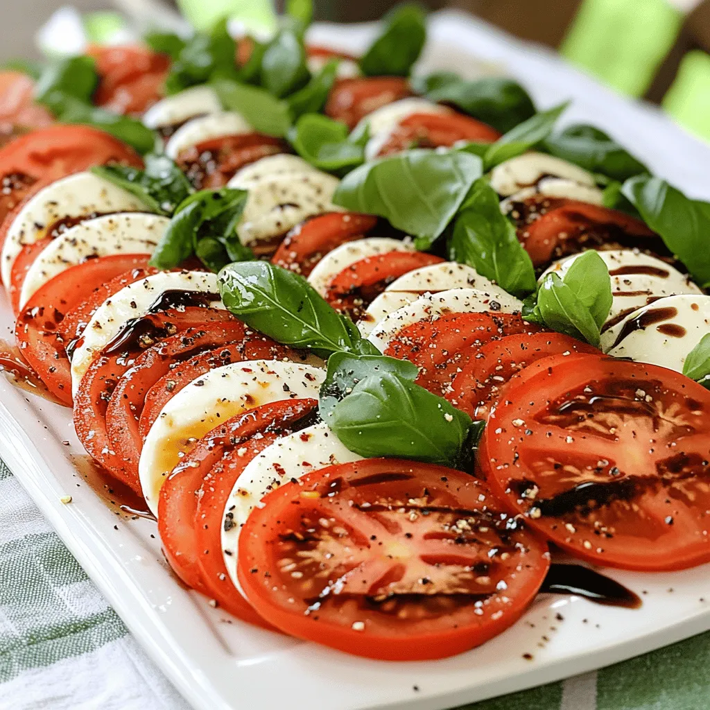 - 2 large ripe tomatoes - 8 ounces fresh mozzarella cheese - A handful of fresh basil leaves - 1 cup balsamic vinegar - 2 tablespoons extra virgin olive oil - Sea salt and freshly cracked black pepper - Crushed red pepper flakes (optional) For a classic Caprese salad, fresh ingredients matter. You want ripe tomatoes, as they bring sweetness. Look for mozzarella that is soft and creamy. Fresh basil adds a vibrant touch. For the dressing, balsamic vinegar is key. It balances the flavors beautifully. Extra virgin olive oil adds richness. Season with salt and pepper to enhance taste. Crushed red pepper flakes can give a nice kick if you like spice. To make this dish shine, use the best ingredients you can find. Quality makes a big difference. Follow the [Full Recipe](#) for perfect results. - Simmering the balsamic vinegar Start by pouring one cup of balsamic vinegar into a small saucepan. Heat it over medium heat until it starts to simmer. Once it simmers, reduce the heat to low. Let it cook gently for about 15 to 20 minutes. Stir it occasionally. You want it to thicken and reduce by half. This step is key for flavor. - Cooling the reduction After the reduction thickens, remove it from the heat. Set it aside and allow it to cool to room temperature. This cooling process is important. It helps the flavors meld together. Plus, it ensures it won’t wilt your salad when you drizzle it on. - Layering the tomatoes and mozzarella Grab a large serving platter or individual plates. Start by laying down the slices of ripe tomato. Alternate these with slices of fresh mozzarella cheese. The colors should pop! This layering creates a beautiful visual and keeps the flavors balanced. - Adding basil leaves between layers Place a fresh basil leaf between each layer of tomato and mozzarella. This adds freshness and aroma. The basil is essential for that classic Caprese taste. Make sure to use whole leaves for the best look and flavor. - Drizzling with olive oil and balsamic reduction Once your salad is layered, it’s time to dress it. Drizzle two tablespoons of extra virgin olive oil over the top. Then, carefully drizzle your balsamic reduction over the entire salad. This step adds a rich, tangy finish. - Seasoning with salt, pepper, and optional spice Finally, season your salad with sea salt and freshly cracked black pepper to taste. If you enjoy a little heat, sprinkle some crushed red pepper flakes on top. This gives a nice kick and enhances the overall flavor of the salad. For the complete recipe, check out the Full Recipe. Enjoy creating your delicious Caprese salad! Selecting ripe tomatoes Look for large, ripe tomatoes. They should feel heavy for their size. A good tomato has smooth skin and vibrant color. When you smell the stem end, it should have a strong, fresh aroma. This smell tells you the tomato is ripe and ready to eat. Picking high-quality mozzarella Choose fresh mozzarella, not the pre-packaged kind. The best mozzarella feels soft and moist. It should come packed in water or brine. This keeps it fresh and flavorful. When you slice it, it should have a creamy texture. A good cheese will melt in your mouth, enhancing your salad. Presentation ideas Serve your salad on a large platter. Alternate the tomato and mozzarella slices in a spiral pattern. This looks stunning and invites guests to take a closer look. Add fresh basil leaves on top for color. Drizzle extra balsamic reduction over the finished dish for a beautiful touch. Pairing with other dishes or drinks Caprese salad pairs well with grilled chicken or fish. You can also serve it with crusty bread. For drinks, a crisp white wine complements the flavors nicely. A sparkling lemonade or iced tea could also refresh the palate. Enjoy your meal with friends or family for a delightful experience. {{image_2}} You can make your Caprese salad more interesting by adding mixed greens. Mixing in some arugula or spinach adds a nice crunch. It also brings more texture and flavor to the dish. Another fun option is to use different cheeses. Burrata is a rich choice that melts in your mouth. This creamy cheese pairs beautifully with the fresh tomatoes and basil. You can also try goat cheese for a tangy twist. Infusing the balsamic reduction can elevate the flavor. Try adding garlic, rosemary, or thyme while it simmers. These herbs give a new depth to the sweet and tangy sauce. You can also experiment with herbs and spices in the salad. Adding a pinch of oregano or a dash of chili flakes can bring a kick. Fresh herbs like parsley or chives can also brighten the dish. For more ideas, check out the Full Recipe to explore more variations! To keep your Caprese salad fresh, store any leftovers right away. Place the salad in a clean container. Make sure it has a tight lid. This helps keep air out and prevents wilting. If you can, separate the tomatoes and mozzarella. This keeps them from getting soggy. You can use glass or BPA-free plastic containers. These options work best for storing food safely. After making the balsamic reduction, let it cool completely. Once cool, pour it into a clean jar. Seal it tightly with a lid. Store it in the fridge to keep it fresh. The reduction lasts about a week in the refrigerator. Make sure to check for any changes in smell or color before using. If it seems off, it’s best to toss it. To layer a Caprese salad, start with a large platter. Place a slice of tomato down first, then add a slice of mozzarella. Keep repeating this until you run out of ingredients. Put a basil leaf between each layer. This not only looks great but adds fresh flavor too. Yes, you can make the balsamic reduction in advance. Just simmer it as directed, then let it cool. Once cooled, store it in a jar in the fridge. It will be good for about a week. Just reheat it slightly before using. Using fresh basil is important for a classic Caprese salad. Dried basil won’t give the same fresh taste or aroma. Fresh basil adds a bright flavor that complements the tomatoes and mozzarella. If you can’t find fresh basil, consider using another herb, but it will change the flavor. I recommend using ripe heirloom or vine-ripened tomatoes. These types have great flavor and texture. Look for tomatoes that are firm but slightly soft to the touch. Avoid using tomatoes that are too hard or have blemishes. You can use other soft cheeses if you like. Burrata is a great option and adds creaminess. Feta cheese can also work, but it has a stronger flavor. Just keep in mind that it changes the classic taste of the salad. To make your Caprese salad more filling, add some protein. Grilled chicken or shrimp pairs well. You could also serve it with crusty bread or over a bed of mixed greens for extra texture and taste. Caprese salad pairs nicely with grilled meats or as part of an Italian meal. It also goes well with pasta dishes and light white wines. For a simple meal, serve it with a good loaf of bread and a glass of wine. Absolutely! You can add avocado slices for creaminess or olives for a salty kick. Roasted peppers or arugula can also enhance the flavor. Just remember to keep the fresh and light theme of the salad intact. If you have leftover salad, keep it in an airtight container. Store the salad in the fridge but avoid adding the balsamic reduction until you're ready to eat. This keeps everything fresh and crispy. To make a delicious Caprese salad, start with fresh ingredients like ripe tomatoes and mozzarella. We learned how to prepare a balsamic reduction, layer the salad, and add tasty dressings. Choosing the right ingredients and trying variations can elevate your dish. Don’t forget to store leftovers properly for the best taste. Enjoy making your salad and have fun experimenting with new flavors! With these tips, you can impress anyone at your next meal. Happy cooking!