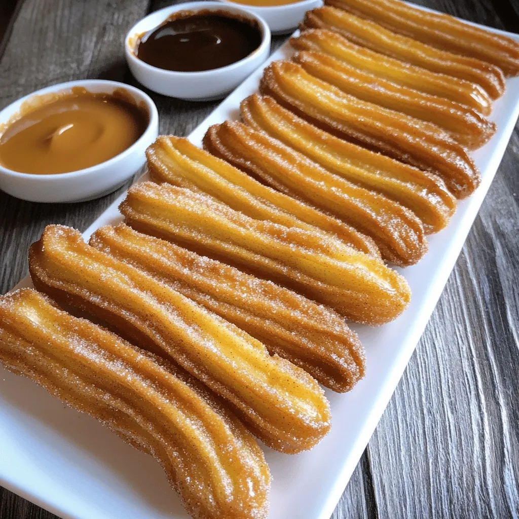 - 1 cup water - 2 tablespoons granulated sugar - 1/2 teaspoon salt - 1 cup all-purpose flour - 1 tablespoon vegetable oil (plus extra for frying) - 2 large eggs - 1 teaspoon vanilla extract - 1/2 cup granulated sugar (for coating) - 1 tablespoon ground cinnamon To make the perfect cinnamon sugar churros, you need simple ingredients. Water acts as the base. Sugar gives the dough a hint of sweetness. Salt enhances the flavors. All-purpose flour provides structure. Vegetable oil adds richness and helps with frying. Eggs bring moisture and help the churros rise. Vanilla extract adds a lovely aroma. The cinnamon sugar coating makes them irresistible. - Medium saucepan - Deep frying pan or pot - Piping bag with a star-shaped tip - Slotted spoon - Paper towels Having the right tools makes cooking much easier. A medium saucepan helps mix your dough. A deep frying pan or pot is needed for frying. A piping bag with a star-shaped tip shapes the churros just right. A slotted spoon helps you remove churros from the hot oil safely. Paper towels are great for draining excess oil. For the full recipe and step-by-step guide, check out the Full Recipe. - Combine 1 cup of water, 2 tablespoons of sugar, and 1/2 teaspoon of salt in a saucepan. - Bring this mixture to a boil over medium heat. - Remove the saucepan from heat and stir in 1 cup of all-purpose flour and 1 tablespoon of vegetable oil. - Mix until a smooth dough forms. - Let the dough cool for a few minutes. - Add 2 large eggs and 1 teaspoon of vanilla extract. - Stir until the mixture is fully combined and smooth. - Heat vegetable oil in a deep frying pan until it reaches 350°F (175°C). - Transfer the churro dough into a piping bag with a large star-shaped tip. - Squeeze out 6-inch lengths of the dough into the hot oil. - Use scissors to cut each churro as you pipe. - Fry the churros for about 2-3 minutes on each side. - Look for a golden brown color. - Use a slotted spoon to remove them and let them drain on paper towels. - In a bowl, mix 1/2 cup of granulated sugar and 1 tablespoon of ground cinnamon. - While the churros are still warm, roll them in the cinnamon sugar mixture. - Make sure they are fully coated for the best flavor. These steps will help you make crispy, sweet churros that everyone will love. For the complete recipe, check out the Full Recipe section. - The best frying temperature for churros is 350°F (175°C). This heat gives you a crispy outside and a soft inside. - To know when churros are done, look for a golden brown color. They should take about 2-3 minutes on each side. - You can add spices like nutmeg or cayenne pepper for an extra kick. These spices mix well with cinnamon and add a unique twist. - For dietary restrictions, use gluten-free flour instead of regular flour. This change lets more people enjoy churros. - The ideal dipping sauces are chocolate sauce and caramel sauce. These rich flavors pair well with churros. - For presentation, arrange churros on a long plate. Dust them with extra cinnamon sugar. Serve with small bowls of dipping sauce for a fun touch. Try this Full Recipe for a delicious and easy treat! {{image_2}} You can have fun with churro fillings. Here are some great ideas: - Chocolate: Use melted chocolate for a rich treat. - Cream Cheese: Mix cream cheese with sugar and vanilla for a sweet center. To fill churros, you need a pastry bag. After frying, insert the tip into the churro. Squeeze gently to fill it with your choice. This adds a tasty surprise in every bite! Switch up the sugar coating for more fun! You can try: - Vanilla Sugar: Mix vanilla extract into the sugar for a sweet twist. - Cocoa Sugar: Blend cocoa powder with sugar for a chocolatey flavor. For unique coatings, think about rolling churros in crushed nuts or sprinkles. This adds texture and color, making them even more appealing. If you prefer baking, you can make churros in the oven. Here’s how: 1. Preheat your oven to 400°F (200°C). 2. Pipe churros onto a lined baking sheet. 3. Bake for about 20 minutes or until golden. Baking has its pros and cons. Baking is healthier since it uses less oil. However, frying gives churros that perfect crispy texture. Choose what fits your taste best! To keep your churros fresh, store them at room temperature. Place them in an airtight container. Avoid stacking them, as this can make them soggy. If you want to save churros for longer, freeze them. Wrap each churro in plastic wrap, then put them in a freezer bag. This way, they stay fresh for up to two months. To bring back the crispiness, reheating is key. The best way is to use an oven. Preheat the oven to 350°F (175°C). Place churros on a baking sheet and bake for about 5-7 minutes. If you're in a hurry, you can use a microwave. However, they may lose some crunch. Heat churros in 10-second bursts until warm, but avoid overheating. Fresh churros taste best when eaten within a day. If stored properly, they can last for 2-3 days at room temperature. Look for signs of spoilage, like a stale smell or unusual texture. If they feel hard or dry, it's best to toss them. Always trust your senses when checking for freshness. Enjoy your churros, and savor every bite! Yes, you can make the churro dough ahead. Just follow these tips: - Cool the dough: After mixing, let it cool completely. - Store properly: Place in an airtight container. - Refrigerate: Keep it in the fridge for up to 24 hours. - Bring to room temp: Before frying, let the dough sit out for about 30 minutes. For frying churros, you want oil that has a high smoke point. Here are good options: - Vegetable oil: Common and affordable choice. - Canola oil: Neutral flavor and high smoke point. - Peanut oil: Great for flavor and frying at high heat. Churros can lose their crispiness for several reasons. Here are common mistakes: - Not enough heat: Make sure the oil is hot enough (350°F). - Overcrowding the pan: Fry in small batches to maintain temperature. - Under-frying: Fry until golden brown, about 2-3 minutes per side. - Cooling too long: Serve warm for the best texture. Churros have a rich history. They likely originated in Spain. They became popular in Latin America as well. They are often enjoyed for breakfast or as a snack. Churros are a symbol of comfort and tradition in many cultures. Yes, making gluten-free churros is easy! Here are some flour alternatives: - Almond flour: Adds a nutty flavor. - Coconut flour: Sweet and low in carbs. - Gluten-free all-purpose flour: Use a blend that contains xanthan gum for best results. For the full recipe, check the [Full Recipe]. In this blog post, we explored how to make delicious cinnamon sugar churros. We covered the main ingredients, the essential equipment, and step-by-step instructions for perfecting your churros. We also shared tips for texture, flavor, and presentation. With variations like filled churros and baking options, you can customize your treat. Finally, we discussed storage and reheating methods to keep your churros fresh. Enjoy making these tasty treats and impress your friends and family!