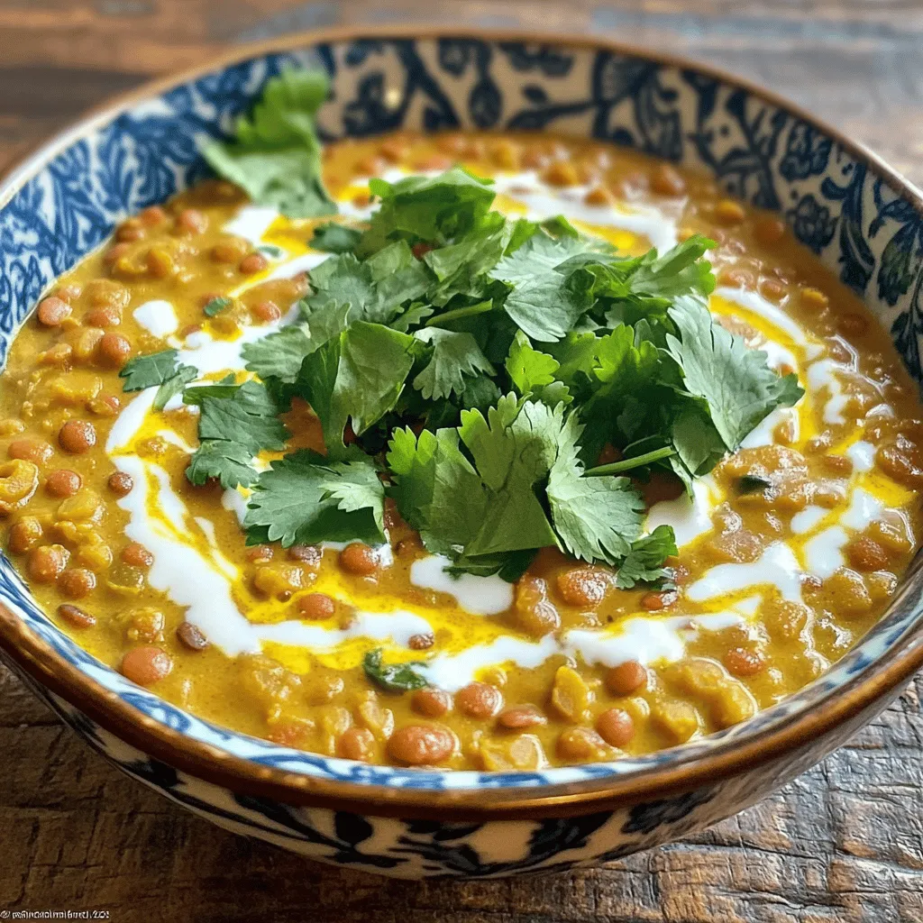 - 1 cup red lentils, rinsed - 1 can (14 oz) coconut milk - 1 medium onion, chopped - 3 cloves garlic, minced - 1 tablespoon ginger, minced - 1 tablespoon curry powder - 1 teaspoon turmeric powder - 1 teaspoon cumin - 1 can (14 oz) diced tomatoes (with juice) - 2 cups vegetable broth - 2 cups fresh spinach, chopped - 1 tablespoon olive oil - Salt and pepper to taste - Fresh cilantro for garnish - Additional spices (e.g., coriander, cayenne) - Vegetables (e.g., bell peppers, carrots) - Protein options (e.g., tofu, chickpeas) To make Coconut Curry Lentils, gather these ingredients. I love using red lentils for their quick cooking time. They become soft and creamy. Coconut milk adds richness and a hint of sweetness. The onion, garlic, and ginger create a flavorful base. Spices like curry powder and turmeric bring warmth and color. Diced tomatoes add freshness and acidity. Vegetable broth ensures a rich flavor. Fresh spinach gives a nice pop of green and nutrients. Olive oil helps sauté the onions and spices. Feel free to experiment with optional ingredients. Adding bell peppers or carrots can give more texture. Tofu or chickpeas can boost your protein. Each choice brings a new depth to your dish. You can find the full recipe at the end of this section. By mixing and matching, you make this dish your own. Enjoy the cooking and the delicious results! - Heat 1 tablespoon of olive oil in a large pot over medium heat. - Add 1 medium chopped onion and sauté until it becomes soft and clear. - Stir in 3 minced garlic cloves and 1 tablespoon of minced ginger. Cook for one minute. - Add 1 tablespoon of curry powder, 1 teaspoon of turmeric, and 1 teaspoon of cumin. Stir for 1 to 2 minutes to boost the flavors. - Pour in 1 cup of rinsed red lentils, 1 can of diced tomatoes (with juice), and 2 cups of vegetable broth. Bring this mixture to a boil. - Once it boils, reduce the heat to low and let it simmer for about 20 minutes. Check until the lentils are tender. - Stir occasionally to stop sticking. After 20 minutes, add 1 can (14 oz) of coconut milk and 2 cups of chopped spinach. Cook for another 5 minutes until the spinach wilts. - Season your dish with salt and pepper to taste. - Serve hot, garnished with fresh cilantro. Enjoy your creamy and tasty Coconut Curry Lentils! For the full recipe, check the earlier section. - Rinse lentils properly to remove impurities. This step is key to clean flavor. - Adjust cooking time based on lentil type. Red lentils cook fast, while green ones take longer. - Toast spices for a deeper flavor profile. Just a minute can make a big difference. - Experiment with extra herbs or garnishes. Fresh cilantro adds brightness and flavor. - Pair with rice or naan for a complete meal. This combo brings balance and comfort. - Serve with a side salad for added freshness. A crisp salad enhances the dish’s warmth. For more details, check the Full Recipe. {{image_2}} Coconut curry lentils are easy to adapt. You can make them vegan and gluten-free. Just check the broth and spices used. If you want less heat, reduce the spices. For a spicier dish, add more curry powder or fresh chili. You can switch some ingredients to change the taste. For a richer texture, use coconut cream instead of coconut milk. If you don’t have lentils, try beans like chickpeas or black beans. Quinoa is also a great option for a different twist. You can give this dish a fun twist with global flavors. For a Thai touch, add lemongrass to the pot. It brings a bright, fresh flavor. If you prefer Indian flavors, toss in some cashews. They add a nice crunch and taste. Explore these variations to keep your meals exciting! Store leftover Coconut Curry Lentils in an airtight container. This keeps them fresh in the fridge. It’s best to use them within three to four days. Make sure to let them cool down before sealing the container. This helps avoid condensation that can make your lentils soggy. You can freeze Coconut Curry Lentils for up to three months. First, let the lentils cool completely. Then, place them in freezer-safe bags or containers. Remove as much air as possible. This helps keep the flavor and texture. When you’re ready to eat, thaw them overnight in the fridge. Reheat on the stove or in the microwave. Add a splash of vegetable broth to help restore creaminess. In the fridge, your Coconut Curry Lentils last for about four days. In the freezer, they stay good for about three months. Always check for any off smells or changes in texture before eating. Proper storage keeps your meal tasty and safe. Enjoy every last bite! Lentils are packed with fiber. They help you feel full and aid digestion. They also provide a great source of protein. This is key for muscle health and keeping energy levels steady. Coconut milk adds healthy fats to your meal. These fats can support heart health and give you energy. Together, lentils and coconut milk make a nutritious and tasty dish. Yes, you can make Coconut Curry Lentils ahead of time. Prepare the dish and cool it down. Store it in an airtight container in the fridge. It will stay fresh for up to four days. You can also freeze it for up to three months. Just reheat it slowly on the stove or in the microwave. Stir well to keep it creamy. Coconut Curry Lentils pair well with rice or naan. You can serve it with a simple side salad for freshness. Grilled vegetables also make a great complement. For a protein boost, consider adding tofu or a dollop of yogurt. These sides enhance the meal and add variety. To make your Coconut Curry Lentils creamier, try adding more coconut milk. You can also blend a portion of the lentils after cooking. This will create a smooth texture. Adding a bit of cashew cream can also help. Don’t forget to stir well for even creaminess. Yes, you can use different types of lentils. Red lentils cook quickly and become soft. Green or brown lentils take longer to cook but hold their shape. Adjust cooking times based on the type you use. Always rinse your lentils before cooking for the best results. For the full recipe, check out the details above. In this post, we explored how to make Coconut Curry Lentils. We started with key ingredients, like lentils and coconut milk, and detailed easy steps for cooking. I shared tips for perfect lentils and variations to suit your taste. You can store leftovers with ease and enjoy this dish later. Final thoughts: This recipe is flexible and packed with flavor. It’s a great way to enjoy healthy ingredients while having fun in the kitchen.