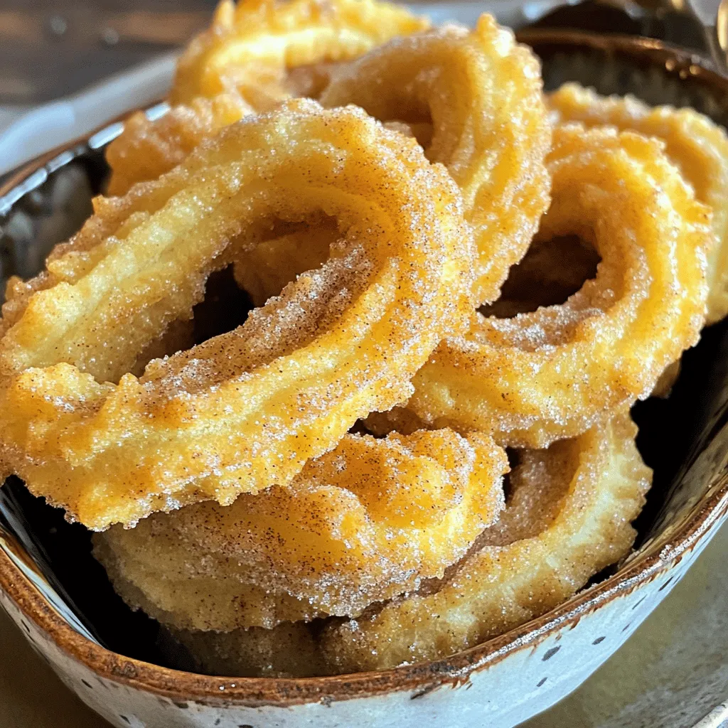 To make perfect cinnamon sugar churros, you need a few key items. Here’s what you will need: - 1 cup water - 2 tablespoons sugar - ½ teaspoon salt - 2 tablespoons vegetable oil - 1 cup all-purpose flour - 2 large eggs - 1 teaspoon vanilla extract - ½ cup granulated sugar (for coating) - 2 teaspoons ground cinnamon - Oil for frying (enough for about 2 inches in a heavy pot) These ingredients create a delicious dough that fries up crispy and golden. While churros are tasty on their own, a good dip makes them even better. Here are some popular choices: - Chocolate sauce - Dulce de leche - Caramel sauce These dips add rich flavors that complement the sweet, cinnamon-covered churros. Using high-quality ingredients makes a big difference. Here are some tips for selecting the best items: - Water: Use filtered water for the best taste. - Sugar: Choose pure cane sugar for a clean sweetness. - Flour: All-purpose flour should be fresh and free of lumps. - Eggs: Use large, farm-fresh eggs for rich flavor and color. - Oil: Pick a neutral oil, like vegetable or canola, for frying. Always check expiration dates to ensure freshness. Quality ingredients lead to better results in your churros. For the full recipe, you can refer to the details above. To start, gather your ingredients. You need water, sugar, salt, vegetable oil, flour, eggs, and vanilla extract. In a medium saucepan, mix the water, 2 tablespoons of sugar, salt, and vegetable oil. Heat this mixture over medium heat until it boils. Once boiling, take it off the heat. Now, stir in the flour until a smooth dough forms. This step is key to your churros' texture. Let the dough cool for about 10 minutes. This cooling helps when adding the eggs. Mix in the eggs one at a time, blending well after each addition. Finally, add the vanilla extract and stir until your dough is smooth. Next, prepare to fry the churros. Take a heavy pot and fill it with enough oil to be about 2 inches deep. Heat the oil over medium heat until it reaches 350°F (175°C). Use a kitchen thermometer to check the temperature. This step is crucial for getting crispy churros. If the oil is too hot, the churros will burn. If it’s too cool, they will soak up too much oil. Patience is important here; the right heat makes all the difference. Now, it’s time for the fun part! Prepare a piping bag with a star tip. Fill the bag with your churro dough. Pipe 6-inch strips of dough into the hot oil, cutting them with scissors or a knife. Fry the churros for about 2-3 minutes on each side. You want them golden brown and crispy. Use a slotted spoon to turn them over. Once they are done, move them to a plate lined with paper towels. This will help drain any extra oil. While the churros are still warm, mix the remaining ½ cup of sugar with the cinnamon in a small bowl. This mix adds that sweet touch we all love. Roll each churro in the cinnamon-sugar mixture until they are fully coated. This step makes them even more delicious! Serve them hot, and consider pairing them with chocolate sauce or dulce de leche for dipping. Enjoy your homemade cinnamon sugar churros! For the complete recipe, check out the Full Recipe section. To get the best churros, focus on the dough. The dough should be thick but smooth. If it’s too wet, your churros will fall apart. If it’s too dry, they will not puff up. Always let the dough cool before adding the eggs. This keeps the eggs from cooking too fast. Mix the dough well until it is shiny. One big mistake is not heating the oil enough. If the oil is too cold, churros will soak up too much fat. If it’s too hot, they will burn outside but stay raw inside. Use a thermometer to check the oil. Another mistake is overcooking or undercooking. Fry them until they are golden brown and crispy. To keep churros crispy, avoid stacking them. Place them on a wire rack instead. This allows air to flow around them. If you need to store them, keep them in a single layer. For extra crunch, bake them for a few minutes before serving. This will revive that crispy texture. Enjoy your churros fresh and warm for the best taste! {{image_2}} You can take your churros to the next level by adding a chocolate filling. To do this, use a piping bag with a narrow tip. After frying the churros, insert the tip into one end and fill them with melted chocolate. You can use dark, milk, or white chocolate. This sweet surprise adds a rich flavor and makes each bite even more special. Want to try something different? Add nutmeg or cardamom to your churros for a unique twist. Simply mix one teaspoon of either spice into the dough. This will give your churros an exciting flavor that pairs well with the cinnamon sugar coating. You can even mix spices for a blend that suits your taste. If you need a gluten-free option, you can swap out the all-purpose flour. Use a gluten-free flour blend instead. Ensure that the blend you choose can hold moisture and create a nice dough. Follow the same steps as the full recipe for texture and taste. Your gluten-free churros will be just as crispy and delicious as the traditional ones. For the complete recipe, check the [Full Recipe]. To keep your churros fresh, place them in an airtight container. Make sure they cool completely before sealing. This helps prevent sogginess. Store the container in the pantry for up to two days. If you want to keep them longer, use the freezer. Reheat churros in the oven for the best results. Preheat your oven to 350°F (175°C). Place the churros on a baking sheet. Heat them for about 5-7 minutes. This keeps them crispy. You can also use an air fryer for about 3 minutes at a similar temperature. To freeze churros, first let them cool completely. Then, place them in a single layer on a baking sheet. Freeze for about an hour until firm. After that, transfer them to a freezer bag. They can last up to two months. When you're ready to eat, just reheat as described above. You can enjoy delicious churros anytime! For the full recipe, check out the instructions above. To make churros from scratch, follow these steps: 1. Boil water, sugar, salt, and oil in a saucepan. 2. Stir in flour until a smooth dough forms. 3. After cooling, mix in eggs and vanilla. 4. Heat oil in a pot to about 350°F (175°C). 5. Pipe strips of dough into hot oil and fry until golden. 6. Coat the warm churros in a mix of sugar and cinnamon. For the detailed process, check the Full Recipe. The best oil for frying churros is vegetable oil. It has a high smoke point, making it ideal for deep frying. Other options include canola oil or peanut oil. These oils can help achieve that crispy texture we love. Yes, you can bake churros instead of frying! Preheat your oven to 375°F (190°C). Pipe the dough onto a baking sheet lined with parchment paper. Bake for about 20 minutes or until golden brown. While baking gives a healthier option, frying adds that classic crunch. To find the best churros, check local dessert shops, fairs, or food trucks. Websites like Yelp or Google Maps can offer great suggestions. Don't forget to ask friends for their favorite spots! You learned about making cinnamon sugar churros from scratch. We covered essential and optional ingredients, tips for the best texture, and how to store leftovers. Remember, using quality ingredients and avoiding common mistakes will yield tasty results. Don't forget to try fun variations like chocolate-filled churros. Enjoy your churros fresh or stored for later. Now, you can impress anyone with your churro skills. Happy frying!