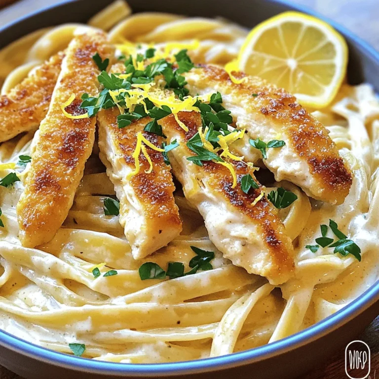 Classic Chicken Alfredo needs just a few key items to shine. Here are the essentials: - 2 boneless, skinless chicken breasts - 8 ounces fettuccine pasta - 2 cups heavy cream - 1 cup freshly grated Parmesan cheese - 4 tablespoons unsalted butter - 3 cloves garlic, minced - Salt and pepper to taste - Fresh parsley, chopped (for garnish) - 1 teaspoon Italian seasoning - Zest of 1 lemon (for a fresh twist) When picking chicken, look for fresh, plump breasts. They should feel firm and have no smell. For pasta, choose high-quality fettuccine. Fresh pasta cooks faster, while dried pasta has a longer shelf life. If you have dietary needs, you can make swaps. Try grilled tofu instead of chicken for a vegetarian option. For a lighter dish, use half-and-half in place of heavy cream. You can also use gluten-free pasta if you prefer. Check out the Full Recipe for more details on cooking this creamy delight. 1. Season the Chicken: Start by seasoning your chicken breasts with salt, pepper, and Italian seasoning. Make sure to coat both sides well for maximum flavor. 2. Cook the Chicken: Heat 2 tablespoons of butter in a large skillet over medium heat. Add the seasoned chicken breasts. Cook for about 7-8 minutes on each side until they are golden brown and fully cooked. After cooking, take them out of the skillet and let them rest. Once cool, slice the chicken into strips. 3. Cook the Fettuccine: In a large pot, bring salted water to a boil. Add 8 ounces of fettuccine pasta. Cook according to the package instructions until it reaches al dente. After cooking, drain the pasta and set it aside. Be sure to save 1/2 cup of the pasta cooking water for later. 4. Make the Alfredo Sauce: In the same skillet you used for the chicken, melt the remaining 2 tablespoons of butter over medium heat. Add 3 cloves of minced garlic and sauté for about 1 minute until fragrant. 5. Add Heavy Cream: Pour in 2 cups of heavy cream. Bring it to a gentle simmer. Then, stir in 1 cup of freshly grated Parmesan cheese. Mix until the sauce becomes creamy. If it feels too thick, add a bit of the reserved pasta water to reach your desired consistency. 6. Combine Ingredients: Add the cooked fettuccine to the skillet. Toss gently to coat the noodles in the creamy sauce. Mix in the sliced chicken and sprinkle the zest of 1 lemon over the top for a fresh twist. 7. Taste and Adjust: Before serving, taste the dish. Adjust seasoning with more salt or pepper if needed. 8. Serve Hot: Plate the dish in a large pasta bowl. Garnish with chopped parsley for a pop of color. You can also top it with extra Parmesan cheese for added flavor. - Perfect Chicken Texture: To achieve tender chicken, let it rest after cooking. This keeps the juices inside, making it juicy and flavorful. - Creamy Sauce Techniques: Use fresh Parmesan cheese for the best flavor and texture. Stir the sauce over medium heat and watch for a smooth consistency. If your sauce is too thick, add a little reserved pasta water until it’s just right. - Plating: Serve the pasta in a large bowl. Add a sprinkle of parsley and extra Parmesan on top for an appealing look. - Side Dishes: Pair your Classic Chicken Alfredo with a simple green salad or garlic bread. These sides balance the richness of the dish and add freshness to your meal. To make your Classic Chicken Alfredo stand out, try adding a few extra flavors. Here are some ideas: - Use fresh herbs like basil or thyme for a bright taste. - Add a pinch of nutmeg to your sauce for warmth. - Toss in sautéed mushrooms or spinach for texture. - A splash of white wine can deepen the flavor. If you want to adjust the creaminess of the sauce, think about the heavy cream. For a thicker sauce, reduce it on the stove longer. If it’s too thick, add a bit of reserved pasta water to loosen it up. Just remember, a little goes a long way! Some common mistakes can ruin your Chicken Alfredo. Here’s what to watch out for: - Don’t overcook the chicken; it can become dry. Cook it until golden brown and juicy. - Avoid boiling the sauce too fast. This can cause it to separate or curdle. - Use fresh Parmesan cheese. Pre-grated cheese doesn’t melt well. If your sauce breaks, don't panic! You can fix it by whisking in a little warm cream or pasta water. This helps bring the sauce back together. Just keep stirring until it’s smooth again. These tips will help you create a delicious and creamy Chicken Alfredo that everyone will love! If you want to see how it all comes together, check out the Full Recipe. {{image_2}} You can change up your Classic Chicken Alfredo in fun ways. Try adding vegetables like broccoli or spinach. These add color and nutrition. You can also swap the chicken with shrimp or salmon for a seafood twist. If you want a lighter dish, use whole wheat pasta. You can also try dairy-free options. Use almond milk or coconut cream instead of heavy cream. Nutritional yeast can replace Parmesan cheese for a cheesy flavor without dairy. Alfredo sauce has many faces around the world. In Italy, it’s often just butter and cheese. In the U.S., we add cream for richness. You can bring global flavors into your dish. Add spices like curry for a unique twist. Another idea is to mix in some sun-dried tomatoes or olives. These ingredients can give your dish a Mediterranean flair. Experimenting with flavors makes cooking fun and exciting. Check out the Full Recipe for a classic take and get inspired! To store Classic Chicken Alfredo, let it cool first. Place it in an airtight container. This helps keep the meal fresh and tasty. Store it in the fridge for up to three days. When you want to reheat, use a skillet over low heat. Add a splash of cream or milk to keep it creamy. Stir often to prevent it from sticking. You can also use a microwave. Heat it in short bursts, stirring in between. This method also helps keep the sauce smooth. To freeze Alfredo pasta, let it cool completely. Portion it into freezer-safe bags or containers. Remove as much air as you can to prevent freezer burn. It can stay frozen for up to three months. When you're ready to eat, take it out and thaw it in the fridge overnight. For reheating, use the stovetop or microwave. If using the stovetop, add a bit of cream or milk. This will help restore the creamy texture. Stir it well as you heat. Enjoy your Classic Chicken Alfredo even after freezing! What is the origin of Chicken Alfredo? Chicken Alfredo comes from Italy. The dish started with fettuccine and butter. It became popular in America when cream got added. Now, we enjoy it with chicken for extra flavor and protein. Can I make Classic Chicken Alfredo ahead of time? Yes, you can make it ahead. Cook the chicken and pasta, then store them separately. Prepare the sauce just before serving for the best taste. What to serve with Classic Chicken Alfredo? Pair it with a light salad or garlic bread. These sides add freshness and crunch. A glass of white wine also goes well with this meal. How can I make Chicken Alfredo healthier? You can use whole wheat pasta for more fiber. Swap heavy cream with milk or a nut milk. Add vegetables like spinach or broccoli for extra nutrients. What to do if the sauce separates? If the sauce separates, it might be too hot. Remove it from heat and whisk in a bit of pasta water. This can help blend it back together. How to fix overly salty Alfredo? To fix salty Alfredo, add more cream or a bit of milk. You can also add cooked pasta to absorb some salt. Adjust slowly for the best flavor. Classic Chicken Alfredo combines simple ingredients with easy steps. You learned how to choose the best chicken and pasta, make a creamy sauce, and avoid common mistakes. With tips for enhancing flavor and storing leftovers, this dish can suit any palate. Remember, you can customize it with veggies or proteins to fit your needs. Don’t be afraid to make it your own. Enjoy your cooking and embrace the variations to keep things fresh!
