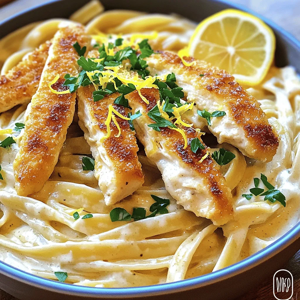 Classic Chicken Alfredo needs just a few key items to shine. Here are the essentials: - 2 boneless, skinless chicken breasts - 8 ounces fettuccine pasta - 2 cups heavy cream - 1 cup freshly grated Parmesan cheese - 4 tablespoons unsalted butter - 3 cloves garlic, minced - Salt and pepper to taste - Fresh parsley, chopped (for garnish) - 1 teaspoon Italian seasoning - Zest of 1 lemon (for a fresh twist) When picking chicken, look for fresh, plump breasts. They should feel firm and have no smell. For pasta, choose high-quality fettuccine. Fresh pasta cooks faster, while dried pasta has a longer shelf life. If you have dietary needs, you can make swaps. Try grilled tofu instead of chicken for a vegetarian option. For a lighter dish, use half-and-half in place of heavy cream. You can also use gluten-free pasta if you prefer. Check out the Full Recipe for more details on cooking this creamy delight. 1. Season the Chicken: Start by seasoning your chicken breasts with salt, pepper, and Italian seasoning. Make sure to coat both sides well for maximum flavor. 2. Cook the Chicken: Heat 2 tablespoons of butter in a large skillet over medium heat. Add the seasoned chicken breasts. Cook for about 7-8 minutes on each side until they are golden brown and fully cooked. After cooking, take them out of the skillet and let them rest. Once cool, slice the chicken into strips. 3. Cook the Fettuccine: In a large pot, bring salted water to a boil. Add 8 ounces of fettuccine pasta. Cook according to the package instructions until it reaches al dente. After cooking, drain the pasta and set it aside. Be sure to save 1/2 cup of the pasta cooking water for later. 4. Make the Alfredo Sauce: In the same skillet you used for the chicken, melt the remaining 2 tablespoons of butter over medium heat. Add 3 cloves of minced garlic and sauté for about 1 minute until fragrant. 5. Add Heavy Cream: Pour in 2 cups of heavy cream. Bring it to a gentle simmer. Then, stir in 1 cup of freshly grated Parmesan cheese. Mix until the sauce becomes creamy. If it feels too thick, add a bit of the reserved pasta water to reach your desired consistency. 6. Combine Ingredients: Add the cooked fettuccine to the skillet. Toss gently to coat the noodles in the creamy sauce. Mix in the sliced chicken and sprinkle the zest of 1 lemon over the top for a fresh twist. 7. Taste and Adjust: Before serving, taste the dish. Adjust seasoning with more salt or pepper if needed. 8. Serve Hot: Plate the dish in a large pasta bowl. Garnish with chopped parsley for a pop of color. You can also top it with extra Parmesan cheese for added flavor. - Perfect Chicken Texture: To achieve tender chicken, let it rest after cooking. This keeps the juices inside, making it juicy and flavorful. - Creamy Sauce Techniques: Use fresh Parmesan cheese for the best flavor and texture. Stir the sauce over medium heat and watch for a smooth consistency. If your sauce is too thick, add a little reserved pasta water until it’s just right. - Plating: Serve the pasta in a large bowl. Add a sprinkle of parsley and extra Parmesan on top for an appealing look. - Side Dishes: Pair your Classic Chicken Alfredo with a simple green salad or garlic bread. These sides balance the richness of the dish and add freshness to your meal. To make your Classic Chicken Alfredo stand out, try adding a few extra flavors. Here are some ideas: - Use fresh herbs like basil or thyme for a bright taste. - Add a pinch of nutmeg to your sauce for warmth. - Toss in sautéed mushrooms or spinach for texture. - A splash of white wine can deepen the flavor. If you want to adjust the creaminess of the sauce, think about the heavy cream. For a thicker sauce, reduce it on the stove longer. If it’s too thick, add a bit of reserved pasta water to loosen it up. Just remember, a little goes a long way! Some common mistakes can ruin your Chicken Alfredo. Here’s what to watch out for: - Don’t overcook the chicken; it can become dry. Cook it until golden brown and juicy. - Avoid boiling the sauce too fast. This can cause it to separate or curdle. - Use fresh Parmesan cheese. Pre-grated cheese doesn’t melt well. If your sauce breaks, don't panic! You can fix it by whisking in a little warm cream or pasta water. This helps bring the sauce back together. Just keep stirring until it’s smooth again. These tips will help you create a delicious and creamy Chicken Alfredo that everyone will love! If you want to see how it all comes together, check out the Full Recipe. {{image_2}} You can change up your Classic Chicken Alfredo in fun ways. Try adding vegetables like broccoli or spinach. These add color and nutrition. You can also swap the chicken with shrimp or salmon for a seafood twist. If you want a lighter dish, use whole wheat pasta. You can also try dairy-free options. Use almond milk or coconut cream instead of heavy cream. Nutritional yeast can replace Parmesan cheese for a cheesy flavor without dairy. Alfredo sauce has many faces around the world. In Italy, it’s often just butter and cheese. In the U.S., we add cream for richness. You can bring global flavors into your dish. Add spices like curry for a unique twist. Another idea is to mix in some sun-dried tomatoes or olives. These ingredients can give your dish a Mediterranean flair. Experimenting with flavors makes cooking fun and exciting. Check out the Full Recipe for a classic take and get inspired! To store Classic Chicken Alfredo, let it cool first. Place it in an airtight container. This helps keep the meal fresh and tasty. Store it in the fridge for up to three days. When you want to reheat, use a skillet over low heat. Add a splash of cream or milk to keep it creamy. Stir often to prevent it from sticking. You can also use a microwave. Heat it in short bursts, stirring in between. This method also helps keep the sauce smooth. To freeze Alfredo pasta, let it cool completely. Portion it into freezer-safe bags or containers. Remove as much air as you can to prevent freezer burn. It can stay frozen for up to three months. When you're ready to eat, take it out and thaw it in the fridge overnight. For reheating, use the stovetop or microwave. If using the stovetop, add a bit of cream or milk. This will help restore the creamy texture. Stir it well as you heat. Enjoy your Classic Chicken Alfredo even after freezing! What is the origin of Chicken Alfredo? Chicken Alfredo comes from Italy. The dish started with fettuccine and butter. It became popular in America when cream got added. Now, we enjoy it with chicken for extra flavor and protein. Can I make Classic Chicken Alfredo ahead of time? Yes, you can make it ahead. Cook the chicken and pasta, then store them separately. Prepare the sauce just before serving for the best taste. What to serve with Classic Chicken Alfredo? Pair it with a light salad or garlic bread. These sides add freshness and crunch. A glass of white wine also goes well with this meal. How can I make Chicken Alfredo healthier? You can use whole wheat pasta for more fiber. Swap heavy cream with milk or a nut milk. Add vegetables like spinach or broccoli for extra nutrients. What to do if the sauce separates? If the sauce separates, it might be too hot. Remove it from heat and whisk in a bit of pasta water. This can help blend it back together. How to fix overly salty Alfredo? To fix salty Alfredo, add more cream or a bit of milk. You can also add cooked pasta to absorb some salt. Adjust slowly for the best flavor. Classic Chicken Alfredo combines simple ingredients with easy steps. You learned how to choose the best chicken and pasta, make a creamy sauce, and avoid common mistakes. With tips for enhancing flavor and storing leftovers, this dish can suit any palate. Remember, you can customize it with veggies or proteins to fit your needs. Don’t be afraid to make it your own. Enjoy your cooking and embrace the variations to keep things fresh!