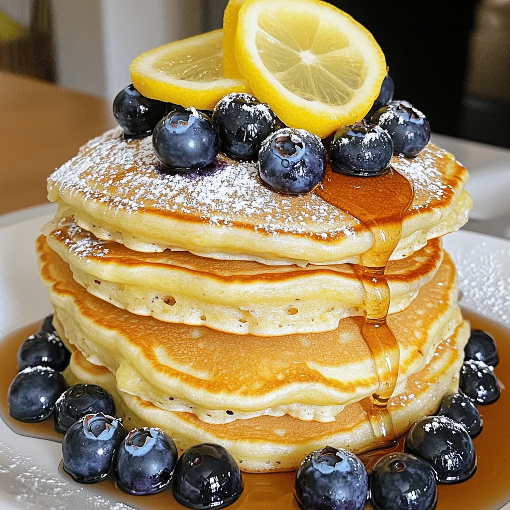 Making Lemon Blueberry Pancakes is simple and fun. Here are the ingredients you will need: - 1 cup all-purpose flour - 2 tablespoons sugar - 1 tablespoon baking powder - 1/2 teaspoon baking soda - 1/4 teaspoon salt - 1 cup buttermilk - 1 large egg - 2 tablespoons melted butter - Zest of 1 lemon - 2 tablespoons fresh lemon juice - 1 cup fresh blueberries (or frozen, thawed) - Additional butter or oil for cooking These ingredients blend together to create a fluffy, zesty pancake. The lemon zest and juice add a bright flavor that pairs perfectly with the sweet blueberries. The buttermilk gives the pancakes a soft texture. Make sure you gather everything before you start. It helps keep the cooking process smooth and enjoyable. You can find the full recipe details later in the article. Enjoy the process and get ready for a delicious breakfast! - Step 1: Whisk dry ingredients Start by taking a large bowl. Add 1 cup of all-purpose flour, 2 tablespoons of sugar, 1 tablespoon of baking powder, 1/2 teaspoon of baking soda, and 1/4 teaspoon of salt. Whisk these together until they blend well. This helps the pancakes rise nicely. - Step 2: Combine wet ingredients In another bowl, mix 1 cup of buttermilk, 1 large egg, and 2 tablespoons of melted butter. Add the zest of 1 lemon and 2 tablespoons of fresh lemon juice. Stir until everything is well combined. This mix gives your pancakes a rich flavor. - Step 3: Mix wet and dry ingredients Now, pour the wet mix into the dry ingredients. Gently stir until just combined. It’s okay if there are small lumps. Overmixing can make your pancakes tough, and we want them fluffy. - Step 4: Fold in blueberries Carefully add 1 cup of fresh blueberries to your batter. Gently fold them in so they spread evenly. This adds bursts of sweet and tangy flavor in each bite. - Step 5: Heat skillet and grease Preheat your non-stick skillet over medium heat. Add a little butter or oil to grease the pan. This will help the pancakes cook evenly and not stick. - Step 6: Pour batter and cook For each pancake, pour about 1/4 cup of batter onto the skillet. Watch for bubbles to form on the surface. This usually takes about 2-3 minutes. The edges should look set when it’s time to flip. - Step 7: Flip pancakes and finish cooking Gently flip the pancakes over. Cook for another 2-3 minutes until they turn golden brown. Check to see if they are cooked through by inserting a toothpick. If it comes out clean, your pancakes are ready! For the complete recipe, please refer to the Full Recipe section. Enjoy your cooking! - Avoid overmixing the batter: Mix just until the wet and dry parts blend. Lumps are okay. Overmixing makes pancakes tough instead of fluffy. - Adjust heat for even cooking: Start with medium heat. If pancakes brown too fast, lower the heat. You want a nice, golden color. - Use fresh or thawed blueberries: Fresh blueberries burst with flavor. If using frozen, thaw them first. This keeps the batter nice and thick. - Presentation ideas for serving: Stack pancakes high on a plate. Dust with powdered sugar. Add fresh blueberries and a lemon slice for color. - Recommended toppings: Drizzle with maple syrup for sweetness. A homemade lemon glaze adds zing. You can also top with whipped cream or Greek yogurt for creaminess. These tips will help you make the best lemon blueberry pancakes! For the full recipe, check out the details above. Enjoy your cooking! {{image_2}} If you want to make your lemon blueberry pancakes gluten-free, use a gluten-free flour blend. Check the package instructions for the right amount. Often, you can replace the all-purpose flour with a 1:1 blend. This keeps the texture light and fluffy. For a vegan option, swap the egg for a flax egg. To make a flax egg, mix 1 tablespoon of ground flaxseed with 2.5 tablespoons of water. Let it sit for five minutes to thicken. You can also use plant-based milk instead of buttermilk. Almond milk or oat milk works well here. You can change up the fruits in your pancakes. Try mixing in strawberries, raspberries, or even peaches for a twist. Each fruit adds its unique taste, making breakfast exciting. Another great idea is to add spices. A dash of cinnamon brings warmth, while a splash of vanilla extract gives sweetness. These flavors enhance the lemon and blueberry, making each bite special. For the full recipe, check out the details above! To keep your leftover pancakes fresh, first let them cool. Once they are cool, stack them with parchment paper in between. This helps stop them from sticking together. Then, place the stack in an airtight container or a zip-top bag. You can refrigerate them for up to three days. If you want to store them for longer, freeze the pancakes. Use the same stacking method with parchment paper. Then, place the stack in a freezer-safe bag. Label the bag with the date, so you know when you made them. Frozen pancakes can last for up to two months. When you are ready to eat, reheating is easy. For quick reheating, use a microwave. Heat them for about 30 seconds, checking if they are warm. If you prefer a crispy edge, use a skillet. Just warm them over medium heat for a couple of minutes on each side. Lemon blueberry pancakes stay fresh for a good time if stored right. In the fridge, they last about three days. If you freeze them, they can remain good for up to two months. Always check for any signs of spoilage, like off smells or discoloration, before eating. For the best taste, enjoy your pancakes fresh, but storing them well ensures you can savor them later. To make lemon blueberry pancakes fluffier, use buttermilk. Buttermilk adds moisture and lightness. Also, don’t overmix the batter. Stir gently until just combined. Leaving some lumps helps keep the pancakes airy. You can separate the egg, whip the white, and fold it in at the end for extra fluff. This method makes a big difference in texture. Yes, you can use frozen blueberries. Thaw them first and drain any extra juice. This keeps your batter from turning too blue. Frozen blueberries are a great option, especially when fresh ones are out of season. They still provide that sweet burst in every bite. Serve lemon blueberry pancakes with maple syrup. The sweet syrup complements the tart lemon. Add whipped cream for a rich touch. Fresh berries on top add color and flavor. Another great idea is a drizzle of lemon glaze for a zesty finish. You can also serve them with yogurt for a creamy side. To store leftover pancake batter, cover it tightly with plastic wrap or a lid. Keep it in the fridge for up to two days. When ready to use, stir it gently. If it thickens, add a splash of buttermilk to loosen it up. Avoid storing cooked pancakes in the batter; they need different storage methods. You have learned how to make tasty lemon blueberry pancakes. We covered the right ingredients, easy steps, and helpful tips. Remember to mix well but not too much, and adjust your heat for the best results. You can add your own twist with flavors or even dietary changes. Lastly, store any leftovers for fun morning meals later. Now, grab your ingredients and enjoy making these pancakes!
