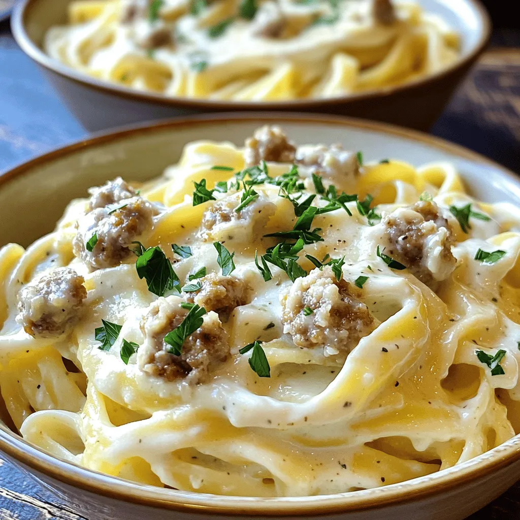 To make a great Sausage Alfredo Pasta, you need some key ingredients. Here’s what you’ll need: - 8 oz fettuccine pasta - 2 sausages (Italian or chicken), casings removed - 2 tablespoons olive oil - 2 cloves garlic, minced - 1 cup heavy cream - 1/2 cup grated Parmesan cheese - 1/4 cup cream cheese, softened - 1 teaspoon dried oregano - 1 teaspoon dried basil - Salt and pepper to taste - Fresh parsley, chopped (for garnish) These ingredients create a creamy, rich sauce that pairs perfectly with pasta. You can add more flavor to your dish with some optional ingredients. Consider these: - Red pepper flakes for heat - Sliced mushrooms for extra texture - Spinach or kale for a nutrient boost - Lemon zest for brightness These ingredients can elevate your dish and make it unique. Having the right tools makes cooking easier. Here’s what I recommend: - Large pot for boiling pasta - Large skillet for cooking sausage and sauce - Wooden spoon for stirring - Measuring cups and spoons for accuracy - Colander for draining pasta Using these tools will help you make this dish efficiently. For the complete recipe, check out the Full Recipe. Start by gathering all the ingredients. You need fettuccine pasta, sausage, olive oil, and garlic. Don't forget the heavy cream and cheese. Grab some dried herbs and salt, too. These add great flavor. Next, boil a large pot of salted water. This water will cook the pasta. Once it boils, add the fettuccine. Cook it according to the package instructions until it's al dente. This usually takes around 8-10 minutes. After cooking, drain the pasta and set it aside. Remember to save 1/2 cup of the pasta water for later. Now, heat olive oil in a large skillet over medium heat. Add the sausage to the pan. Use a wooden spoon to break it apart. Cook until it turns brown and is fully cooked, about 7-8 minutes. Once the sausage is ready, add the minced garlic. Cook it for another 1-2 minutes. This will make your kitchen smell amazing! Next, lower the heat to medium-low. Pour in the heavy cream. Add the cream cheese, stirring until it melts and mixes well. Gradually add the grated Parmesan cheese. Keep stirring until the sauce is smooth. Now, season the sauce. Add dried oregano, dried basil, salt, and pepper. Taste it and adjust the seasoning. If the sauce is too thick, add a splash of the reserved pasta water. This helps get the right texture. It's time to combine everything. Add the cooked fettuccine to the skillet. Toss the pasta in the sauce until it's coated well. Make sure every noodle is covered in that creamy goodness. Now, you can serve the creamy sausage Alfredo pasta. Place it in bowls and garnish with fresh parsley and extra Parmesan if you like. This dish looks great and tastes even better! To make a smooth Alfredo sauce, use heavy cream. Heat it gently. Mix in cream cheese for a rich taste. Stir in grated Parmesan cheese slowly. This keeps the sauce creamy. If it gets too thick, add a splash of reserved pasta water. Taste it and adjust the seasoning. A pinch of salt and pepper can make all the difference. For extra flavor, add a hint of nutmeg. This small touch makes your sauce special. Fettuccine is the classic choice for Alfredo. Its wide shape holds the sauce well. You can also use penne or rigatoni. These shapes trap the sauce inside. If you like a lighter option, try whole wheat or gluten-free pasta. Each type adds its unique taste and texture. Choose high-quality sausage for the best flavor. Italian sausage adds a nice spice. Chicken sausage gives a lighter choice. Remove the casings before cooking. This helps the sausage cook evenly. Use a wooden spoon to break it up in the pan. Cook until it's browned and no longer pink. This step is key for flavor. Don’t rush it; give it time to caramelize. This adds a depth that everyone will love. {{image_2}} You can swap regular sausage for vegetarian options. Try plant-based sausage or lentils. Both add great taste and texture. These swaps keep the dish hearty and satisfying. Plus, they make the meal friendly for all eaters. Boost your meal's nutrition by adding veggies. Spinach, broccoli, or peas work well. Just toss them in when cooking the sausage. They cook quickly and add color. You can also add beans for more fiber. These additions make your dinner even healthier. Fettuccine is classic, but other pasta shapes shine too. Try penne, rigatoni, or even whole wheat pasta. Each brings a new twist to the dish. Different shapes hold sauce in unique ways, making each bite special. Experimenting with pasta styles can keep family dinner fun. You can find the full recipe for this delicious dish online. You can store leftover Sausage Alfredo Pasta in an airtight container. Make sure it cools down first. It keeps well in the fridge for up to three days. You can enjoy it warm or cold. If you want to eat it later, try not to add too much sauce initially. This way, it won't get soggy in the fridge. To freeze your pasta, place it in a freezer-safe container. Leave some space at the top for expansion. It can last up to three months in the freezer. When you are ready to eat, thaw it overnight in the fridge. Reheat it on the stove over low heat. Add a splash of cream or water to keep it creamy. Stir gently until heated through. To keep your Sausage Alfredo Pasta fresh, store it in the fridge right away. Avoid leaving it out for more than two hours. If you have extra sauce, store it separately. This method helps to keep the pasta from getting too soggy. When reheating, check the temperature. It should be at least 165°F (74°C) to ensure safety. For the best taste, consume it within a few days. Enjoy your delicious meal! For the full recipe, see the main article. Making Sausage Alfredo Pasta is quick. From start to finish, it takes about 30 minutes. You only need 10 minutes to prep and 20 minutes to cook. This makes it a great choice for busy weeknights or family dinners. Yes, you can use different cheeses. Mozzarella adds a nice stretch. Gouda offers a smoky flavor. You can even try a blend of cheeses for a richer taste. Just remember to keep some Parmesan for that classic Alfredo flavor. Absolutely! You can make this dish dairy-free. Use coconut cream instead of heavy cream. For cheese, look for dairy-free substitutes. Nutritional yeast can add a cheesy flavor too. Just ensure your sausage is also dairy-free. In this blog post, we covered making Sausage Alfredo Pasta from start to finish. We explored essential ingredients, cooking steps, and helpful tips to make your dish stand out. I shared how to adapt the recipe for different diets and how to store leftovers for later. Remember, cooking is fun, so feel free to experiment. Enjoy creating your own version of this classic dish, and don’t hesitate to share your results with others!