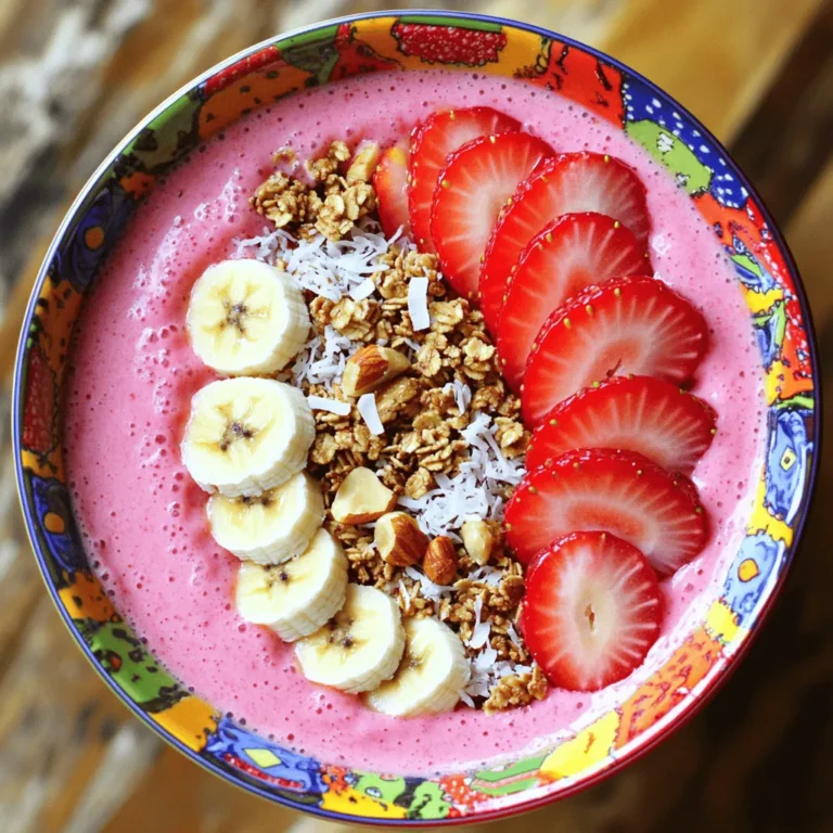 To make a delicious strawberry banana smoothie bowl, you will need: - 1 cup fresh strawberries, hulled - 1 ripe banana, sliced - 1 cup Greek yogurt (or almond yogurt for a dairy-free option) - ½ cup almond milk (or any milk of your choice) - 1 tablespoon honey or maple syrup - 1 tablespoon chia seeds - Toppings: sliced fresh strawberries, banana slices, granola, shredded coconut, and nuts (almonds or walnuts) This smoothie bowl is not just tasty; it's also healthy! It provides protein, fiber, and essential vitamins. The Greek yogurt adds protein and calcium. Strawberries and bananas give you vitamins C and B6. Chia seeds are a great source of omega-3 fatty acids. These nutrients help your body stay strong and energized. You can easily switch some ingredients. If you don't have Greek yogurt, try almond yogurt or regular yogurt. Any milk works, so use oat or soy milk if you prefer. If you want a sweeter bowl, use agave syrup instead of honey. For toppings, you can use any fruit you like. Try blueberries, kiwi, or even mango for a twist. These small changes keep the recipe fun and fresh! To make your Strawberry Banana Smoothie Bowl, first, gather the ingredients. You will need fresh strawberries, a ripe banana, Greek yogurt, almond milk, honey, and chia seeds. 1. Blend the Base: Start by adding the hulled strawberries, sliced banana, Greek yogurt, and almond milk to your blender. 2. Add Sweetness: Next, add honey or maple syrup and the chia seeds to the mix. 3. Blend Away: Blend everything on high until it is smooth and creamy. If it’s too thick, add more almond milk to reach your preferred texture. 4. Pour It Out: Once blended, pour the smoothie mixture into a bowl. To get a perfect blend, make sure your blender is powerful. Here are some tips: - Layer Wisely: Always add liquids first. This helps the blades move freely. - Use Frozen Fruit: If you want a thicker texture, try using frozen strawberries or bananas. - Pulse Before Blending: If your blender has a pulse option, use it first. This breaks down the ingredients before blending fully. Making your smoothie bowl look good is important. Here’s how to do it: - Topping Arrangement: Start by placing a ring of sliced strawberries and bananas on top. - Add Crunch: Scatter granola around the edges for a nice crunch. - Final Touches: In the center, add shredded coconut and some nuts for extra flavor. - Garnish: For a fresh look, consider adding a sprig of mint or a colorful spoon next to the bowl. Displaying on a bright plate enhances the visual appeal. Follow these steps to make a delicious and beautiful Strawberry Banana Smoothie Bowl. You can find the full recipe above for all the details! When picking strawberries, look for bright red color. The berries should be firm and plump. Avoid any with white spots or mold. The green tops should be fresh and green. For bananas, choose ones that are yellow with some brown spots. This means they are sweet but not overripe. A firm, yellow banana gives the best flavor. You can make this smoothie bowl ahead of time. Blend the smoothie mixture and store it in the fridge. Use an airtight container to keep it fresh. It lasts about one day. If you want to store it longer, freeze the smoothie. Just remember to leave space in the container for expansion. When ready to eat, let it thaw in the fridge overnight. To make your smoothie bowl even better, try adding extras. A scoop of nut butter can add richness. You can also mix in spinach for extra nutrients. Another fun option is to include a splash of vanilla extract. For a tropical twist, add some pineapple or mango. These flavors blend well with the strawberries and bananas. You can find the full recipe [here]. {{image_2}} You can use many types of yogurt in your smoothie bowl. Greek yogurt gives a thick and creamy texture. It has more protein than regular yogurt. If you want a lighter option, try plain yogurt. For a dairy-free choice, almond yogurt works great. Coconut yogurt adds a tropical flavor. You can also use soy or cashew yogurt for a different taste. Experiment with these options to find your favorite! Seasonal fruits can make your smoothie bowl even better. In spring, try adding fresh peaches or cherries. In summer, blueberries and raspberries add a nice touch. Fall brings apples and pears, which mix well with bananas. Winter is perfect for citrus fruits like oranges or tangerines. You can also use frozen fruits if fresh ones aren’t available. Just add them in the blender with your other ingredients for a cool, refreshing bowl. Toppings are key to making your smoothie bowl fun and tasty. Sliced fruits like strawberries and bananas are classic. Granola adds a nice crunch. You can use shredded coconut for a tropical flair. Nuts, like almonds or walnuts, provide healthy fats and more texture. Seeds, such as pumpkin or sunflower seeds, also work well. For a sweet touch, drizzle honey or maple syrup on top. Get creative and mix your favorite toppings for a unique bowl! To keep your strawberry banana smoothie bowl fresh, store it in the fridge. Use an airtight container to stop any air from getting in. This helps keep the flavors strong and the texture nice. If you have toppings, store them separate. This way, they stay crunchy and fresh. You can freeze smoothie bowls if you want to save some for later. Pour the smoothie mixture into a freezer-safe container. Leave some space at the top, as the mixture will expand. To enjoy later, thaw it in the fridge overnight. Blend it again if needed to make it smooth. The best containers for smoothie bowl storage are glass or BPA-free plastic. Glass containers don’t stain or hold odors. Plastic is lighter and easier to handle. Look for containers with tight-fitting lids to keep your smoothie bowl fresh. Choose sizes that fit your needs, whether for single servings or sharing. You can use almond yogurt for a dairy-free option. It has a creamy texture. You can also try coconut yogurt or soy yogurt. Each option adds its own flavor. Just pick one you like best! Yes, you can make it vegan! Use almond yogurt and maple syrup instead of honey. Swap regular milk for any plant-based milk. Your smoothie bowl will still taste great and be fully vegan. A smoothie bowl lasts about one day in the fridge. It tastes best when fresh. If you store it, cover it tightly to keep it from getting brown. Give it a good stir before eating again. In this blog post, we explored how to make a tasty strawberry banana smoothie bowl. We covered the key ingredients, nutritional tips, and substitutions you can try. I shared easy steps for preparation and blending to achieve a smooth texture. We also discussed how to enhance flavor and present your bowl beautifully. Don't forget to try different toppings and seasonal fruits! Remember, you can store leftovers or freeze them for later. Enjoy this delicious bowl while experimenting with your favorite flavors and textures!