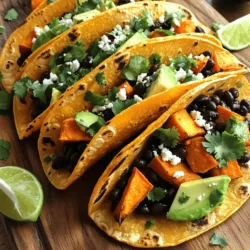 - 2 medium sweet potatoes, peeled and diced - 1 can (15 ounces) black beans, rinsed and drained - 1 tablespoon olive oil - 1 teaspoon cumin - 1 teaspoon paprika - 1/2 teaspoon garlic powder - 1/2 teaspoon chili powder - Salt and pepper to taste - 8 small corn tortillas - 1/4 cup cilantro, chopped - 1 avocado, sliced - Lime wedges for serving - Optional: 1/2 cup feta cheese or vegan cheese for topping These ingredients make the tacos tasty and healthy. Sweet potatoes offer fiber and vitamins. They are sweet, creamy, and filling. Black beans add protein and help balance the dish. The spices bring warmth and flavor. Olive oil helps cook the sweet potatoes and adds richness. Each taco has about 200 calories. They contain around 8 grams of protein and 30 grams of carbs. Fats are about 6 grams, mostly from the olive oil and avocado. Sweet potatoes are rich in vitamin A. They support good vision and skin health. Black beans provide iron and magnesium. They help with muscle function and energy. You will need a baking sheet to roast the sweet potatoes. A saucepan heats the black beans. A skillet warms the tortillas. Use measuring cups and spoons for accuracy. This simple equipment makes the cooking process easy. For the full recipe, you can check the Sweet Potato Black Bean Tacos. 1. First, preheat your oven to 400°F (200°C). This makes sure the sweet potatoes roast well. 2. Next, peel and dice the sweet potatoes. Grab a baking sheet and toss the sweet potatoes with olive oil, cumin, paprika, garlic powder, chili powder, salt, and pepper. Make sure each piece is coated evenly. 1. Spread the sweet potatoes in one layer on the baking sheet. Roast them for 25-30 minutes. Flip them halfway to get a nice crisp. 2. Meanwhile, heat a medium saucepan over medium heat. Add the rinsed black beans with a pinch of salt and pepper. Stir and cook for about five minutes until they are warm. 1. Take the corn tortillas and warm them in a skillet. Heat them for about 30 seconds on each side. This makes them soft and easy to fold. 2. Now, layer the roasted sweet potatoes and black beans on each tortilla. 3. To finish, add fresh cilantro, sliced avocado, and optional feta cheese on top. 4. Serve with lime wedges on the side for a zesty kick! For the complete recipe, check out the Full Recipe link. Enjoy making these tasty tacos! Roasting sweet potatoes is key for flavor. Cut them into small, even pieces. This helps them cook evenly. Toss the sweet potatoes with olive oil and spices. Spread them out on a baking sheet. Avoid crowding them. This allows for better roasting. Bake at 400°F for 25-30 minutes. Flip them halfway for even crispiness. For heating tortillas, use a skillet. Warm them for about 30 seconds on each side. This makes them soft and pliable. You can also wrap them in a damp paper towel. Microwave for about 20 seconds. This method works well too. To boost flavor, add spices like cayenne or smoked paprika. You can also drizzle hot sauce for a kick. Think about lime juice for a fresh taste. Customizing toppings can make a big difference. Try adding shredded cabbage or salsa. If you love cheese, feta or vegan cheese can work wonders. One common mistake is overcooking sweet potatoes. This makes them mushy. Check for tenderness but keep them a bit firm. Another mistake is underseasoning black beans. They need salt and spices to shine. Always taste your beans before serving. Adjust seasoning as needed. These simple tips can elevate your tacos! {{image_2}} You can easily make these tacos vegan. If you want to skip the cheese, try using avocado or nutritional yeast. Avocado adds creaminess and healthy fats. Nutritional yeast gives a cheesy flavor without dairy. Both options keep your tacos rich and tasty. For plant-based protein, you can use lentils or chickpeas. Both are nutritious and fill you up. Just cook them with some spices to add flavor. This way, you create a satisfying meal that everyone can enjoy. If you need gluten-free tacos, choose gluten-free tortillas. Many brands offer great options made from corn or brown rice. They work just as well as regular tortillas. Feel free to swap other ingredients too. Use quinoa instead of beans or add extra veggies like bell peppers. These changes keep your tacos tasty and safe for those with gluten allergies. You can change your tacos based on the season. In summer, try adding fresh corn or zucchini. In fall, swap black beans for pinto beans or kidney beans. Each season brings unique flavors to your dish. You can also change the spices. Try adding cinnamon or nutmeg in fall. For a summer twist, use fresh herbs like basil or cilantro. These small changes can create new and exciting flavor profiles. For the full recipe, check the detailed instructions that guide you through every step. To keep your Sweet Potato Black Bean Tacos fresh, refrigerate them within two hours of cooking. Place the tacos in an airtight container. This helps maintain their flavor and texture. You can also store the filling separately from the tortillas. This prevents soggy shells. To reheat your tacos, preheat your oven to 350°F (175°C). Place the tacos on a baking sheet and cover them with foil. Heat for about 10-15 minutes. This keeps the tortillas from getting too hard. You can also use a microwave. Heat tacos for 30 seconds, then check if they’re warm enough. If not, heat for another 15 seconds. Yes, you can freeze Sweet Potato Black Bean Tacos. Wrap each taco tightly in plastic wrap. Place them in a freezer-safe bag. They can last for up to three months. When you’re ready to eat, thaw them in the fridge overnight. Reheat them in the oven or microwave. This way, they taste fresh! For the full recipe, check the earlier section. Sweet Potato Black Bean Tacos can last for about 3 to 5 days in the fridge. To keep them fresh, store them in an airtight container. Make sure to separate the toppings from the tacos. This helps keep the tortillas from getting soggy. When you reheat, check for any signs of spoilage, like bad smells or discoloration. Always prioritize food safety! Yes, you can make these tacos ahead of time. For easy meal prep, cook the sweet potatoes and black beans in advance. Store them in separate containers in the fridge. When you're ready to eat, just warm them up. Heat the corn tortillas on a skillet for a few seconds. This makes assembly quick and easy! If you want to switch things up, you can use other beans. Pinto beans or kidney beans are great options. You can also try lentils for a different texture. For a protein boost, shredded chicken or ground turkey works well too. These substitutes will still make your tacos tasty! These Sweet Potato Black Bean Tacos are easy to make and tasty. You start by gathering simple ingredients, like sweet potatoes and black beans. You learned how to prepare, cook, and serve them nicely. I also shared tips for cooking and storing leftovers. With these steps, you can enjoy a healthy meal anytime. Remember, you can always adjust the recipe to match your taste. Now, it’s time to try them out and make them your own!