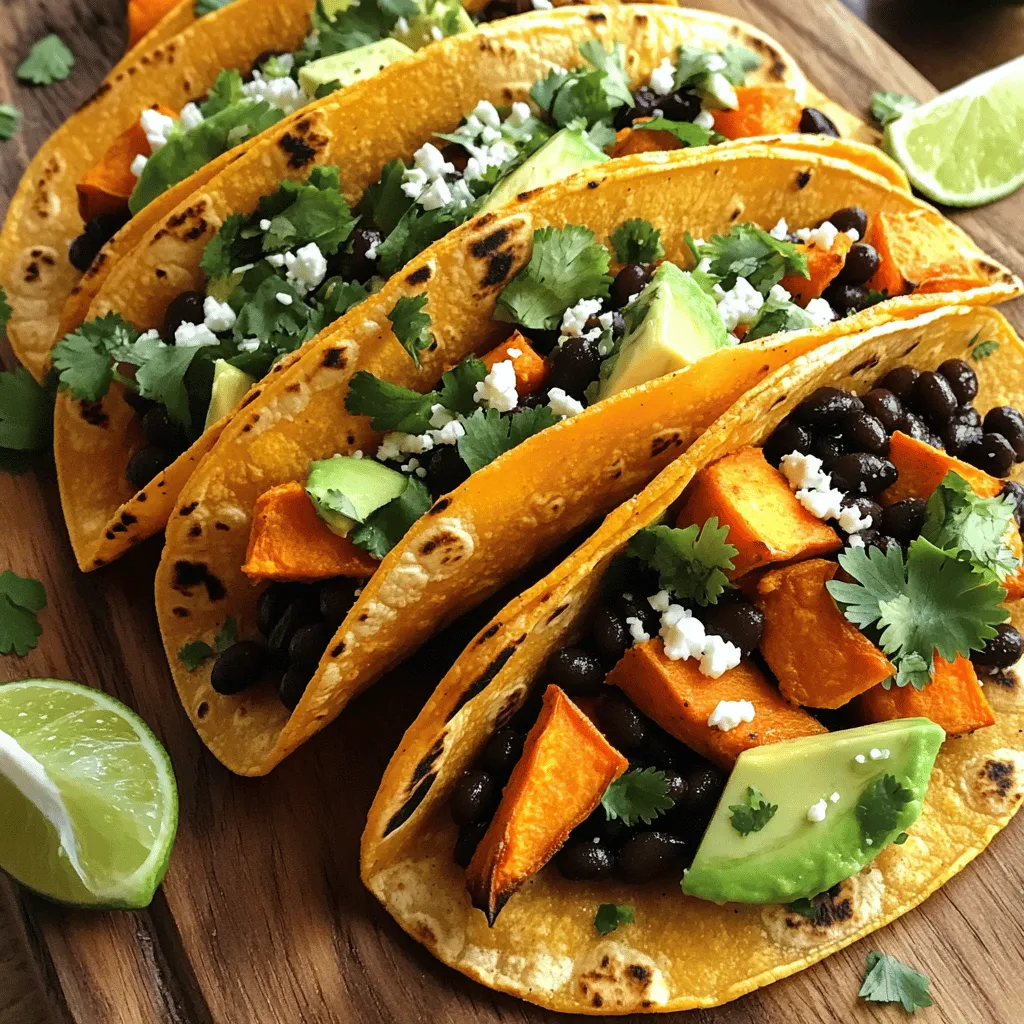 - 2 medium sweet potatoes, peeled and diced - 1 can (15 ounces) black beans, rinsed and drained - 1 tablespoon olive oil - 1 teaspoon cumin - 1 teaspoon paprika - 1/2 teaspoon garlic powder - 1/2 teaspoon chili powder - Salt and pepper to taste - 8 small corn tortillas - 1/4 cup cilantro, chopped - 1 avocado, sliced - Lime wedges for serving - Optional: 1/2 cup feta cheese or vegan cheese for topping These ingredients make the tacos tasty and healthy. Sweet potatoes offer fiber and vitamins. They are sweet, creamy, and filling. Black beans add protein and help balance the dish. The spices bring warmth and flavor. Olive oil helps cook the sweet potatoes and adds richness. Each taco has about 200 calories. They contain around 8 grams of protein and 30 grams of carbs. Fats are about 6 grams, mostly from the olive oil and avocado. Sweet potatoes are rich in vitamin A. They support good vision and skin health. Black beans provide iron and magnesium. They help with muscle function and energy. You will need a baking sheet to roast the sweet potatoes. A saucepan heats the black beans. A skillet warms the tortillas. Use measuring cups and spoons for accuracy. This simple equipment makes the cooking process easy. For the full recipe, you can check the Sweet Potato Black Bean Tacos. 1. First, preheat your oven to 400°F (200°C). This makes sure the sweet potatoes roast well. 2. Next, peel and dice the sweet potatoes. Grab a baking sheet and toss the sweet potatoes with olive oil, cumin, paprika, garlic powder, chili powder, salt, and pepper. Make sure each piece is coated evenly. 1. Spread the sweet potatoes in one layer on the baking sheet. Roast them for 25-30 minutes. Flip them halfway to get a nice crisp. 2. Meanwhile, heat a medium saucepan over medium heat. Add the rinsed black beans with a pinch of salt and pepper. Stir and cook for about five minutes until they are warm. 1. Take the corn tortillas and warm them in a skillet. Heat them for about 30 seconds on each side. This makes them soft and easy to fold. 2. Now, layer the roasted sweet potatoes and black beans on each tortilla. 3. To finish, add fresh cilantro, sliced avocado, and optional feta cheese on top. 4. Serve with lime wedges on the side for a zesty kick! For the complete recipe, check out the Full Recipe link. Enjoy making these tasty tacos! Roasting sweet potatoes is key for flavor. Cut them into small, even pieces. This helps them cook evenly. Toss the sweet potatoes with olive oil and spices. Spread them out on a baking sheet. Avoid crowding them. This allows for better roasting. Bake at 400°F for 25-30 minutes. Flip them halfway for even crispiness. For heating tortillas, use a skillet. Warm them for about 30 seconds on each side. This makes them soft and pliable. You can also wrap them in a damp paper towel. Microwave for about 20 seconds. This method works well too. To boost flavor, add spices like cayenne or smoked paprika. You can also drizzle hot sauce for a kick. Think about lime juice for a fresh taste. Customizing toppings can make a big difference. Try adding shredded cabbage or salsa. If you love cheese, feta or vegan cheese can work wonders. One common mistake is overcooking sweet potatoes. This makes them mushy. Check for tenderness but keep them a bit firm. Another mistake is underseasoning black beans. They need salt and spices to shine. Always taste your beans before serving. Adjust seasoning as needed. These simple tips can elevate your tacos! {{image_2}} You can easily make these tacos vegan. If you want to skip the cheese, try using avocado or nutritional yeast. Avocado adds creaminess and healthy fats. Nutritional yeast gives a cheesy flavor without dairy. Both options keep your tacos rich and tasty. For plant-based protein, you can use lentils or chickpeas. Both are nutritious and fill you up. Just cook them with some spices to add flavor. This way, you create a satisfying meal that everyone can enjoy. If you need gluten-free tacos, choose gluten-free tortillas. Many brands offer great options made from corn or brown rice. They work just as well as regular tortillas. Feel free to swap other ingredients too. Use quinoa instead of beans or add extra veggies like bell peppers. These changes keep your tacos tasty and safe for those with gluten allergies. You can change your tacos based on the season. In summer, try adding fresh corn or zucchini. In fall, swap black beans for pinto beans or kidney beans. Each season brings unique flavors to your dish. You can also change the spices. Try adding cinnamon or nutmeg in fall. For a summer twist, use fresh herbs like basil or cilantro. These small changes can create new and exciting flavor profiles. For the full recipe, check the detailed instructions that guide you through every step. To keep your Sweet Potato Black Bean Tacos fresh, refrigerate them within two hours of cooking. Place the tacos in an airtight container. This helps maintain their flavor and texture. You can also store the filling separately from the tortillas. This prevents soggy shells. To reheat your tacos, preheat your oven to 350°F (175°C). Place the tacos on a baking sheet and cover them with foil. Heat for about 10-15 minutes. This keeps the tortillas from getting too hard. You can also use a microwave. Heat tacos for 30 seconds, then check if they’re warm enough. If not, heat for another 15 seconds. Yes, you can freeze Sweet Potato Black Bean Tacos. Wrap each taco tightly in plastic wrap. Place them in a freezer-safe bag. They can last for up to three months. When you’re ready to eat, thaw them in the fridge overnight. Reheat them in the oven or microwave. This way, they taste fresh! For the full recipe, check the earlier section. Sweet Potato Black Bean Tacos can last for about 3 to 5 days in the fridge. To keep them fresh, store them in an airtight container. Make sure to separate the toppings from the tacos. This helps keep the tortillas from getting soggy. When you reheat, check for any signs of spoilage, like bad smells or discoloration. Always prioritize food safety! Yes, you can make these tacos ahead of time. For easy meal prep, cook the sweet potatoes and black beans in advance. Store them in separate containers in the fridge. When you're ready to eat, just warm them up. Heat the corn tortillas on a skillet for a few seconds. This makes assembly quick and easy! If you want to switch things up, you can use other beans. Pinto beans or kidney beans are great options. You can also try lentils for a different texture. For a protein boost, shredded chicken or ground turkey works well too. These substitutes will still make your tacos tasty! These Sweet Potato Black Bean Tacos are easy to make and tasty. You start by gathering simple ingredients, like sweet potatoes and black beans. You learned how to prepare, cook, and serve them nicely. I also shared tips for cooking and storing leftovers. With these steps, you can enjoy a healthy meal anytime. Remember, you can always adjust the recipe to match your taste. Now, it’s time to try them out and make them your own!
