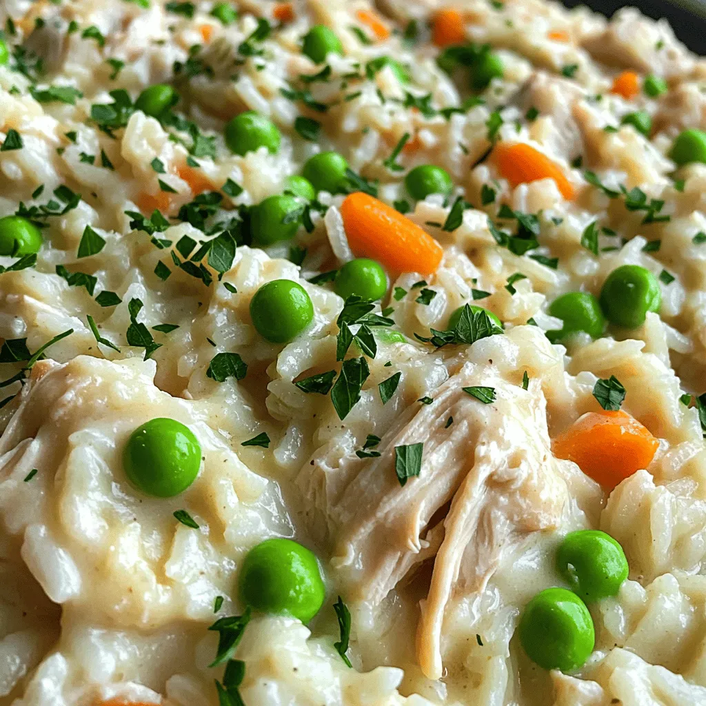 Chicken and Rice - 1 pound boneless, skinless chicken thighs - 1 cup long-grain white rice, rinsed Vegetables and Aromatics - 1 medium onion, finely chopped - 3 cloves garlic, minced - 1 cup frozen peas and carrots Seasonings and Broth - 4 cups chicken broth - 1 cup heavy cream - 1 teaspoon dried thyme - 1 teaspoon paprika - Salt and pepper to taste - 2 tablespoons olive oil - Fresh parsley, chopped (for garnish) Gathering these ingredients is key. Chicken thighs bring rich flavor and stay juicy. Rinsing the rice helps remove excess starch. This keeps the dish from being too sticky. The onion and garlic add depth. They create an inviting aroma as they cook. Frozen peas and carrots make this dish colorful and healthy. For seasonings, chicken broth is essential. It adds moisture and flavor. Heavy cream gives the dish its creamy texture. Thyme and paprika add complexity without overpowering the meal. Don't forget salt and pepper to enhance all the flavors. This combination of ingredients makes a hearty dish. It’s perfect for family dinners or meal prep. For the full recipe, follow the steps closely to ensure a tasty result. Sautéing Chicken Thighs Start by turning your Instant Pot to the Sauté setting. Pour in the olive oil and let it heat up. Once hot, season the chicken thighs with salt and pepper. Add the thighs to the pot. Sauté each side for about 4-5 minutes or until they turn golden brown. After that, remove the chicken and set it aside. Seasoning Tips Use a generous amount of salt and pepper. You can also add your favorite spices. This step builds a great flavor base for your dish. Sautéing Onions and Garlic In the same pot, add the finely chopped onion. Sauté it for 3 minutes until it becomes translucent. Now, stir in the minced garlic and cook for an additional minute. The aroma will fill your kitchen. Adding Rice and Spices Next, pour in the rinsed rice along with the dried thyme and paprika. Stir everything well for about a minute. This helps the rice absorb the flavors from the onion and garlic. Deglazing the Instant Pot Pour in the chicken broth. Use a spatula to scrape any brown bits from the bottom of the pot. This step is vital to avoid burning. Setting Up for Pressure Cooking Now, place the chicken thighs back into the pot on top of the rice mixture. Close the lid and ensure the valve is set to “Sealing.” Natural Pressure Release Select the “Manual” or “Pressure Cook” setting. Cook on high pressure for 10 minutes. After that, let the pressure naturally release for 10 minutes. Then, quick release any remaining pressure. For the full recipe, check the link provided in the article. To make your creamy chicken and rice perfect, avoid burn messages. Always deglaze your pot. After sautéing, add the broth and scrape the bottom. This step stops the food from sticking. Use a spatula to get every bit. If you see a burn notice, it can ruin your dish. For shredding chicken, I find two forks work best. First, let the chicken cool for a few minutes after cooking. Then, use the forks to pull the chicken apart. This method gives you nice, even pieces. You can also shred it in the pot for less mess. Prep your ingredients ahead of time. Chop your onions and garlic the night before. Measure your rice and spices, too. This way, you can cook faster and enjoy your meal sooner. Multi-tasking helps during cooking. While the chicken cooks, wash your rice and chop veggies. Keep an eye on the pot but do other tasks as well. This keeps you busy and makes cooking fun. {{image_2}} You can easily change the proteins in this recipe. If you want, use chicken breasts instead of thighs. For a plant-based option, try tofu. Just make sure to adjust cooking times. Tofu will need less time than chicken. You can also switch up the vegetables. Broccoli and bell peppers work well in the mix. You can add them in the last few minutes of cooking. This keeps them crisp and colorful. Adding cheese can make this dish even tastier. A handful of shredded cheese melts into the creamy sauce. It gives a rich flavor that everyone loves. Try cheddar or parmesan for different tastes. Incorporating herbs and spices can make a big difference too. Fresh herbs like basil or parsley add brightness. You can also try spices like cumin or cayenne for a kick. Each change makes the dish feel new and exciting. For the full recipe, check out the Instant Pot Creamy Chicken and Rice. To keep your creamy chicken and rice fresh, store it in an airtight container. This helps keep flavors intact. Make sure to let it cool to room temperature before sealing. You can place it in the fridge for up to four days. If stored properly, the dish will stay safe to eat for about 4 days. After that, the taste and texture may change. If you want to keep it longer, consider freezing it. You can reheat your chicken and rice in a microwave or on the stovetop. If you use the microwave, place it in a bowl and cover it to avoid drying out. Heat it in short bursts, stirring in between. Using the stovetop helps maintain the creaminess better. Heat over low to medium heat. Stir often to keep it from sticking. Add a splash of chicken broth or cream if it seems dry. To keep that rich texture, add a bit of cream or broth while reheating. This will help bring back the creamy goodness. Stir well to mix it in. Enjoy your meal as if it was fresh! If you want to make this dish, check out the Full Recipe for all the steps and tips! Yes, you can use brown rice, but you must adjust the cooking time. Brown rice takes longer to cook than white rice. For brown rice, you should increase the pressure cooking time to 22-25 minutes. Make sure to use the same amount of liquid. This will help the rice cook perfectly. To keep the rice from becoming mushy, follow these tips: - Rinse the rice well before cooking. This removes excess starch. - Use the correct rice-to-liquid ratio. Too much liquid can lead to mushiness. - Let the rice rest after cooking. This helps it firm up a bit. Yes, this recipe is great for meal prep. You can store leftovers easily. - Refrigerate in airtight containers for up to 4 days. - For longer storage, freeze in portions. It can last up to 3 months. Just thaw in the fridge overnight before reheating. For the complete recipe, check out the Instant Pot Creamy Chicken and Rice [Full Recipe]. In this article, we explored how to make delicious creamy chicken and rice. We covered key ingredients, step-by-step cooking methods, and tips for success. You learned about ingredient swaps and flavor boosts too. Plus, we discussed safe storage and reheating strategies. Remember, this dish is simple and can be tailored to your taste. Enjoy cooking, and feel free to experiment with flavors and ingredients! Your meals can be warm, tasty, and unique.