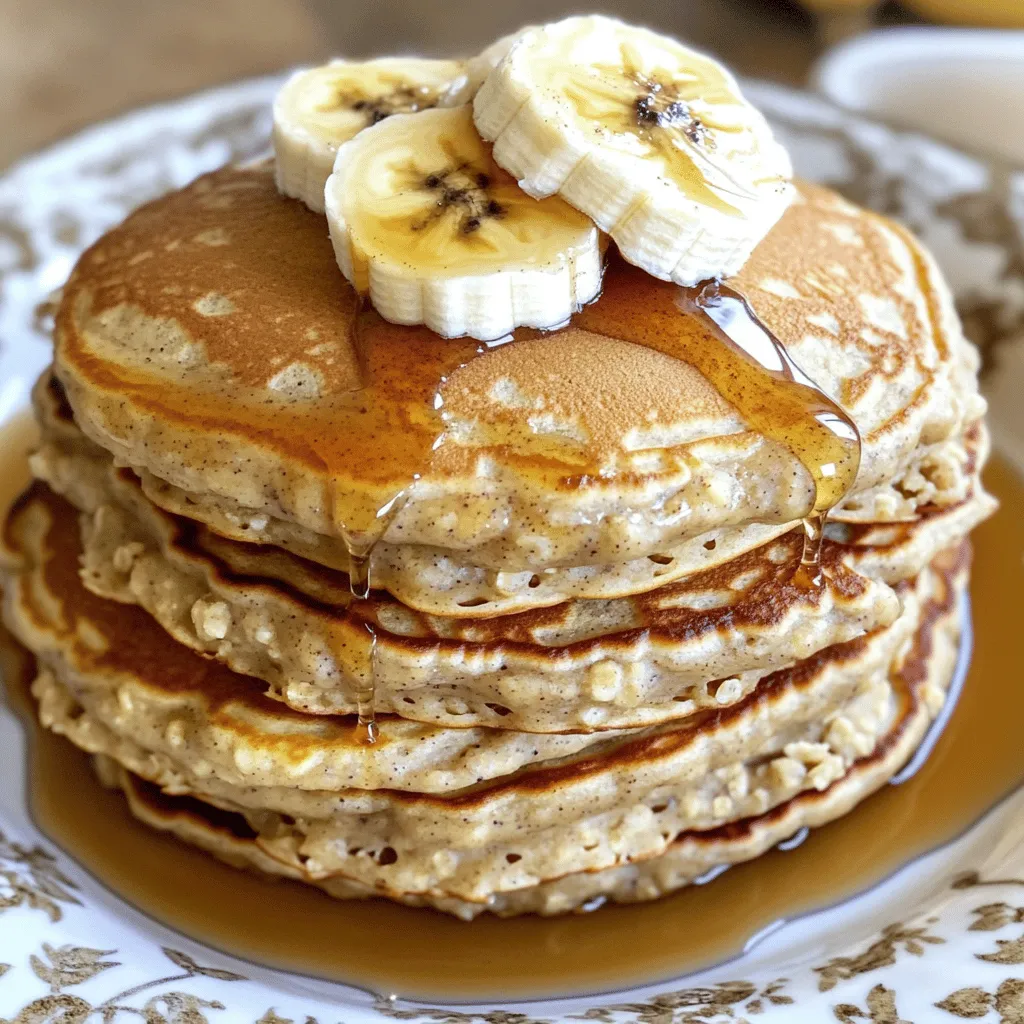 To make delicious banana oatmeal pancakes, you need a few simple ingredients. Here’s the list: - 1 cup rolled oats - 1 ripe banana, mashed - 1 cup milk (dairy or non-dairy) - 1 teaspoon baking powder - 1/2 teaspoon cinnamon - 1/4 teaspoon salt - 1 egg (or 1/4 cup unsweetened applesauce for a vegan option) - 1 tablespoon honey or maple syrup (optional) - 1 tablespoon coconut oil or butter (for cooking) These ingredients work together to create fluffy, tasty pancakes. The oats give the pancakes texture and health benefits. The banana adds natural sweetness and flavor. You can use any milk you prefer, like almond or oat milk. If you want a vegan option, just swap the egg for applesauce. Adding honey or maple syrup is optional, but it can enhance the taste. Use coconut oil or butter in the pan to cook the pancakes. This helps them brown nicely and adds richness. For the full recipe, check the instructions that follow. Enjoy making these healthy and fluffy banana oatmeal pancakes! - Blending Rolled Oats to Flour First, grab your rolled oats. Place them in a blender or food processor. Blend until they look like flour. This oat flour gives your pancakes a nice texture. - Combining Wet and Dry Mixtures Next, take a mixing bowl. Add the oat flour, baking powder, cinnamon, and salt. In another bowl, mix the mashed banana, milk, and egg (or applesauce). Stir well. Now, pour the wet mix into the dry mix. Stir until just combined. Let the batter rest for about 5 minutes. - Heating the Skillet Heat a non-stick skillet over medium heat. Add coconut oil or butter. This makes sure the pancakes don’t stick. - Timing and Flipping Tips Pour 1/4 cup of batter onto the skillet for each pancake. Watch for bubbles to form on the surface. When you see them, it’s time to flip. Cook until golden brown on both sides, about 2-3 minutes each. - Topping Ideas Serve warm pancakes with your favorite toppings. Try sliced bananas, berries, or nuts. A drizzle of maple syrup adds sweetness. - Presentation Tips Stack the pancakes high on a plate. Garnish with fresh banana slices and a sprinkle of cinnamon. This makes your meal look as good as it tastes! Achieving the Right Batter Consistency For fluffy pancakes, the batter needs to be just right. Blend the rolled oats until they look like flour. Then, mix the dry and wet ingredients without overdoing it. A few lumps are okay. Letting the batter rest for about five minutes helps it thicken and rise. Tips for Cooking Evenly Heat your skillet on medium. If it's too hot, the pancakes may burn. Use a non-stick skillet for the best results. Pour a small amount of batter for each pancake. Wait until bubbles form on top before flipping. This step ensures they cook evenly. Substitutions for Gluten-Free or Vegan Diets To make these pancakes gluten-free, use certified gluten-free oats. For a vegan option, replace the egg with 1/4 cup of unsweetened applesauce. This method keeps the pancakes moist and delicious without using animal products. Reducing Sugar Content You can cut back on sugar by omitting the honey or maple syrup. The ripe banana adds natural sweetness, so you might not need extra sugar. This makes the pancakes healthier without losing flavor. Overmixing the Batter Mixing the batter too much can lead to tough pancakes. Stir just until the ingredients combine. Remember, lumps are fine. They won't affect the taste. Incorrect Heat Settings Cooking at the wrong temperature can ruin your pancakes. If the skillet is too hot, the outside burns while the inside stays raw. Start with medium heat, and adjust as needed for even cooking. {{image_2}} You can switch up the taste of your banana oatmeal pancakes easily. Adding cocoa powder gives you a rich, chocolatey flavor. Just mix in about two tablespoons of cocoa powder with the dry ingredients. This will change your pancakes into a chocolate lover's delight. You can also add other fruits. Chopped apples or berries work well. They add freshness and a burst of flavor. Just fold in a cup of your chosen fruit into the batter before cooking. Enjoy a new twist with every bite! Want to try something different? You can make savory pancakes too. Adding spinach or cheese gives a unique twist. Simply stir in a handful of fresh spinach or sprinkle in some grated cheese before cooking. This creates a delightful balance to the sweetness of the bananas. Seasonal ingredients can also change up your pancakes. In fall, you can make pumpkin spice banana oatmeal pancakes. Just add a half cup of pumpkin puree and a teaspoon of pumpkin spice to the batter. It gives a warm, cozy flavor perfect for chilly mornings. In summer, berry-infused variations are a must. Mix in a cup of fresh or frozen berries like blueberries or strawberries. They add a juicy sweetness that brightens your breakfast. This way, your pancakes can change with the seasons! For the full recipe, check out the detailed instructions included above. After cooking, I often have extra pancakes. To keep them fresh, let them cool first. - Refrigeration Guidelines: Place the pancakes in an airtight container. They can stay in the fridge for up to three days. Each pancake will retain its flavor and texture. - Freezing for Later Use: For longer storage, freeze pancakes. Stack them with parchment paper between each one. This helps them not stick together. Use a freezer-safe bag or container. They can last up to three months in the freezer. When it’s time to enjoy the leftovers, reheating is key. You want them fluffy, just like fresh ones. - Best Methods for Keeping Pancakes Fluffy: The microwave is quick but may dry them out. Instead, use the skillet method. Heat a non-stick skillet over low heat. Add a tiny bit of oil or butter. Place the pancake in the skillet for about one minute on each side. This warms them and keeps them soft. Another option is the oven. Preheat to 350°F (175°C). Place pancakes on a baking sheet and cover with foil. Heat for about 10 minutes. Both methods work well to make pancakes taste fresh. For the complete recipe, check out the Full Recipe. Yes, you can make these pancakes gluten-free. Just use certified gluten-free rolled oats. Blend them into flour as you would regular oats. This simple swap keeps the pancakes tasty and safe for those with gluten issues. To make these pancakes vegan, swap the egg for 1/4 cup of unsweetened applesauce. It works great for binding. You can also choose a non-dairy milk, like almond or oat milk, for the recipe. As mentioned, applesauce is an excellent egg substitute. You can also use mashed flaxseed or chia seeds mixed with water. Mix 1 tablespoon of seeds with 2.5 tablespoons of water. Let it sit for a few minutes until it gels. You’ll know the pancakes are done when bubbles form on the surface. Look for a few bubbles bursting. Then, flip them over. Cook until golden brown, about 2-3 minutes on each side. Yes, doubling the recipe is easy! Just use two ripe bananas and double all other ingredients. This way, you can enjoy more fluffy pancakes without any hassle. You’ve now learned how to make delicious banana oatmeal pancakes. We covered the ingredients, cooking steps, and tips for tasty results. Remember, you can adjust this recipe to fit your diet or taste. Don't be afraid to try different flavors or mix-ins. Store your leftovers properly, and enjoy them later! With practice, you’ll create the perfect pancakes every time. Happy cooking!