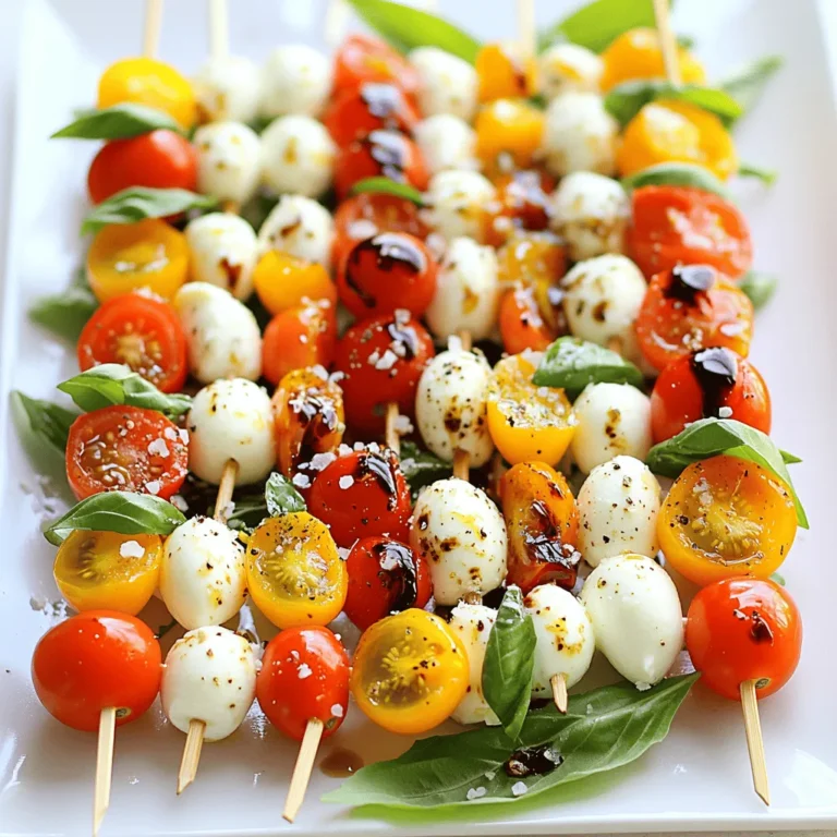 - Cherry tomatoes - Fresh mozzarella balls (bocconcini) - Fresh basil leaves The main ingredients of Caprese Salad Skewers are bright and fresh. Cherry tomatoes give a sweet burst of flavor. Fresh mozzarella balls, also called bocconcini, add creaminess. Fresh basil leaves bring an aromatic touch. These three ingredients combine for a classic taste. - Extra virgin olive oil - Balsamic glaze - Salt and pepper The additional ingredients enhance the dish's flavor. Extra virgin olive oil adds richness and depth. Balsamic glaze provides a sweet and tangy kick. A sprinkle of salt and pepper brightens all the flavors. Together, they make the skewers even more delicious. - Skewers (6-inch size) - Cutting board - Knife To make these skewers, you'll need some simple tools. Six-inch skewers work best for easy handling. A cutting board gives you a safe space to prep. A knife helps cut the tomatoes in half and drain the mozzarella. Having these items ready makes the process smooth and fun. For the full recipe, check out the detailed instructions. 1. Wash and halve cherry tomatoes: Start by rinsing the cherry tomatoes under cold water. This removes any dirt or residue. Next, cut each tomato in half. This makes them easier to eat and helps blend the flavors. 2. Drain mozzarella balls: If your mozzarella balls are in water, drain them well. This step is crucial to prevent the skewers from becoming soggy. 1. Threading tomato, basil, and mozzarella: Take a skewer and begin with a half cherry tomato. Next, add a fresh basil leaf. Then, slide on a mozzarella ball. Repeat this pattern until the skewer is full. Aim for three or four sets on each skewer. 2. Recommended order for assembly: The order is important. Start with the tomato, then basil, and finish with mozzarella. This order keeps the flavors balanced and looks great. 1. Drizzling olive oil and balsamic glaze: Once your skewers are complete, place them on a platter. Drizzle them with extra virgin olive oil. This adds richness. Then, drizzle balsamic glaze over the skewers for a sweet touch. 2. Seasoning the skewers: Finish by sprinkling a pinch of salt and freshly cracked pepper. These simple seasonings really enhance the dish's flavor. For the full recipe, check out Caprese Salad Skewers. Enjoy making these vibrant and tasty bites! To impress guests, present your Caprese salad skewers on a bright platter. Arrange them in colorful patterns. You can also lay them on a bed of fresh greens for a pop of color. Pair these skewers with light drinks. A crisp white wine or sparkling water works well. For a fun twist, try pairing with a fruity mocktail. The flavors blend nicely with the fresh ingredients. Choosing fresh ingredients is key. Look for firm cherry tomatoes and creamy mozzarella. Fresh basil should smell sweet and fragrant. Avoid pre-packaged items when possible; they often lack flavor. Seasoning matters too. A sprinkle of salt enhances the taste of the tomatoes and mozzarella. Freshly cracked black pepper adds a kick. Use high-quality extra virgin olive oil and balsamic glaze for the best flavor. Prep your ingredients in advance to save time. Wash the tomatoes and basil, and drain the mozzarella beforehand. This way, you can quickly assemble the skewers. For crowd servings, use longer skewers or double up. You can stack more ingredients on each one. This makes it easy for guests to grab a skewer and enjoy. For the full recipe, check out the Caprese Salad Skewers . {{image_2}} You can change the cheese in your Caprese salad skewers. Instead of mozzarella, try burrata or feta. Both give great flavor. You can also add other veggies, like bell peppers or zucchini. Fruits work too! Try using strawberries or peaches for a sweet twist. To make your skewers pop, add pesto or flavored oils. A drizzle of garlic oil can bring a nice kick. You can also add proteins. Prosciutto pairs perfectly with the fresh flavors. Grilled chicken is another good option for a heartier bite. Make your skewers match the season or theme. For holidays, use festive colors. Red, white, and green work well for Christmas. For a summer BBQ, add corn or avocado. You can create a whole array of flavors for themed parties. Fun, easy, and sure to impress! To store leftover Caprese skewers, wrap them in plastic wrap or place them in an airtight container. This keeps them fresh and tasty. Try to eat them within 2 days for the best flavor. Make sure to keep them in the coldest part of your fridge. For maintaining freshness, avoid adding salt before storage. Salt can draw moisture out, making them soggy. Drizzle olive oil and balsamic glaze just before serving. This adds flavor without affecting the texture. Can you freeze Caprese skewers? It’s not the best idea. Freezing changes the texture of fresh tomatoes and mozzarella. If you must freeze them, remove the tomatoes. You can freeze the mozzarella and basil together. To properly freeze, wrap the mozzarella tightly in plastic wrap, then place it in a freezer bag. When ready to use, thaw in the fridge for a few hours. For basil, chop and freeze in ice cube trays for easy use. The expected lifespan of prepared skewers is about 2 days in the fridge. After that, they may lose their taste and texture. Look for signs of spoilage, like mushy tomatoes or a bad smell. If you notice these things, it’s best to toss them. Fresh ingredients make the best Caprese salad skewers, so always check before you eat. For Caprese salad skewers, fresh mozzarella is the best choice. Fresh mozzarella has a soft texture and rich flavor. It melts in your mouth and pairs well with tomatoes and basil. Pre-packaged mozzarella can be firmer and less creamy. It often lacks that fresh taste. When you pick mozzarella, look for the term "bocconcini." These small balls of fresh mozzarella are perfect for skewers. They offer the ideal size and texture for each bite. Yes, you can make these skewers ahead of time. To prep, assemble the skewers as directed. Then, store them in the refrigerator. Use an airtight container to keep them fresh. If you plan to serve them later, drizzle the olive oil and balsamic glaze just before serving. This keeps the flavors bright and fresh. You can prep these skewers up to a day in advance, making them great for parties or gatherings. To make vegan Caprese skewers, you can substitute the mozzarella. Use plant-based cheese that melts well. Look for vegan mozzarella or cashew cheese. You can also add other flavorful ingredients. Try using avocado slices or marinated tofu for creaminess. For added flavor, drizzle with a balsamic reduction or a splash of lemon juice. These swaps keep the dish fresh and tasty while meeting vegan needs. Enjoy the same vibrant flavors in a plant-based way! In this post, we explored making tasty Caprese skewers. We covered ingredients like cherry tomatoes, mozzarella, and fresh basil. You learned how to assemble the skewers and add your favorite touches. Tips for serving and storing these treats help keep them fresh. You can even switch ingredients for fun twists. Enjoy your new skills as you create these easy appetizers for any occasion!