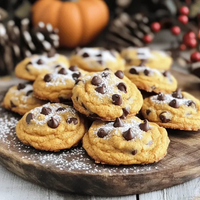 The key ingredients for these cookies create a rich, warm flavor. You will need: - 1 cup canned pumpkin puree - 1 cup brown sugar, packed - 1/2 cup granulated sugar - 1/2 cup unsalted butter, softened - 1 large egg - 1 teaspoon vanilla extract - 2 cups all-purpose flour - 1 teaspoon baking soda - 1 teaspoon baking powder - 1 teaspoon ground cinnamon - 1/2 teaspoon ground nutmeg - 1/2 teaspoon ground ginger - 1/2 teaspoon salt - 1 cup semi-sweet chocolate chips Using canned pumpkin puree is key. It is smooth and consistent. This gives your cookies a perfect texture. Fresh pumpkin can work, but it may not blend as well. Canned puree also adds moisture and flavor without being too watery. I use both brown and granulated sugar in this recipe. Brown sugar keeps the cookies soft and chewy. Granulated sugar adds a bit of crispness to the edges. The mix of these sugars makes each bite delightful. You can customize your cookies with some fun extras: - Additional spices like cloves or allspice - Different types of chocolate chips, like dark or white - Chopped nuts, like walnuts or pecans - Dried fruits, like cranberries or raisins Adding spices like cloves can enhance the flavor. You can also try different chocolate chips for variety. Dark chocolate adds a richer taste, while white chocolate can make it sweeter. If you like crunch, nuts are a great choice. Dried fruits can add a lovely chewiness and sweetness. Get creative! These options let you make the cookies your own. Just remember, the base recipe is perfect on its own, too. For the full recipe, check out the details in the article. To start, you need to preheat your oven to 350°F (175°C). This step is key. A hot oven helps the cookies rise and bake evenly. While the oven warms up, grab a baking sheet. I always line mine with parchment paper. This keeps the cookies from sticking. It also makes for an easy cleanup. Next, we will mix the wet and dry ingredients. In a large bowl, cream together the softened butter, brown sugar, and granulated sugar until it's light and fluffy. This process adds air to the mixture, making your cookies soft. Once that’s done, add the canned pumpkin puree, a large egg, and vanilla extract. Mix it all well until combined. Now, take another bowl for the dry ingredients. Whisk together the all-purpose flour, baking soda, baking powder, cinnamon, nutmeg, ginger, and salt. This step helps distribute the leavening agents and spices evenly. Gradually add this dry mix to your wet ingredients. Mix until just combined; be sure not to overmix. Overmixing can lead to tough cookies. Now it’s time to bake the cookies. Use a cookie scoop or a spoon to drop rounded tablespoons of dough onto the lined baking sheet. Make sure to space them about 2 inches apart. This allows them room to spread. Pop the baking sheet in the preheated oven. Bake for 10-12 minutes. You want the edges to turn lightly golden. The centers can look a bit underbaked, but that’s okay. They will harden as they cool. Once done, let the cookies sit on the baking sheet for 5 minutes. Then, transfer them to a wire rack to cool completely. For the full recipe, check out the details above! To get the best texture for your cookies, avoid overmixing the dough. When you add the dry ingredients to the wet ones, mix just until you see no flour. Overmixing makes the cookies tough. Your baking conditions also matter. Bake at 350°F (175°C) for chewy cookies. Watch for the edges turning golden. The centers may look soft, but they will firm up as they cool. You can swap out butter and milk for dairy-free options. Use coconut oil instead of butter. For milk, try almond or oat milk. These swaps keep the flavor rich and delicious. If you need a gluten-free option, use a gluten-free flour blend. It works well in this recipe. Just make sure it has xanthan gum to help with the texture. If your cookies spread too much, chill the dough for 30 minutes before baking. This helps keep their shape. You can also add a bit more flour to the dough. For dry or crumbly cookies, check your butter's temperature. It should be soft but not melted. If the dough feels too dry, add a splash of milk or extra pumpkin puree. This will help keep your cookies moist and tasty. For the full recipe, visit the [Full Recipe]. {{image_2}} You can change the flavors of your cookies with fun add-ins. Adding cranberries gives a tart burst. White chocolate chips add a sweet twist. Both options pair well with pumpkin. For a crunch, try adding nuts or seeds. Pecans or walnuts add texture. Sunflower seeds offer a nut-free choice. Get creative with spices! You can add a pinch of allspice or cloves. Each spice adds its own warmth. Want to try something different? Make Pumpkin Spice Chocolate Chip Cookies. Just mix in more pumpkin spice for an extra kick. The result is a cookie packed with fall flavor. You can make your cookies healthier too! First, cut back on sugar. You can also swap in honey or maple syrup. These options bring natural sweetness. If you want a vegan treat, replace the egg with a flax egg. This easy swap keeps your cookies soft. To keep your pumpkin chocolate chip cookies fresh, store them in an airtight container. Place parchment paper between layers to avoid sticking. Keep the container at room temperature, away from sunlight. This helps them stay soft and tasty for longer. If you want them even fresher, add a slice of bread to the container. The bread helps keep the cookies moist. You can freeze cookie dough or baked cookies for later use. To freeze raw dough, scoop cookie portions onto a baking sheet. Freeze them until solid, then transfer them to a freezer bag. This keeps them from sticking together. For baked cookies, let them cool completely first. Then, place them in an airtight container or freezer bag. When you want to enjoy them, just thaw the cookies at room temperature. When stored correctly, these cookies last about one week at room temperature. If you store them in the fridge, they can stay fresh for about two weeks. Always check for signs of spoilage. Look for mold or an off smell. If the cookies feel dry or crumbly, it’s time to toss them out. Enjoying them fresh is best! For the full recipe, check out the Pumpkin Spice Chocolate Chip Cookies. Yes, you can use fresh pumpkin. Fresh pumpkin gives a bright taste. However, it takes more time to prepare. You must cook and puree it first. Canned pumpkin is easy and ready to use. It also has a consistent texture. If you're short on time, go for canned. Check the edges of the cookies. They should look light golden brown. The centers may still look soft. This is fine; they will firm up as they cool. You can also gently touch the top. If it springs back, they are done. Trust your eyes and your touch! Yes, you can make the dough ahead of time! Store it in an airtight container. Keep it in the fridge for up to three days. You can also freeze it for longer. Just scoop the dough onto a baking sheet and freeze. Once firm, store the balls in a bag. When you're ready, bake them straight from the freezer. It’s that easy! You now have a complete guide for making delicious pumpkin chocolate chip cookies. You learned about the best ingredients, step-by-step instructions, and helpful tips. Customizing cookies and exploring variations adds fun to baking. Proper storage ensures your cookies stay fresh and tasty. Remember, experimenting is key. Whether you share them or enjoy them solo, these cookies bring joy. Dive into your baking adventure, and enjoy every bite!