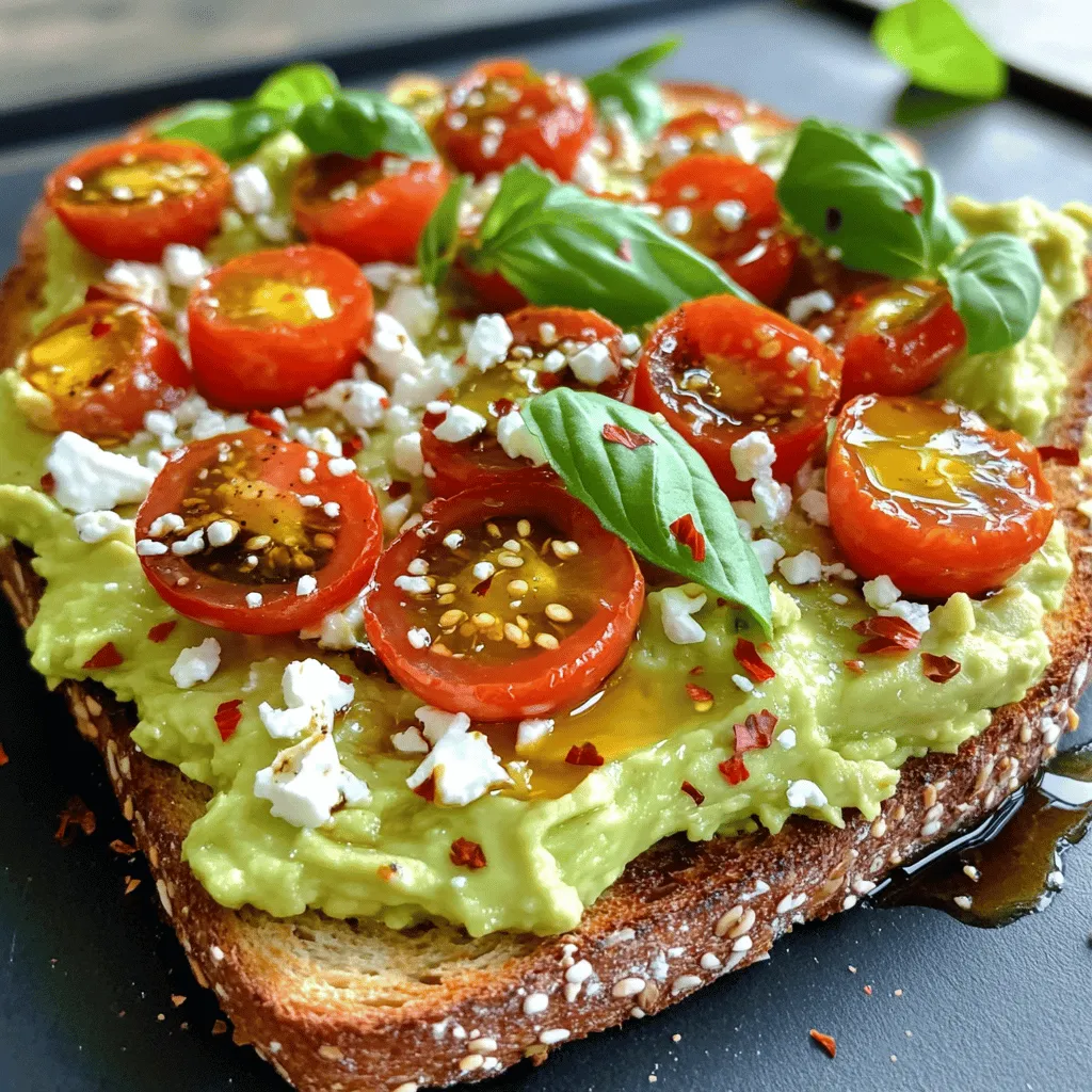 To make this savory avocado toast with feta and tomatoes, you need a few fresh ingredients. Here’s the list: - 2 ripe avocados - 4 slices of whole-grain or sourdough bread - 100 grams feta cheese, crumbled - 1 cup cherry tomatoes, halved - 1 tablespoon olive oil - 1 tablespoon balsamic vinegar - 1 teaspoon red pepper flakes (optional) - Salt and pepper to taste - Fresh basil or parsley leaves for garnish Each ingredient plays a key role. The avocados provide creaminess. Feta adds a salty punch. Cherry tomatoes bring sweetness and color. You can choose whole-grain bread for health or sourdough for a tangy taste. Olive oil and balsamic vinegar enhance flavors, while the red pepper flakes add a kick. Use fresh herbs to brighten the dish. You can find the full recipe at the end. First, choose good bread. I like whole-grain or sourdough. Place the slices in a toaster. Toast until golden brown and crispy. This step gives crunch and flavor. While the bread toasts, grab your ripe avocados. Cut each in half and remove the pit. Scoop the green flesh into a mixing bowl. Mash the avocado with a fork. Make it smooth but keep some chunks for texture. Add olive oil, balsamic vinegar, salt, and pepper. Mix until everything is well combined. Now, it's time to layer. Spread a generous amount of the avocado mixture on each slice of toast. Next, take your halved cherry tomatoes. Place them on top of the avocado. Sprinkle crumbled feta cheese over the tomatoes. If you like heat, add a dash of red pepper flakes. Finish with fresh basil or parsley for a pop of color. Enjoy this savory avocado toast with feta and tomatoes delight! Check out the Full Recipe for all the details. To make your avocado toast shine, texture matters. Start by choosing ripe avocados. They should feel slightly soft when you squeeze them. Next, mash them with a fork. I like to leave some chunks for a nice bite. This adds a creamy feel. Now, add a pinch of salt and pepper. This step brings out the avocado's natural flavor. Olive oil and balsamic vinegar add a touch of richness. Mix everything well, but don’t overdo it. You want a smooth blend with some texture. Think about what to serve with your toast. A light salad pairs well. You can use mixed greens, or add some cucumber slices. A refreshing drink is also great. Try a citrusy lemonade or iced tea. Both drinks balance the creamy toast. If you want something warm, a cup of soup works too. Tomato soup is a classic choice. It adds warmth and comfort to your meal. Want to spice things up? Add more toppings to your toast. Sliced radishes give crunch and color. A sprinkle of microgreens adds freshness. You can also add a poached egg for protein. This makes your toast more filling. If you enjoy spice, try jalapeños or hot sauce. These will wake up your taste buds. For a sweet touch, add sliced strawberries or a drizzle of honey. Each addition makes your toast unique and tasty. This recipe is a delight. For the full details, check the Full Recipe. {{image_2}} When it comes to avocado toast, variety is the spice of life. You can change the bread, toppings, or spices to make it your own. Choosing the right bread can make your toast shine. You can use: - Whole-grain bread for a nutty flavor. - Sourdough for its tangy taste. - Gluten-free bread if you want to avoid wheat. - Artisan bread for a crusty texture. Each type of bread brings a unique taste and texture. Feel free to try different kinds to find your favorite. The toppings on your toast can really switch things up. Besides feta, think about adding: - Goat cheese for a creamy twist. - Ricotta for a light and fluffy feel. - Cooked eggs for extra protein. - Smoked salmon for a rich, savory flavor. Mix and match these toppings to suit your taste or mood. The options are endless! Adding spices can take your toast to the next level. Here are some ideas: - Sprinkle chili powder for a kick. - Add fresh herbs like cilantro or dill for brightness. - Drizzle lemon juice for a zesty touch. - Use garlic powder for a savory punch. These added flavors can change your toast from good to great. Enjoy experimenting! For the full recipe, check out the details above. To store leftover avocado mixture, put it in an airtight container. Press plastic wrap directly onto the surface to reduce air exposure. This helps keep it from turning brown. Store the container in the fridge and use it within a day or two for the best taste. The freshness of your ingredients matters. Ripe avocados last about 1 to 2 days at room temperature. Once cut, they stay fresh in the fridge for up to 2 days if stored well. Feta cheese can last about a week after opening when kept in the fridge. Cherry tomatoes stay good for about a week if stored in a cool place. Reheating avocado toast is simple. However, it's best to avoid direct heat, as it can make the avocado mushy. Instead, use a microwave. Heat it for about 10-15 seconds, just to warm it up. You can also place it in a toaster oven for a few minutes to maintain the crispiness of the bread. Enjoy this tasty delight with fresh flavors from the Full Recipe! Yes, you can make this recipe vegan. For the feta, try using a plant-based cheese. Look for brands that mimic feta's taste and texture. You can also use nutritional yeast for a cheesy flavor without dairy. Instead of using balsamic vinegar with olive oil, consider a simple drizzle of lemon juice for a fresh kick. To pick ripe avocados, gently squeeze the fruit. It should feel slightly soft but not mushy. Check the color too; darker skin often means ripeness. If you see a small stem, remove it. If it’s green underneath, the avocado is ripe. If it’s brown, choose another one. Avocado toast pairs well with many sides. You can serve it with a fresh salad or a bowl of soup. A fruity smoothie adds a sweet touch. For breakfast, try it with a poached egg on top. These sides make your meal more filling and fun. This blog post covered a simple, tasty avocado toast recipe. We discussed the key ingredients, how to prepare the bread and avocado mix, and tips for serving. You can customize it with different toppings or bread choices. Remember to store leftovers well for the best taste. Enjoy experimenting with avocado toast in your kitchen. This dish is not only delicious but also fun to make! Dive in and enjoy your creation!