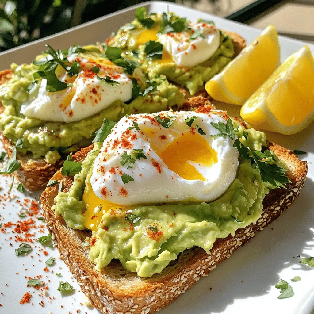 To create your savory avocado toast with poached egg, gather these key ingredients: - Ripe avocados - Whole grain or sourdough bread - Large eggs - White vinegar - Olive oil - Garlic powder - Salt and pepper - Red pepper flakes - Fresh herbs - Lemon wedges These ingredients make the perfect base for a delicious meal. The ripe avocados provide creaminess, while the eggs add protein and richness. Whole grain or sourdough bread gives the toast a hearty texture. White vinegar is essential for poaching the eggs, helping them hold their shape. Olive oil and garlic powder enhance the flavor of the avocado mix. Season with salt and pepper for a balanced taste. Red pepper flakes offer a spicy kick, and fresh herbs add a pop of color and freshness. Lastly, lemon wedges brighten the dish with a zesty finish. For the full recipe, check out the detailed instructions to bring this dish to life! To achieve the perfect toast, start with good bread. I recommend using whole grain or sourdough. Both types give great flavor and texture. Toast the bread until it is golden brown and crispy. This step adds a nice crunch to your dish. For poaching eggs, prepare your water with a gentle simmer. Add one tablespoon of white vinegar. This helps the eggs hold their shape. Crack each egg into a small bowl first. Create a whirlpool in the simmering water with a spoon. Carefully slide each egg into the center. Poach the eggs for about 3-4 minutes for runny yolks. If you like firmer yolks, poach them longer. Next, scoop out the flesh of the ripe avocados into a bowl. Mash them with a fork until creamy but still chunky. This gives your toast a nice texture. Add one tablespoon of olive oil and one teaspoon of garlic powder. Season with salt and pepper to taste. You can also add a squeeze of lemon for extra flavor. Now it's time to assemble your avocado toast. Spread a generous layer of the avocado mixture on each slice of toasted bread. Carefully place a poached egg on top of each one. For garnish, sprinkle red pepper flakes over each egg. Fresh herbs like cilantro or basil also add a bright touch. Serve with lemon wedges on the side for a zesty finish. For the full recipe, check out the details above. Enjoy your delicious avocado toast! To get the perfect poached egg, timing is key. Cook the egg for about 3 to 4 minutes for a runny yolk. If you like it firmer, let it sit a minute longer. Use a timer to help you keep track. Common poaching problems include eggs spreading in water or not cooking evenly. To fix this, use fresh eggs. Fresh eggs hold their shape better. Adding a little vinegar to the water also helps the egg whites stay together. To make your avocado toast even better, try adding seasonings. A sprinkle of garlic powder or a dash of paprika can add depth. For a zestier kick, consider using lemon juice or hot sauce. Different avocados can change the taste too. Hass avocados are creamy and rich. If you find them too buttery, try Fuerte avocados for a milder flavor. Bread choice matters too. Whole grain adds a nutty taste, while sourdough gives a nice tang. Plating is important for making your toast look appealing. Spread avocado in a smooth layer on the toast. Place the poached egg right in the center. This creates a focal point for your dish. For serving, consider adding a small salad on the side. You can also serve it with lemon wedges for a fresh touch. This adds color and makes the meal feel special. Check out the Full Recipe for more ideas on how to create this delightful dish! {{image_2}} If you want a vegan avocado toast, skip the poached egg. You can use a simple tofu scramble instead. Crumble firm tofu and sauté it with turmeric, salt, and pepper. This gives a nice texture and flavor. You still get a protein boost without the egg. Adding extra toppings makes your avocado toast more fun. You can incorporate proteins like: - Smoked salmon - Crispy bacon These give a savory touch. For a fresh crunch, add vegetables like: - Sliced tomatoes - Thin radish rounds These toppings balance flavors and add vibrant colors to your toast. You can explore different flavors from around the world. For a Mexican twist, add: - Chopped jalapeños - A sprinkle of cotija cheese For a Mediterranean vibe, try: - Feta cheese - Drizzled olive oil - Diced cucumbers You can also adjust toppings based on the season. In summer, fresh herbs like basil shine. In fall, roasted pumpkin seeds add warmth. One recipe can lead to endless variations. Get creative and make it your own! For the full recipe, refer to the earlier instructions. To keep your avocado toast fresh, store the components separately. Toasted bread stays crispy in an airtight container. For the avocado, place it in a bowl and cover with plastic wrap. Press the wrap directly onto the avocado to minimize air exposure. This helps slow browning. Use it within one day for the best quality. If you have leftover avocado toast, refresh it in the oven. Preheat your oven to 350°F (175°C). Place the toast on a baking sheet and warm for about 5-7 minutes. This will revive the crunch. Avoid microwaving, as it can make the toast soggy. Can you freeze avocados? Yes, you can! However, it's best to mash them first. Add a little lemon or lime juice to prevent browning. Store the mash in an airtight container. It can last up to 3 months in the freezer. When ready to use, thaw it in the fridge overnight. To make the best poached egg, use fresh eggs. Fresh eggs hold their shape better. Add one tablespoon of white vinegar to the water. This helps the egg whites firm up. Bring the water to a gentle simmer, not a boil. Create a gentle whirlpool in the water. This helps the egg stay together. Crack the egg into a small bowl first. Then, slide it into the whirlpool. Poach for about 3 to 4 minutes. This gives you a runny yolk. If you want a firmer yolk, cook it a bit longer. You can prepare some parts of avocado toast in advance. Toast the bread ahead of time. Store it in an airtight container. It stays crispy for a short time. You can also mash the avocados. Add lemon juice to prevent browning. Store the mix in the fridge for a day. When ready to eat, assemble it fresh. This keeps everything tasting great. Healthy toppings can make your avocado toast even better. Try adding sliced tomatoes for freshness. Radishes add a nice crunch. You can also use spinach or arugula for greens. Add a sprinkle of seeds for extra nutrition. Chia seeds or sesame seeds work well. For protein, consider adding a slice of smoked salmon or a poached egg. These toppings boost both flavor and health. Yes, avocado toast with poached egg is perfect for breakfast. It is quick to make, taking about 20 minutes. The combination of healthy fats and protein keeps you full. It also works well for brunch. You can serve it with fresh fruit or a smoothie. It fits any morning meal perfectly. For a fun twist, try it with different toppings or spices. Avocado toast is a simple, tasty dish. We covered the best ingredients, toasting bread, and poaching eggs. You learned how to mash avocados and layer them perfectly. With tips for flavor and presentation, your toast can shine. Don't forget the fun variations and storage tips to keep it fresh. Enjoy experimenting with toppings to find your favorite mix. This dish suits breakfast or brunch, so get creative. Your ideal avocado toast is just a recipe away!
