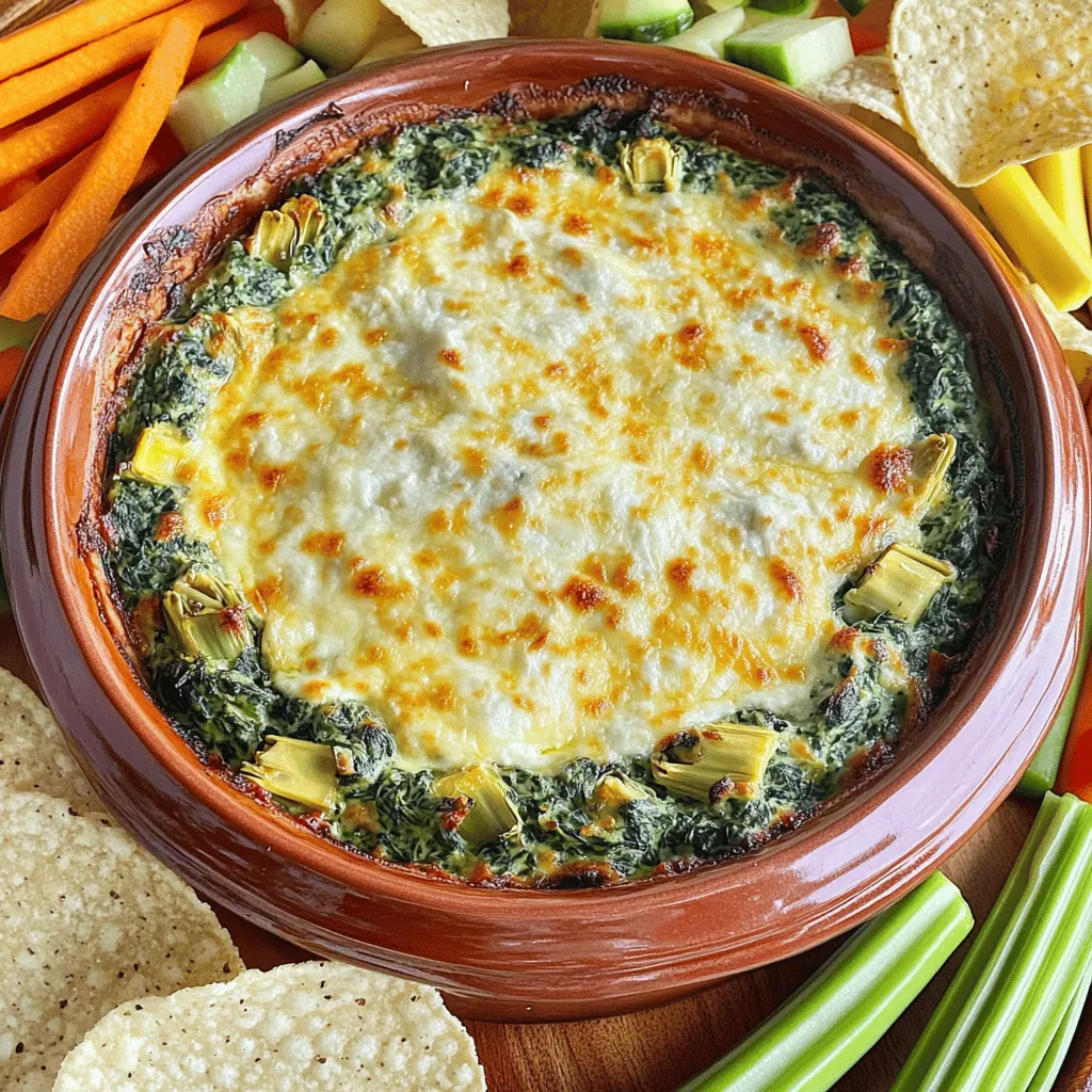 This creamy spinach artichoke dip is a crowd-pleaser. It’s perfect for gatherings or any snack time. You can enjoy it warm with chips or veggies. The recipe combines rich flavors with healthy greens. To make this delightful dip, gather these ingredients: - 1 cup fresh spinach, chopped - 1 can (14 oz) artichoke hearts, drained and chopped - 1 cup cream cheese, softened - ½ cup sour cream - ½ cup mayonnaise - 1 cup shredded mozzarella cheese - ½ cup grated Parmesan cheese - 2 cloves garlic, minced - 1 teaspoon onion powder - ½ teaspoon red chili flakes (optional for heat) - Salt and pepper to taste You can swap some ingredients to fit your taste. Use Greek yogurt instead of sour cream for a tangy touch. You can also use cottage cheese for a lower fat option. If you want a vegan dip, try cashew cream in place of cream cheese and sour cream. For a lighter dip, use low-fat mayonnaise. Feel free to mix and match these swaps to create your perfect dip! Start by preheating your oven to 350°F (175°C). This step is key for even baking. In a large bowl, mix the softened cream cheese, sour cream, and mayonnaise. You want this mixture to be smooth. Next, add the chopped spinach and artichoke hearts. Toss in the minced garlic and onion powder. If you like a bit of spice, add red chili flakes. Now, fold in the shredded mozzarella and grated Parmesan cheese. Ensure everything is mixed well. Season your dip with salt and pepper to taste. This gives it flavor. Then, transfer the mixture to a baking dish and spread it evenly. Once your oven is hot, place the baking dish inside. Bake the dip for 25 to 30 minutes. You will know it’s ready when it is hot and bubbly. Look for a lightly golden top, which means it is perfectly baked. Keep an eye on your dip as it bakes. You can check if it’s done by looking for bubbles around the edges. A golden top shows it's ready to enjoy. If you want a bit more color, you can broil it for 1-2 minutes. Just watch it closely so it doesn’t burn. After baking, let it cool for a few minutes before serving. This helps with the dip's flavor and makes it easier to scoop. Enjoy your creamy spinach artichoke delight! For the full recipe, refer to the recipe section above. To make the best Spinach Artichoke Dip, start with fresh ingredients. Use fresh spinach for a vibrant flavor. Drain the artichoke hearts well to avoid excess moisture. Cream cheese should be softened for easy mixing. Combine all the ingredients in a large bowl and mix until smooth. This helps all flavors blend nicely. Bake it until golden and bubbly for a delightful finish. A watery dip can ruin your dish. To prevent this, always drain your artichokes well. You can also squeeze excess water from the spinach. If using frozen spinach, thaw it and press it dry. Another tip is to bake your dip longer if needed. This allows moisture to evaporate. Letting it cool slightly before serving can help too. Serve your Spinach Artichoke Dip warm for the best taste. I love pairing it with tortilla chips or pita bread. Fresh vegetable sticks also make a great option. For a fun twist, offer crackers or toasted baguette slices. Garnish with extra Parmesan or fresh parsley for a pop of color. Enjoy this creamy delight at your next gathering! {{image_2}} You can make this dip lighter without losing taste. Swap the cream cheese for Greek yogurt. This change keeps it creamy and adds protein. You can also use low-fat sour cream and mayonnaise to cut calories. For a dairy-free option, try using cashew cream. Blend soaked cashews with water until smooth. It gives a rich taste and texture. Want to spice it up? Add roasted red peppers for a sweet kick. You can also mix in chopped sun-dried tomatoes for a tangy twist. If you love herbs, try adding fresh basil or dill. These herbs bring a bright taste that pairs well with spinach and artichokes. For a smoky flavor, mix in smoked paprika. This dip can easily become vegan. Replace all dairy with plant-based alternatives. Use vegan cream cheese and sour cream. Nutritional yeast adds a cheesy flavor without dairy. You can also add more veggies, like chopped bell peppers or mushrooms. This not only boosts flavor but also adds nutrients. Enjoy your Spinach Artichoke Dip with these fun variations! For the full recipe, check out the details above. After enjoying your spinach artichoke dip, let it cool. Then, transfer the leftovers to an airtight container. This helps keep the dip fresh. Store it in the fridge for up to three days. If you want to keep it longer, consider freezing it. To freeze the dip, use a freezer-safe container. Make sure to leave some space at the top, as it may expand. You can freeze it for up to three months. When ready to enjoy, thaw it overnight in the fridge. This keeps it safe and tasty. To reheat, place the dip in an oven-safe dish. Preheat your oven to 350°F (175°C). Heat for about 20 minutes, or until hot and bubbly. Stir it halfway through for even heating. You can also microwave it in a bowl. Heat in 30-second bursts, stirring in between. This ensures your dip stays creamy and delicious. Yes, you can use frozen spinach. Just make sure to thaw and drain it well. Frozen spinach is convenient and still tasty. Use about 1 cup of thawed spinach. It will save you some prep time. You can store Spinach Artichoke Dip in the fridge for about 3 to 5 days. Make sure to place it in an airtight container. This keeps it fresh and ready for snacking. If you want to keep it longer, you can freeze it. Frozen dip can last for up to 3 months. I love serving this dip with tortilla chips or pita bread. Fresh veggie sticks like carrots and celery also work great. You can even use toasted bread slices for a crunchy bite. Try different options based on your taste. For a fun touch, add some extra Parmesan on top before serving. Check out the Full Recipe for more ideas! This article covered everything you need to make Spinach Artichoke Dip. We explored the main ingredients, how to substitute, and shared prep and baking steps. I gave you tips to prevent a watery dip and ideas for serving. We also discussed variations for health and taste, plus how to store leftovers. You can now make this dip for any occasion. Enjoy it fresh or reheat it later. Spinach Artichoke Dip is a crowd-pleaser that everyone loves.