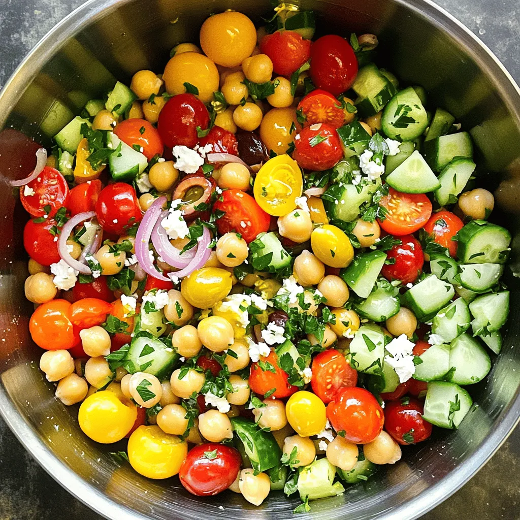 To make this fresh and tasty Mediterranean Chickpea Salad, gather these ingredients: - 1 can (15 oz) chickpeas, drained and rinsed - 1 cup cherry tomatoes, halved - 1 cucumber, diced - 1/2 red onion, finely chopped - 1/2 bell pepper, diced (any color) - 1/4 cup Kalamata olives, pitted and sliced - 1/4 cup feta cheese, crumbled - 2 tablespoons fresh parsley, chopped - 1 teaspoon dried oregano - 3 tablespoons olive oil - 2 tablespoons lemon juice - Salt and pepper to taste If you lack any of the ingredients, don't worry! You can make some easy swaps: - Use any canned beans instead of chickpeas. - Swap cherry tomatoes for diced regular tomatoes. - Try a different cheese, like goat cheese, in place of feta. - For a dairy-free option, leave out the cheese. - Lemon juice can be replaced with vinegar if needed. This salad not only tastes great but also packs a healthy punch. Here’s what you get per serving (about 1 cup): - Calories: 250 - Protein: 8g - Fat: 15g - Carbohydrates: 24g - Fiber: 6g - Sugar: 3g This salad is perfect for lunch or dinner, and it’s easy to make. For the full recipe, check out the section above! To start, gather your ingredients. You need one can of chickpeas, cherry tomatoes, cucumber, red onion, bell pepper, Kalamata olives, feta cheese, parsley, oregano, olive oil, lemon juice, salt, and pepper. 1. Mix the Chickpeas: In a large mixing bowl, add the drained and rinsed chickpeas. This is the base for your salad. 2. Add Fresh Veggies: Next, add the halved cherry tomatoes, diced cucumber, chopped red onion, and diced bell pepper. Gently mix these together. You want colors to blend. 3. Stir in Flavor: Now, add the sliced Kalamata olives, crumbled feta cheese, and chopped parsley. Stir gently. Each bite should be fresh and bright. 4. Make the Dressing: In a separate small bowl, whisk together the olive oil, lemon juice, dried oregano, salt, and pepper. This dressing brings it all together. 5. Combine Everything: Pour the dressing over the salad mixture and toss everything together. Make sure all the flavors get mixed well. 6. Taste Test: Take a moment to taste your salad. Adjust the seasoning if needed. Add more salt, pepper, or lemon juice as desired. 7. Let it Rest: Allow the salad to sit for at least 15 minutes. This step helps the flavors meld together, making each bite even tastier. When mixing the salad, use a gentle hand. You want the ingredients to stay whole. If you mix too hard, you may break the chickpeas. For the dressing, whisking well is key. This helps to blend the oil and lemon juice evenly. A good dressing coats every piece. Serve this salad as a side dish with grilled chicken or fish. It pairs well with pita bread or hummus. You can also enjoy it on its own for a light lunch. Consider adding it to a buffet for gatherings. The bright colors and fresh taste make it a hit! For the full recipe, check the earlier section. To keep your Mediterranean Chickpea Salad fresh, use ripe veggies. Choose bright cherry tomatoes and firm cucumbers. Wash the veggies just before you mix the salad. This helps them stay crisp and tasty. Store any leftovers in an airtight container in the fridge to maintain freshness. You can prepare this salad ahead of time. Chop the veggies and store them separately. Mix the chickpeas and olives in a bowl. Keep the dressing in a jar. When ready to eat, combine everything. The flavors will blend nicely while it sits in the fridge. This makes it perfect for lunch or quick dinners. To kick up the taste, try adding spices. A pinch of cumin adds warmth. For a bit of heat, add red pepper flakes. Fresh herbs like basil or mint can change the flavor too. Experiment to find what you enjoy most. Each spice brings its own fun twist to this fresh dish. For the full recipe, check the detailed instructions above. {{image_2}} You can change this salad to fit your taste. Try adding different veggies. For example, you can use carrots or radishes for crunch. You can also add avocado for creaminess. Swap feta cheese with goat cheese for a tangy twist. If you want a spicy kick, add jalapeños or red pepper flakes. You can even mix in some quinoa for added protein and texture. This salad is easy to make vegan. Just skip the feta cheese or use a plant-based version. Make sure to check the olives and dressing for any hidden dairy. For gluten-free options, this recipe is naturally gluten-free. All the ingredients are safe to use. You can enjoy this salad without any worry about gluten. You can adapt this salad to match the seasons. In spring, add fresh peas or asparagus. In summer, use ripe peaches or watermelon for sweetness. In fall, try roasted butternut squash or apples for a warm touch. Winter calls for hearty greens like kale or spinach. These changes keep the salad fresh and exciting all year long. For the full recipe, check out the details provided earlier. To keep your Mediterranean Chickpea Salad fresh, store it in an airtight container. This helps lock in flavors and keeps it safe from other odors in the fridge. Make sure the salad is at room temperature before sealing the container. If you want to keep it extra fresh, add the dressing just before you eat it. This way, the veggies stay crisp and tasty. When stored correctly, your salad can last about 3 to 5 days in the fridge. The chickpeas and veggies hold up well, but the texture may change slightly over time. After a few days, check for any signs of spoilage, like an off smell or mushy vegetables. If everything looks good, enjoy it! You can eat Mediterranean Chickpea Salad cold or at room temperature. For a warm option, gently heat individual portions in the microwave. Just be sure not to overheat, as this can change the taste and texture. Pair it with grilled chicken or fish for a complete meal, or enjoy it on its own as a light lunch. For more tips, check the Full Recipe. Mediterranean Chickpea Salad lasts about 3 to 5 days in the fridge. Store it in an airtight container. Make sure to keep it cold. The flavors will develop more over time. However, the veggies may lose some crunch after a few days. Yes, you can use canned chickpeas. They save time and are very convenient. Just drain and rinse them before adding to the salad. This will reduce the sodium content and improve the taste. Canned chickpeas are great for quick meals. A simple olive oil and lemon juice dressing works best. It enhances the fresh flavors of the salad. You can add dried oregano, salt, and pepper for more taste. Feel free to mix it up with other herbs if you like. For the full recipe, check the steps above. Mediterranean Chickpea Salad is easy to make and packed with flavor. We covered the key ingredients and tasty substitutes. You learned how to prepare and dress your salad with fun tips. We also explored variations and storage info to keep your salad fresh. Ultimately, this salad is simple and healthy. Feel free to add your own twist. Enjoy a burst of flavors that can fit any season!