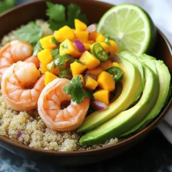 - 1 lb shrimp, peeled and deveined - 2 ripe avocados, halved and pitted - 1 cup cooked quinoa - 1 cup cherry tomatoes, halved - ½ cup red onion, finely chopped - 1 ripe mango, diced - 1 lime, zested and juiced - 2 tablespoons olive oil - Salt and pepper to taste These ingredients make a fresh and tasty meal. The shrimp brings protein, while the avocados add creaminess. Quinoa serves as a healthy base. Mango gives a sweet twist that brightens the dish. I love using ripe avocados. They add a smooth texture and healthy fats. Pair them with sweet mango, and you have a great combo. Cherry tomatoes offer a juicy burst that balances the flavors. For seasonings, lime juice and zest bring a zesty kick. Olive oil adds richness. A touch of salt and pepper enhances all the flavors. Feel free to explore with your own ingredients. Want to make it spicier? Add jalapeños or chili flakes. You can find the full recipe to guide you. To make the mango salsa, start by dicing one ripe mango. Then, finely chop half a jalapeño. Next, take half of a red onion and chop it as well. In a medium bowl, combine the diced mango, jalapeño, half of the red onion, the juice of one lime, and a pinch of salt. Stir gently to mix everything well. This step is crucial, as letting the flavors meld enhances the taste of your salsa. For the shrimp, heat two tablespoons of olive oil in a large skillet over medium heat. While the oil heats, season one pound of peeled and deveined shrimp with salt, pepper, and lime zest. Once the oil is hot, add the shrimp in a single layer. Cook them for about two to three minutes on each side. The shrimp should turn pink and opaque when done. Remove them from heat to keep them juicy. Now, it’s time to build your bowls! Start by placing a scoop of cooked quinoa at the bottom of each bowl. Next, take two ripe avocados, slice them, and arrange the avocado slices next to the quinoa. Finally, top the quinoa with the cooked shrimp and a generous spoonful of your fresh mango salsa. This colorful assembly will make your meal look as good as it tastes. For the complete recipe, refer to the [Full Recipe]. - Ensure shrimp are cooked evenly for optimal texture. - Adjust cook time based on shrimp size. Smaller shrimp cook faster than larger ones. If they curl tightly, they are likely overcooked. - Add lime wedges for extra flavor. A simple squeeze brightens the dish. - Garnish with cilantro for color. It adds freshness and a pop of green. - Use colorful bowls for a vibrant look. Bright colors make the meal more inviting. - Arrange ingredients artistically for an appealing presentation. Layer your shrimp, avocado, and salsa neatly for a feast for the eyes. For more details on how to make this dish, check the Full Recipe. {{image_2}} You can easily change the main protein in this dish. Substitute shrimp with grilled chicken or tofu for a fresh twist. If you want to switch up the grains, consider using brown rice or farro instead of quinoa. Both options add great texture and flavor. If you love heat, you can take this bowl to the next level. Increase the jalapeño or add chili flakes for an extra kick. Another fun idea is to create a spicy mango sauce. This adds a zesty layer that pairs well with the sweetness of the mango salsa. For a meatless meal, replace shrimp with roasted vegetables. Think bell peppers, zucchini, or eggplant for a colorful mix. You can also incorporate beans like black beans or chickpeas. They boost protein and make the dish heartier. You can find the full recipe to help you try out these variations! Store leftovers in airtight containers. This keeps them fresh. You should eat them within 2 days for the best taste. If you keep them longer, the shrimp may lose their texture and flavor. You can freeze the shrimp, salsa, and quinoa. I suggest freezing the shrimp separately from the salsa and quinoa. This way, they stay fresh longer. When you are ready to eat, thaw the shrimp in the fridge overnight. This keeps the shrimp juicy and tender. You can use a microwave or gently reheat on the stove. When using the stove, use low heat to warm the shrimp. Be careful not to overcook the shrimp when reheating. Overcooked shrimp can become rubbery. Enjoy your delicious meal without losing any flavors! For the full recipe, check the earlier section. To check the shrimp, look for a pink color and an opaque look. When shrimp cook, they turn from gray to pink. They should also feel firm to the touch. If you see some white spots, they are likely overcooked. Keep a close eye on them while cooking. Yes, you can prepare ingredients separately and assemble before serving. You can make the mango salsa ahead of time. Just store it in the fridge to keep it fresh. Cook the shrimp the day you plan to serve. This way, they stay juicy and tasty. If you want a different grain, try brown rice, farro, or even cauliflower rice. Each option has a unique flavor and texture. Brown rice is hearty and filling. Farro gives a nice chewiness. Cauliflower rice is a great low-carb choice that adds a fresh taste. Use whatever suits your meal best. This blog post shared a fun and tasty recipe for shrimp bowls. We covered key ingredients like shrimp, quinoa, and fresh veggies. I outlined simple steps for cooking and assembling your bowl. Remember, you can switch ingredients to fit your taste. Store leftovers carefully for freshness, and don’t hesitate to experiment with flavors. With this easy recipe, you can impress family and friends while enjoying a healthy meal. Now go ahead, try it out and make your own yummy creation!