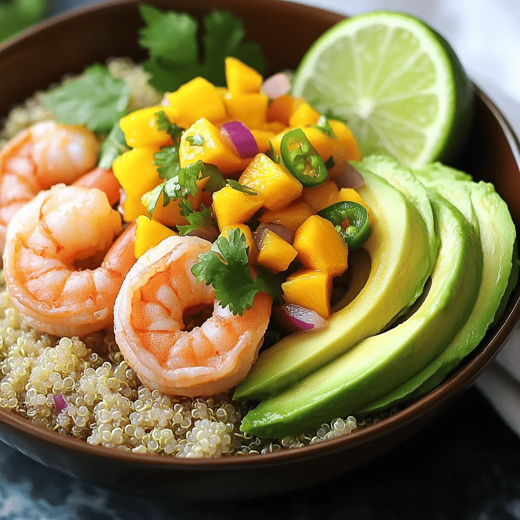 - 1 lb shrimp, peeled and deveined - 2 ripe avocados, halved and pitted - 1 cup cooked quinoa - 1 cup cherry tomatoes, halved - ½ cup red onion, finely chopped - 1 ripe mango, diced - 1 lime, zested and juiced - 2 tablespoons olive oil - Salt and pepper to taste These ingredients make a fresh and tasty meal. The shrimp brings protein, while the avocados add creaminess. Quinoa serves as a healthy base. Mango gives a sweet twist that brightens the dish. I love using ripe avocados. They add a smooth texture and healthy fats. Pair them with sweet mango, and you have a great combo. Cherry tomatoes offer a juicy burst that balances the flavors. For seasonings, lime juice and zest bring a zesty kick. Olive oil adds richness. A touch of salt and pepper enhances all the flavors. Feel free to explore with your own ingredients. Want to make it spicier? Add jalapeños or chili flakes. You can find the full recipe to guide you. To make the mango salsa, start by dicing one ripe mango. Then, finely chop half a jalapeño. Next, take half of a red onion and chop it as well. In a medium bowl, combine the diced mango, jalapeño, half of the red onion, the juice of one lime, and a pinch of salt. Stir gently to mix everything well. This step is crucial, as letting the flavors meld enhances the taste of your salsa. For the shrimp, heat two tablespoons of olive oil in a large skillet over medium heat. While the oil heats, season one pound of peeled and deveined shrimp with salt, pepper, and lime zest. Once the oil is hot, add the shrimp in a single layer. Cook them for about two to three minutes on each side. The shrimp should turn pink and opaque when done. Remove them from heat to keep them juicy. Now, it’s time to build your bowls! Start by placing a scoop of cooked quinoa at the bottom of each bowl. Next, take two ripe avocados, slice them, and arrange the avocado slices next to the quinoa. Finally, top the quinoa with the cooked shrimp and a generous spoonful of your fresh mango salsa. This colorful assembly will make your meal look as good as it tastes. For the complete recipe, refer to the [Full Recipe]. - Ensure shrimp are cooked evenly for optimal texture. - Adjust cook time based on shrimp size. Smaller shrimp cook faster than larger ones. If they curl tightly, they are likely overcooked. - Add lime wedges for extra flavor. A simple squeeze brightens the dish. - Garnish with cilantro for color. It adds freshness and a pop of green. - Use colorful bowls for a vibrant look. Bright colors make the meal more inviting. - Arrange ingredients artistically for an appealing presentation. Layer your shrimp, avocado, and salsa neatly for a feast for the eyes. For more details on how to make this dish, check the Full Recipe. {{image_2}} You can easily change the main protein in this dish. Substitute shrimp with grilled chicken or tofu for a fresh twist. If you want to switch up the grains, consider using brown rice or farro instead of quinoa. Both options add great texture and flavor. If you love heat, you can take this bowl to the next level. Increase the jalapeño or add chili flakes for an extra kick. Another fun idea is to create a spicy mango sauce. This adds a zesty layer that pairs well with the sweetness of the mango salsa. For a meatless meal, replace shrimp with roasted vegetables. Think bell peppers, zucchini, or eggplant for a colorful mix. You can also incorporate beans like black beans or chickpeas. They boost protein and make the dish heartier. You can find the full recipe to help you try out these variations! Store leftovers in airtight containers. This keeps them fresh. You should eat them within 2 days for the best taste. If you keep them longer, the shrimp may lose their texture and flavor. You can freeze the shrimp, salsa, and quinoa. I suggest freezing the shrimp separately from the salsa and quinoa. This way, they stay fresh longer. When you are ready to eat, thaw the shrimp in the fridge overnight. This keeps the shrimp juicy and tender. You can use a microwave or gently reheat on the stove. When using the stove, use low heat to warm the shrimp. Be careful not to overcook the shrimp when reheating. Overcooked shrimp can become rubbery. Enjoy your delicious meal without losing any flavors! For the full recipe, check the earlier section. To check the shrimp, look for a pink color and an opaque look. When shrimp cook, they turn from gray to pink. They should also feel firm to the touch. If you see some white spots, they are likely overcooked. Keep a close eye on them while cooking. Yes, you can prepare ingredients separately and assemble before serving. You can make the mango salsa ahead of time. Just store it in the fridge to keep it fresh. Cook the shrimp the day you plan to serve. This way, they stay juicy and tasty. If you want a different grain, try brown rice, farro, or even cauliflower rice. Each option has a unique flavor and texture. Brown rice is hearty and filling. Farro gives a nice chewiness. Cauliflower rice is a great low-carb choice that adds a fresh taste. Use whatever suits your meal best. This blog post shared a fun and tasty recipe for shrimp bowls. We covered key ingredients like shrimp, quinoa, and fresh veggies. I outlined simple steps for cooking and assembling your bowl. Remember, you can switch ingredients to fit your taste. Store leftovers carefully for freshness, and don’t hesitate to experiment with flavors. With this easy recipe, you can impress family and friends while enjoying a healthy meal. Now go ahead, try it out and make your own yummy creation!