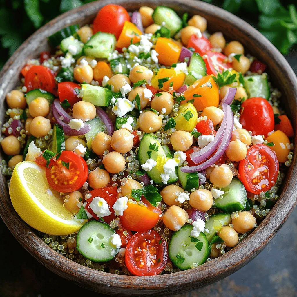 For this Mediterranean quinoa salad, you need fresh and vibrant items. Here’s what you'll need: - 1 cup quinoa, rinsed - 2 cups vegetable broth - 1 cup cherry tomatoes, halved - 1 cucumber, diced - 1 red bell pepper, diced - 1/2 red onion, finely chopped - 1 can (15 oz) chickpeas, drained and rinsed - 1/4 cup Kalamata olives, pitted and sliced - 1/4 cup feta cheese, crumbled (optional) - 1/4 cup fresh parsley, chopped These ingredients bring color and nutrition to the dish. They also create a mix of textures that makes each bite delightful. You can change up the salad by adding some optional ingredients. Some great choices include: - Avocado, diced - Spinach or arugula, chopped - Sun-dried tomatoes, chopped - Artichoke hearts, quartered These add-ins let you customize the salad to fit your taste. Feel free to mix and match based on what you have on hand! The dressing is key to making this salad shine. You need these simple ingredients: - 3 tablespoons olive oil - 2 tablespoons lemon juice - 1 teaspoon dried oregano - Salt and pepper to taste Whisk these together to get a zesty, fresh flavor. This dressing ties all the ingredients together, enhancing the salad's overall taste. You can find the full recipe to make this dish perfect! Start by rinsing 1 cup of quinoa under cold water. This removes any bitter taste. In a medium pot, mix the quinoa with 2 cups of vegetable broth. Bring it to a boil over high heat. Once boiling, lower the heat to low. Cover the pot and let it simmer for 15 minutes. The quinoa should become fluffy and absorb all the liquid. After cooking, remove it from heat and let it cool slightly. In a large mixing bowl, add the following ingredients: - 1 cup cherry tomatoes, halved - 1 cucumber, diced - 1 red bell pepper, diced - 1/2 red onion, finely chopped - 1 can (15 oz) chickpeas, drained and rinsed - 1/4 cup Kalamata olives, pitted and sliced - 1/4 cup feta cheese, crumbled (optional) - 1/4 cup fresh parsley, chopped Gently mix these ingredients together. This creates a colorful and tasty base for your salad. In a separate bowl, whisk together: - 3 tablespoons olive oil - 2 tablespoons lemon juice - 1 teaspoon dried oregano - Salt and pepper to taste This dressing will add brightness to your salad. Adjust the seasoning based on your taste. If you like it more tangy, add more lemon juice. Once the quinoa is cool, add it to the bowl with the chopped veggies and chickpeas. Drizzle the dressing over the salad. Toss everything gently to combine. Make sure all ingredients are well-coated. Taste the salad and adjust seasonings if needed. Cover the bowl and refrigerate for at least 30 minutes. This allows the flavors to meld beautifully. Enjoy your fresh Mediterranean Quinoa Salad! For the complete recipe, check the Full Recipe. To make your quinoa just right, rinse it well. Rinsing removes the bitter coating called saponin. Use two cups of vegetable broth for one cup of quinoa. This adds flavor and keeps it moist. Cook it on low heat for 15 minutes. When done, let it sit covered for five more minutes. Fluff it with a fork before mixing into the salad. This gives it a light and airy texture. Fresh herbs make a big difference in taste. I love using parsley, basil, or mint. They add freshness and brightness. Chop the herbs finely for even flavor. You can also try dried herbs like oregano or thyme. These add depth even when fresh herbs are not available. Mix them into the salad just before serving for the best flavor. Serve the Mediterranean quinoa salad in a big bowl or on individual plates. For a nice touch, add a lemon wedge on the side. This adds a pop of color and extra zing. You can also sprinkle more feta cheese on top if you like. Pair it with grilled chicken or fish for a full meal. This salad is great as a main dish or a side. For the full recipe, check the earlier section. {{image_2}} You can change your salad with seasonal veggies. Think about using fresh ingredients based on what’s in season. In spring, try adding peas or asparagus. In summer, add zucchini or bell peppers. Autumn favorites like roasted butternut squash can add warmth. Winter brings hearty greens like kale or spinach. These changes keep the dish fresh and exciting. If you want a vegan option, skip the feta cheese. You can use avocado for creaminess instead. Another choice is to add more chickpeas for protein and texture. You might also try adding nuts or seeds, like sunflower seeds or pumpkin seeds. This keeps the salad tasty and rich in nutrients while staying plant-based. For a heartier meal, consider adding protein. Grilled chicken works well and adds flavor. You can also cube cooked chicken and mix it in. If you prefer plant-based protein, try marinated tofu. Just press and cube it before adding to the salad. Both options make the dish filling and satisfying. For the full recipe, refer back to the earlier section. To keep your Mediterranean quinoa salad fresh, store it in an airtight container. This helps to lock in flavors and prevents it from drying out. Place it in the fridge right after you finish eating. It’s best to consume the salad within three days for optimal taste. If you want to enjoy your salad warm, you can lightly reheat it. Place it in a microwave-safe bowl. Heat it for about 30 seconds to one minute. Mix it well to ensure even heating. If you prefer it cold, add a splash of olive oil or lemon juice to refresh the flavors. This will make it taste bright again. The salad lasts about three days in the fridge. If you want to freeze it, keep in mind that some ingredients might change in texture. Quinoa can freeze well, but veggies may become mushy after thawing. For best results, freeze the salad without dressing. When ready to eat, let it thaw in the fridge overnight. You can then add fresh dressing before serving. For the full recipe, check out the Mediterranean Quinoa Salad details above! To make Mediterranean Quinoa Salad, start by cooking the quinoa. Combine 1 cup of rinsed quinoa and 2 cups of vegetable broth in a pot. Bring it to a boil, then lower the heat. Cover and let it simmer for 15 minutes. When done, let it cool. In a big bowl, mix halved cherry tomatoes, diced cucumber, diced red bell pepper, finely chopped red onion, and drained chickpeas. You can add Kalamata olives and crumbled feta cheese if you like. In a separate bowl, whisk olive oil, lemon juice, dried oregano, salt, and pepper. Add the cooled quinoa to the bowl with veggies. Drizzle the dressing over it and toss gently. Chill it for 30 minutes before serving. You can check the [Full Recipe] for detailed steps. You can swap out ingredients based on what you have. Instead of chickpeas, try black beans or lentils for protein. If you don’t have feta cheese, use goat cheese or skip it for a vegan option. For the dressing, swap lemon juice with vinegar, like red wine or apple cider. Change the veggies too! You can use zucchini, carrots, or even roasted red peppers. These swaps keep the salad fresh and fun. Yes, you can prepare this salad ahead of time! It actually tastes better after chilling in the fridge. Make it a few hours before serving, or even a day before. Just keep it covered in the fridge. Before serving, taste it again. You might need to add more salt or lemon juice for flavor. Yes, Mediterranean Quinoa Salad is gluten-free! Quinoa is a great gluten-free grain. If you use gluten-free broth and check your dressing, you’ll have a tasty dish safe for those avoiding gluten. Enjoy this colorful salad without worries! In this post, we explored making a tasty Mediterranean quinoa salad. We covered key ingredients, step-by-step instructions, and added tips for flavor. You learned how to store leftovers and even variations to try. Remember, you can adapt this salad to fit your taste. It’s easy to make and packed with nutrients. Enjoy your cooking and create your own perfect version of this delicious dish!