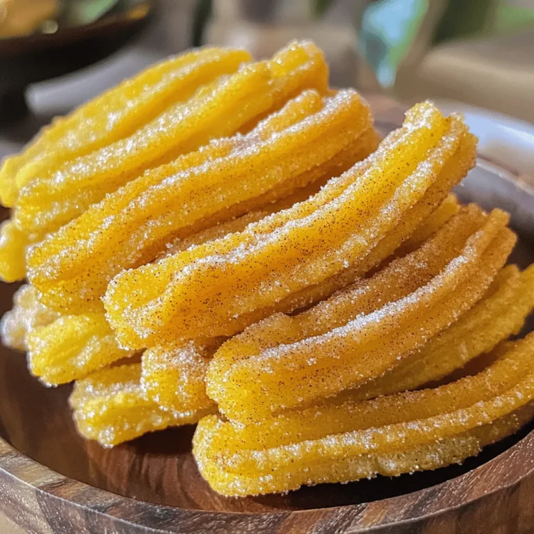 To make cinnamon sugar churros, you need these simple ingredients: - 1 cup water - 1/2 cup unsalted butter - 1 tablespoon granulated sugar - 1/4 teaspoon salt - 1 cup all-purpose flour - 2 large eggs - 1 teaspoon vanilla extract - Oil for frying (vegetable or canola) - 1/2 cup granulated sugar (for coating) - 1 tablespoon ground cinnamon Understanding the benefits of these key ingredients helps you appreciate your churros. - Water: It hydrates the flour, making a soft dough. - Unsalted Butter: Adds rich flavor and helps with texture. - Granulated Sugar: Sweetens the dough and the coating. - Salt: Enhances all the flavors in the dough. - All-Purpose Flour: Provides structure and chewiness. - Eggs: Bind the dough and add richness. - Vanilla Extract: Brings warmth and sweetness. - Oil: Needed for frying, creating that crispy exterior. - Cinnamon: Adds a cozy, sweet spice flavor. Sometimes, you might want to swap ingredients based on what you have. Here are some easy alternatives: - Unsalted Butter: Use margarine or coconut oil. - All-Purpose Flour: Try gluten-free flour for a gluten-free option. - Vegetable or Canola Oil: Use peanut oil for a different flavor. - Granulated Sugar: Substitute with brown sugar for a deeper flavor. - Ground Cinnamon: Mix in nutmeg or pumpkin spice for a twist. For the full recipe, follow the steps provided and enjoy making this tasty treat! To start, gather your ingredients. You need water, butter, sugar, salt, flour, eggs, and vanilla. In a medium saucepan, mix the water, butter, sugar, and salt. Heat this mixture on medium heat until it boils. Stir it often to keep it from sticking. Once it boils, take it off the heat. Now, add the flour to the pan. Stir fast with a wooden spoon until the dough forms a ball. It should pull away from the sides of the pan easily. Let it cool for about five minutes. Next, add the eggs one at a time. Mix well after each egg. Finally, stir in the vanilla extract. Your dough should be smooth and ready for piping. Now, it’s time to fry! Heat oil in a deep pan or fryer to 350°F (175°C). This is the right temperature for crispy churros. Grab a piping bag and fit it with a large star tip. Fill the bag with your dough. Carefully pipe strips of dough about 4-5 inches long into the hot oil. Fry them for about 2-3 minutes until they are golden brown. Use tongs to flip them over and fry for another 2-3 minutes. Once done, take the churros out and place them on a plate lined with paper towels. This will help drain any extra oil. While the churros cool, mix the sugar and ground cinnamon in a shallow bowl. When the churros are cool enough to handle, roll each one in the cinnamon sugar mix. Make sure they are fully coated for that sweet crunch! Serve your warm churros right away. They taste best fresh and hot. For a fun twist, try dipping them in chocolate or caramel sauce. For the full recipe, check out the complete guide. Enjoy your delicious cinnamon sugar churros! To make great churros, you need the right dough. Start with fresh ingredients. Use unsalted butter for better control of flavor. When mixing the dough, add eggs slowly. This way, you ensure a smooth texture. If the dough feels too thick, add a tiny bit of water. This helps in piping the dough easily. Frying is key to churro success. Heat your oil to 350°F (175°C). This temperature gives you a crisp outside while keeping the inside soft. Use a deep pan to allow the churros to float freely. Fry a few at a time to avoid cooling the oil. When they turn golden brown, flip them carefully. This way, they cook evenly. Presentation makes a big difference. Serve churros warm, right after frying. Roll them in the cinnamon sugar mix for a lovely coating. You can stack them high on a plate or place them in a cup. Add a small bowl of chocolate or caramel sauce for dipping. This adds a fun twist and makes them look even better. For the complete process, check out the Full Recipe. {{image_2}} You can easily change up the flavor of your churros. Try adding cocoa powder for a chocolate twist. Mix in about 2 tablespoons of unsweetened cocoa when you combine the flour. For vanilla, simply add an extra teaspoon of vanilla extract to the dough. You can also play with spices like nutmeg or cardamom. Each option gives a new taste to your churros. Dipping sauces make churros even more fun. Chocolate sauce is a classic choice. Melt dark or milk chocolate and serve it warm. Caramel sauce adds a rich, sweet flavor. You can drizzle it on top or serve it in a bowl for dipping. If you want something fruity, try raspberry or strawberry sauce. Each sauce changes the taste of the churros and makes them feel special. If you need gluten-free churros, swap out the all-purpose flour. Use a gluten-free flour blend instead. Most blends will work well in this recipe. Just make sure it has xanthan gum for the right texture. Follow the same steps in the Full Recipe, and you'll have tasty gluten-free churros. Enjoy them just like the classic ones! After you make your cinnamon sugar churros, you might have extras. To keep them fresh, place churros in an airtight container. Make sure they cool down first. This helps prevent sogginess. Store them at room temperature for up to two days. If you want them to last longer, consider refrigerating them. Just remember, they taste best when fresh! Reheating churros is easy. You can use an oven or a pan. For the oven, preheat it to 350°F (175°C). Place churros on a baking sheet for about 5-7 minutes. This will make them warm and crispy again. You can also use a skillet over medium heat. Heat the churros for a few minutes, turning them often. Avoid using a microwave, as it makes them chewy. If you have more churros than you can eat, freezing is a great option. First, let them cool completely. Then, arrange them in a single layer on a baking sheet. Freeze for about an hour. Once they are firm, place them in a freezer bag. Remove as much air as possible. They can last up to three months in the freezer. When you’re ready to enjoy them, just reheat like mentioned above. This method keeps their texture intact! Try making these churros with the full recipe for a fun treat. To make cinnamon sugar churros, start with a simple dough. You need water, butter, sugar, salt, flour, eggs, and vanilla extract. Boil water, butter, sugar, and salt in a pot. Then, mix in the flour until it forms a ball. Let it cool, add eggs, and mix well. Finally, pipe strips into hot oil and fry until golden. Roll them in cinnamon sugar, and enjoy! You can find the full recipe above. The best oil for frying churros is vegetable or canola oil. These oils have high smoke points. They heat well and fry churros evenly. Avoid oils with strong flavors, like olive oil. A neutral oil helps keep the churro taste clean and delicious. Yes, you can bake churros, but they will not be the same. Baking gives a different texture. If you want a healthier option, bake at 375°F (190°C) for 15-20 minutes. Brush them with melted butter and roll in cinnamon sugar. They will be less crispy, but still tasty! You can buy quality churros at local bakeries or Mexican restaurants. Many grocery stores also sell frozen churros. Look for brands that use simple ingredients. You can also find churros at fairs or festivals, where they serve them fresh and hot. You can make delicious cinnamon sugar churros at home using simple steps. We covered everything from ingredients to frying techniques. Remember to use the right oil for crispiness and try fun flavor twists. Proper storage helps keep your churros fresh for later. With these tips, your churros can impress anyone who tries them. Enjoy the sweet crunch and create joy at your next get-together!