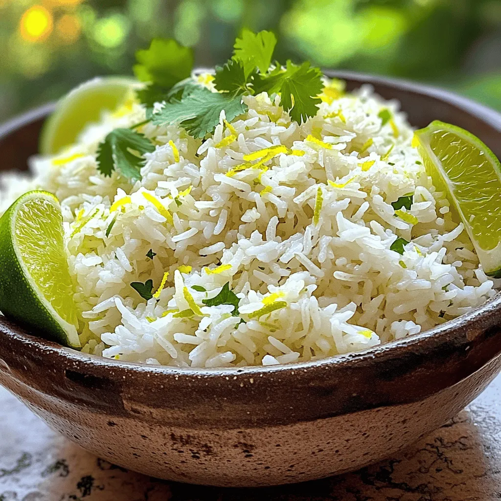 - 1 cup jasmine rice - 1 can (13.5 oz) coconut milk - 1 cup vegetable broth (or water) - Zest of 1 lime - 2 tablespoons lime juice In this recipe, jasmine rice is the star. It cooks up soft and fluffy. The coconut milk adds a creamy texture and rich flavor. You can use vegetable broth or water for the cooking liquid. I prefer the broth for extra taste. The lime zest and juice brighten the dish, making it fresh and zesty. - 1 tablespoon brown sugar - 1 teaspoon salt - Fresh cilantro, chopped (for garnish) - Lime wedges (for serving) For seasonings, brown sugar adds a hint of sweetness. It balances the tartness of the lime. Salt is key to enhancing the flavors. Fresh cilantro adds a pop of color and a fresh taste. Finally, serve lime wedges on the side for those who want more zing. This coconut lime rice is a delightful dish. It pairs well with many meals, making it a great side. Check out the Full Recipe for details. First, rinse the jasmine rice. Rinsing helps remove excess starch. This step keeps the rice fluffy. Run cold water over the rice until it runs clear. Next, grab a medium saucepan. Combine the rinsed rice with coconut milk, vegetable broth, lime zest, brown sugar, and salt. Stir everything together for an even mix. Now, bring the mixture to a boil. Set your heat to medium-high. Once it bubbles, reduce the heat to low. Cover the saucepan and let it simmer. Cooking time is about 15 to 18 minutes. The rice will absorb the liquid and become tender. After cooking, take the saucepan off the heat. Let it sit covered for five minutes. This steaming step is key for fluffy rice. After resting, fluff the rice gently with a fork. This separates the grains nicely. Now, mix in the lime juice for a zesty flavor. Taste the rice, and adjust the salt or lime juice if you want. Serve the coconut lime rice warm. Garnish with fresh cilantro and lime wedges on the side. This adds a bright touch to each bite. For the full recipe, check out the earlier section. Rinsing the rice is key. This step removes extra starch. Clean rice will be fluffy and light. Rinse under cold water until it runs clear. Adjusting the liquid is also important. If you want creamier rice, use more coconut milk. For a lighter texture, add more broth or water. Always check the rice for doneness. You can add spices or herbs for extra flavor. Try garlic powder for warmth or cumin for earthiness. Fresh herbs like cilantro brighten the dish. Want to switch it up? Go sweet or savory. Add diced mango for a sweet twist. For a savory note, mix in sautéed onions or peppers. Explore these flavor paths to make this dish your own. Enjoy the full recipe for more details! {{image_2}} You can change a few things in this recipe to suit your taste. First, try using different types of rice. While jasmine rice gives a nice aroma, basmati or brown rice can also work. Just note that cooking times will vary. Brown rice will take longer to cook, so adjust your time accordingly. Next, think about coconut milk alternatives. If you're looking for a lighter option, try using light coconut milk. You can even use almond milk or oat milk for a unique flavor. Just remember that using these alternatives may change the taste slightly. Want to make your coconut lime rice even more exciting? Try adding tropical fruits like mango or pineapple. These fruits add sweetness and color, making your dish pop. Chop them finely and mix them in before serving for a fresh burst of flavor. You can also experiment with different herbs. Fresh mint or parsley can brighten your rice. Just chop them finely and mix them in at the end. This twist adds a new layer of flavor that makes the dish even more appealing. For the complete process, check out the Full Recipe. To keep coconut lime rice fresh, store it in the fridge right away. Let it cool first. Place it in an airtight container. This helps keep out moisture and air. I recommend using glass or BPA-free plastic containers. They work great for storage and reheating. If you want to save your coconut lime rice for later, freezing is a good option. Pack the rice in freezer-safe bags. Press out as much air as possible before sealing. Label the bags with the date. You can freeze it for up to three months. To reheat, take the rice out of the freezer. Let it thaw in the fridge overnight. You can also use a microwave. Add a splash of water to keep it moist. Heat in short bursts, stirring in between. Enjoy your fluffy rice just like fresh! To make Coconut Lime Rice vegan, simply use vegetable broth. This replaces chicken broth, keeping it plant-based. The coconut milk is already vegan, so you're all set! You’ll enjoy the same creamy texture and flavor without any animal products. Yes, you can use brown rice instead of jasmine rice. However, remember that brown rice takes longer to cook. It needs more water, too. Adjust the cooking time to about 40-45 minutes. The flavor will change slightly, but it will still taste great! Coconut Lime Rice goes well with many dishes. Here are a few great pairings: - Grilled shrimp or fish - Spicy chicken or pork - Stir-fried vegetables - Tacos or burritos - Curry dishes Each of these dishes complements the rice's rich and tangy flavor. Enjoy mixing and matching! Absolutely! You can boost the flavor in many ways. Consider adding: - Minced garlic or shallots while cooking - Fresh herbs like mint or basil - Spices such as cumin or turmeric These additions will enhance the taste and make it even more delicious. Store leftover Coconut Lime Rice in an airtight container. It stays good in the fridge for 3-4 days. If you want to keep it longer, you can freeze it for up to a month. Just make sure to thaw it properly before reheating. Yes, you can reheat it easily! Use a microwave or a saucepan. Add a splash of water or broth to help it steam and stay fluffy. Heat it slowly, stirring occasionally. This keeps the rice moist, just like when it was freshly made. Yes, Coconut Lime Rice is gluten-free! All the ingredients are naturally free from gluten. You can enjoy this dish without worry. It's a perfect side for anyone avoiding gluten in their diet. Coconut Lime Rice is a simple, tasty dish. We covered its main ingredients, like jasmine rice and coconut milk, and how to cook it. Tips for adjusting flavors and storage give you extra help. You can even swap ingredients for fun twists. Making this dish opens doors to delicious meals. Enjoy trying different flavors and storing leftovers. Your kitchen will burst with taste and joy!