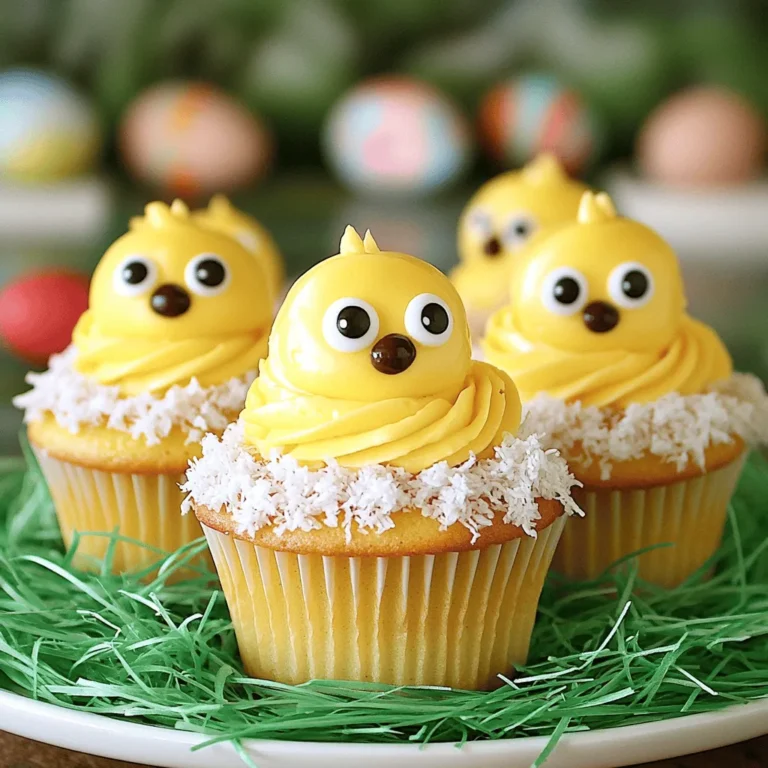 To make Easter Chicks Cupcakes, you need simple ingredients. Each one plays a key role in flavor and texture. Gather everything before you start. It makes baking easier and more fun! - 1 ½ cups all-purpose flour - 1 cup granulated sugar - ½ cup unsalted butter, softened - 2 large eggs - ½ cup milk - 1 tablespoon baking powder - 1 teaspoon vanilla extract - ½ teaspoon salt - Yellow food coloring (gel preferred) These ingredients create a soft and sweet cupcake. The yellow food coloring gives the cupcakes their fun chick look. - 2 cups buttercream frosting (store-bought or homemade) - Shredded coconut (sweetened, for nest) - Candy eyes (edible) - Mini chocolate chips (for beaks) - Green candy grass (optional, for decoration) These decorations make your cupcakes look adorable and festive. The coconut mimics a nest, while the candy eyes and chocolate chips bring the chicks to life. You can add green candy grass for extra fun! For the complete recipe, check the Full Recipe link. Start by preheating your oven to 350°F (175°C). This step helps to bake the cupcakes evenly. Next, line your muffin tin with cupcake liners. I love using bright colors to match the Easter theme. This small touch makes each cupcake pop. In a large mixing bowl, cream together the softened butter and granulated sugar. Use a mixer on medium speed until it becomes light and fluffy. Add the eggs, one at a time, mixing well after each. Then, stir in the vanilla extract for extra flavor. In a separate bowl, whisk together the flour, baking powder, and salt. Gradually add this dry mix to the butter mixture. Alternate with the milk to keep the batter smooth. It’s crucial to mix until just combined; overmixing can make the cupcakes tough. Now, it’s time for the fun part! Add yellow food coloring to the batter, a few drops at a time. Mix until you reach a bright chick yellow. This color will make your cupcakes cheerful and inviting! Pour the batter into the lined muffin tin, filling each liner about two-thirds full. This gives them room to rise without spilling over. Place the muffin tin in the preheated oven. Bake for 18-20 minutes. To check if they are done, insert a toothpick into the center. If it comes out clean, they are ready! Let the cupcakes cool in the pan for 5 minutes. Then, carefully transfer them to a wire rack to cool completely. This step is key for perfect frosting later. For the full recipe, you can refer back to the ingredients section. To get a soft, fluffy cupcake, start with room-temperature butter and eggs. This helps the batter mix well. Cream the butter and sugar until it feels light and fluffy. This step adds air to the mix. When adding the dry ingredients, mix just until combined. Over-mixing can make the cupcakes tough. For the perfect chick look, use a piping bag for the frosting. Swirl it high to create a cute chick shape. After frosting, sprinkle shredded coconut on top to mimic a nest. Use candy eyes for fun, and place a mini chocolate chip for the beak. You can add green candy grass around the nest for extra color and charm. One mistake is overfilling the cupcake liners. Fill them only two-thirds full to allow for rising. Another error is not checking oven temperature. Use an oven thermometer to ensure it’s accurate. Lastly, don't rush the cooling process. Let the cupcakes cool completely before frosting; warm cupcakes can melt the frosting. Following these tips will help you create delightful Easter chicks cupcakes every time! {{image_2}} You can have fun by changing the flavor of your Easter chicks cupcakes. Instead of vanilla, try lemon or almond extract for a twist. Chocolate cupcakes are also a crowd-pleaser. Just swap out some flour for cocoa powder. Each flavor gives a unique taste. You can even mix flavors! How about a lemon-chocolate combo? It’s a tasty surprise. Decorating your cupcakes can be just as fun as baking them! Instead of coconut, use crushed graham crackers for a sandy look. You can also add edible glitter for sparkle. If you want more color, use different food dyes. Orange for beaks or pink for cheeks makes them pop! Get creative and let your kids help. They will love making their own designs. Mini cupcakes are a cute option for Easter. They are bite-sized and perfect for little hands. Use the same batter and bake them for about 12-15 minutes. Decorate them just like the regular cupcakes. Mini chicks are fun for parties or gifts. You can even put them in small boxes for an extra special treat. Enjoy making these little delights! To keep your decorated Easter chicks cupcakes fresh, place them in an airtight container. This protects them from air and moisture. If you have room, store them in the fridge for added freshness. When you want to enjoy them, just take them out and let them sit for a few minutes. This will bring back their soft texture. Freezing cupcakes is a great way to save some for later. First, cool the cupcakes completely. Then, wrap each one in plastic wrap. After that, place them in a freezer-safe bag. Be sure to label the bag with the date. You can freeze them for up to three months. When you’re ready to eat them, thaw the cupcakes in the fridge overnight. Frost them before serving for the best taste. Here are some tips to keep your cupcakes fresh: - Do not stack the cupcakes. This can ruin their shape and frosting. - Keep cupcakes away from strong odors in the fridge. - Use a cake dome for display and protection if leaving them out. - Only frost what you plan to eat right away. Frosting can soften over time. These tips help ensure your Easter chicks cupcakes stay delicious and fun! For the full recipe, check out the earlier section. Yes, you can make these cupcakes ahead of time. Bake and cool the cupcakes, then store them in an airtight container. Keep them at room temperature for up to two days. For longer storage, place them in the fridge for up to a week. Frost them close to serving time. This keeps the frosting fresh and fluffy. If you need a butter substitute, you can use coconut oil or vegetable oil. Both options work well in this recipe. Use the same amount as the butter listed. You can also try applesauce for a lower-fat option. However, it may change the flavor and texture slightly. To make homemade buttercream frosting, start with softened butter. Use 1 cup of butter and beat it until smooth. Gradually add 4 cups of powdered sugar, mixing well. Add 2-4 tablespoons of milk for creaminess. Mix until fluffy. You can also add vanilla or lemon extract for flavor. For colorful frosting, add food coloring to match your Easter theme. Check the [Full Recipe] for more details. You’ve learned about key ingredients and steps to make delicious cupcakes. We covered important tips for texture and decoration. You can try fun flavor variations and mini cupcake options too. Storing your treats properly will keep them fresh longer. Remember, practice makes perfect! Making cupcakes can be fun and creative. Enjoy baking and sharing your tasty results with friends and family. Happy cupcake making!