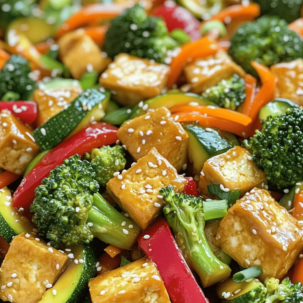 To create a tasty vegetable stir fry with tofu, gather the following ingredients: - 1 block firm tofu, pressed and cubed - 2 tablespoons soy sauce - 1 tablespoon sesame oil - 1 tablespoon olive oil - 1 red bell pepper, sliced - 1 cup broccoli florets - 1 carrot, julienned - 1 zucchini, sliced - 2 cloves garlic, minced - 1 inch ginger, grated - 2 green onions, chopped - 1 tablespoon sesame seeds - Salt and pepper to taste Each ingredient plays a key role in making this dish both flavorful and nutritious. The firm tofu brings a hearty texture, while the fresh veggies add color and crunch. Soy sauce and sesame oil provide a savory depth, making each bite delightful. Don't forget to check out the full recipe for more details on preparation! - First, press and cube the tofu. Wrap it in a clean towel. Place a heavy object on top for about 15 minutes. This helps remove extra moisture. - Next, marinate the tofu in soy sauce. Let it soak for about 10 minutes. This adds great flavor. - Heat a large skillet or wok over medium-high heat. Add 1 tablespoon of sesame oil. - Gently add the marinated tofu cubes. Sauté them for 5 to 7 minutes. Cook until they turn golden and slightly crisp. - In the same skillet, add 1 tablespoon of olive oil. Once hot, throw in minced garlic and grated ginger. Stir quickly to avoid burning. - Now, add the sliced red bell pepper, broccoli florets, julienned carrot, and zucchini. Stir-fry them for about 5 to 6 minutes. Cook until the veggies are tender but still bright. - Return the crispy tofu to the skillet. Gently toss it with the vegetables. Adjust the flavors with salt, pepper, and more soy sauce if you want. - Remove from heat and garnish with chopped green onions and sesame seeds before serving. For the complete instructions, check the [Full Recipe]. Tofu can be tricky. Pressing it is key to a great texture. It removes moisture and helps the tofu become crispy. Wrap your tofu in a clean towel. Put a heavy object on top for about 15 minutes. This step makes a big difference. Cook your tofu in batches for maximum crispiness. If you overcrowd the pan, it will steam instead of fry. Frying in small groups helps each piece get golden brown. Fresh ingredients bring life to your stir fry. Use crisp veggies for the best taste and color. Always choose seasonal produce. This keeps your dish vibrant and tasty. Adjust your soy sauce and spices to fit your taste. Start with a little, then add more if needed. Balance is key. You want a rich flavor that enhances the veggies and tofu. Choosing the right skillet or wok is important. A large, non-stick skillet works well. A wok can give you high heat for quick cooking. Both options help veggies stay crisp. A sharp knife is a must for cutting veggies. It makes prep easy and safe. Dull knives can lead to accidents. Keep your tools sharp for the best results. For the full recipe, check out the Veggie Delight Tofu Stir Fry. {{image_2}} You can swap tofu for other proteins like tempeh or seitan. Tempeh has a nutty flavor and a firmer texture. It works well in stir fry. Seitan has a chewy texture and absorbs flavors great. Try marinating them just like tofu. Both choices bring their unique taste and texture. Feel free to add more veggies to your stir fry. Seasonal vegetables work best. Try bell peppers, snap peas, or mushrooms. You can also add leafy greens like spinach or bok choy. These add color and nutrients. Mix and match based on what you love or what’s fresh. If you like heat, add hot sauce or chili flakes. A little goes a long way. Start with a small amount, then taste. You can always add more if you want it spicier. This simple change can elevate your dish. Enjoy the kick and flavor boost! To keep your stir fry fresh, store it in an airtight container. Place the container in the fridge. Leftovers stay good for up to four days. Make sure to cool the stir fry to room temperature before sealing. This helps prevent steam and keeps the food crisp. When reheating, you want to keep the flavors and textures. I recommend using a skillet over medium heat. Add a splash of water or oil to help steam the veggies. Stir often until heated through. This method keeps the stir fry vibrant and tasty. You can freeze the stir fry if you have extra. Place it in a freezer-safe bag. Remove as much air as possible before sealing. To thaw, move it to the fridge overnight. Reheat gently in a skillet to restore the fresh taste. Yes, you can use frozen vegetables! They are quick and easy to use. Frozen veggies save prep time and last longer. However, they can lose some crunch. Thaw them before cooking to help reduce moisture. This way, they cook evenly. If you like a firmer bite, fresh veggies are better. To make this dish gluten-free, swap soy sauce for tamari. Tamari has a similar taste and is gluten-free. You can also use coconut aminos as a soy sauce alternative. Both options keep the flavor strong without gluten. Always check labels to ensure the product is gluten-free. Serve your stir fry with rice or noodles. Steamed jasmine rice is a classic choice. Noodles add a fun twist. You can also pair it with a light salad. A simple cucumber salad balances the meal. For an extra crunch, add some nuts or seeds on top. You can find the full recipe for Vegetable Stir Fry with Tofu [here](Veggie Delight Tofu Stir Fry ). Enjoy making this quick and easy meal! This blog covered how to make a tasty vegetable stir fry with tofu. You learned about the ingredients and steps to prepare it. We also shared tips for great texture and flavor. Don't forget to try different proteins and veggies. Store your leftovers properly for later meals. Cooking can be fun and easy with these simple recipes. Enjoy making your own stir fry and impressing your friends!