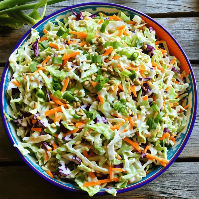 - 4 cups green cabbage, finely shredded - 1 cup red cabbage, finely shredded - 1 large carrot, grated - 1/2 cup mayonnaise - 2 tablespoons apple cider vinegar - 1 tablespoon Dijon mustard - 1 tablespoon honey - Salt and pepper to taste - 1/2 cup green onions, chopped - 1/4 cup sunflower seeds (optional) I love using a mix of green and red cabbage. The colors make the dish pop. Green cabbage is crunchy and mild. Red cabbage adds a sweet taste and vibrant color. Grating a large carrot gives a nice crunch and sweet note. I choose good mayonnaise for creaminess. Apple cider vinegar brings a bit of tang. Dijon mustard adds a gentle kick. Honey balances the flavors with a touch of sweetness. Don’t forget salt and pepper. They are key for good taste. Adding chopped green onions gives a fresh bite. For extra crunch, try sunflower seeds. They add texture and a nutty flavor. - Alternative dressings (vinegar-based, yogurt-based) - Different types of cabbage (savoy, napa) - Additional vegetables (bell peppers, celery) If you want a different dressing, try a vinegar-based one. A yogurt-based dressing can make it lighter. You can also switch the cabbage. Savoy has a softer texture. Napa cabbage is sweeter and crisp. You may add other veggies too. Bell peppers can add sweetness. Chopped celery gives a nice crunch. Don’t be afraid to mix and match! Try different flavors to find your favorite. For the full recipe, check out the details above. Start with the vegetables. For coleslaw, I use green cabbage and red cabbage. Shred both types finely. Use a sharp knife or a box grater for the carrot. Grating adds nice texture and sweetness. Aim for thin strips so the slaw is easy to eat. Next, let’s make the dressing. In a bowl, mix the mayonnaise, apple cider vinegar, Dijon mustard, and honey. Whisk them together until the mixture is smooth. This dressing brings out the flavors in the cabbage and carrots. Now it’s time to combine everything. Pour the dressing over the veggies. Toss them gently but thoroughly. Make sure each piece of cabbage and carrot gets coated. Taste the mixture and add salt and pepper as needed. This step is key. Seasoning can change the whole dish. If you want extra crunch, add sunflower seeds and green onions. Toss again to mix everything well. This gives the coleslaw a fun twist and extra flavor. Chill the coleslaw for at least 30 minutes. This time allows the flavors to meld together. The cabbage will soften slightly, making it more enjoyable. Chilling also makes the dish refreshing, perfect for hot days or summer picnics. For the full recipe, check the section above. Enjoy your homemade coleslaw! To make the best coleslaw, always use fresh ingredients. Fresh cabbage and crisp carrots add great crunch. Pick cabbages that are firm and heavy. They should feel dense when you hold them. When cutting cabbage, slice it correctly. Start by cutting the cabbage in half, then remove the core. After that, slice the halves into thin strips. Aim for about a quarter-inch thickness. This helps the cabbage stay crunchy in the coleslaw. Coleslaw works well for many occasions. It is perfect for summer barbecues, picnics, or family dinners. I love serving it with grilled chicken or pulled pork. The cool, crisp texture balances rich meats nicely. You can also serve it as a side for fish tacos. For a twist, add coleslaw to sandwiches or wraps. It gives a nice crunch and extra flavor. Pairing it with fried foods, such as fish or chicken, is also a great option. To keep coleslaw fresh, store it in an airtight container. This helps prevent it from getting soggy. If you can, add the dressing just before serving. This keeps the veggies crisp longer. Coleslaw can last in the fridge for about three to five days. However, it’s best to enjoy it within the first two days for the best taste. Check for any signs of wilting or off smells before eating. For the full recipe, check out the Crispy Crunch Classic Coleslaw section! {{image_2}} Creamy coleslaw uses mayonnaise as a base. This makes it rich and smooth. The flavor is mild and tangy, often with a touch of sweetness. Vinegar-based coleslaw skips the mayo. It relies on vinegar and oil for dressing. This gives it a sharper, zesty taste. When choosing between them, think about the meal. Serve creamy coleslaw with barbecued meats. It balances the smoky flavor. Vinegar-based coleslaw pairs well with fried foods. It cuts through the heaviness and adds brightness. Southern-style coleslaw is a classic. It usually combines green cabbage with sweet dressing. Some recipes add chopped pickles or even apples for extra sweetness. This variation is popular at picnics and family gatherings. Asian-inspired coleslaw brings new flavors to the table. It often features shredded cabbage mixed with carrots and sesame dressing. You can add ingredients like soy sauce and ginger for depth. This twist offers a crunchy, fresh taste and works well with grilled meats. You can easily make coleslaw healthier. Swap out mayonnaise for Greek yogurt. This change keeps the creaminess but cuts the fat. Greek yogurt also adds protein, making your dish more filling. Another tip is to reduce sugar. Instead of using white sugar, try natural sweeteners like honey or maple syrup. This change adds flavor without the extra calories. Plus, it gives the coleslaw a unique twist. For the full recipe, check out the section above! The best cabbage for coleslaw is green cabbage. It has a crisp texture and mild taste. Red cabbage adds color and a slight peppery flavor. Mixing both types gives a vibrant look and full taste. Green cabbage is often the base, while red cabbage adds a fun twist. You can use savoy or napa cabbage too. Savoy cabbage is softer and sweeter, while napa cabbage is more delicate. Choose what you like best for your coleslaw! Yes, you can make coleslaw ahead of time. I recommend making it a few hours before serving. This allows the flavors to blend well. If you want to prepare it even earlier, keep the dressing and veggies separate. Mix them just before serving to keep it fresh and crunchy. Always store coleslaw in the fridge in a sealed container. This will help keep it crisp for your meal. Coleslaw can last about three to five days in the fridge. Make sure to store it in an airtight container. If it gets watery, just stir it before serving. Check for any bad smells or changes in color. If it looks or smells off, it’s best to toss it. Enjoy your coleslaw fresh for as long as possible! Prep Time: 15 minutes | Total Time: 45 minutes | Servings: 8 To make this coleslaw, gather these ingredients: - 4 cups green cabbage, finely shredded - 1 cup red cabbage, finely shredded - 1 large carrot, grated - 1/2 cup mayonnaise - 2 tablespoons apple cider vinegar - 1 tablespoon Dijon mustard - 1 tablespoon honey - Salt and pepper to taste - 1/2 cup green onions, chopped - 1/4 cup sunflower seeds (optional for crunch) Preparation Steps: 1. Start by shredding the cabbages and grating the carrot. Use a good knife for even cuts. This helps the veggies mix well. 2. In a new bowl, whisk the mayonnaise, apple cider vinegar, Dijon mustard, and honey. Make sure it is smooth. 3. Pour this dressing over the veggies. Toss them gently but well. You want everything coated. 4. Add salt and pepper. Taste to adjust seasoning. If you like crunch, toss in the sunflower seeds and green onions. 5. Cover the bowl and chill the coleslaw for at least 30 minutes. This time helps the flavors blend. For the best results, use fresh ingredients. They make a big difference in taste. Enjoy this coleslaw with your favorite meals. It pairs well with BBQ, sandwiches, and more. Try this Full Recipe for a delightful side dish! You learned how to make classic coleslaw step by step. We covered the main ingredients and optional add-ins. I shared tips on achieving the best flavor and texture. Coleslaw is perfect for many occasions and pairs well with different dishes. Remember, fresh ingredients and proper storage improve taste and safety. Enjoy making your perfect coleslaw as a side or a snack!