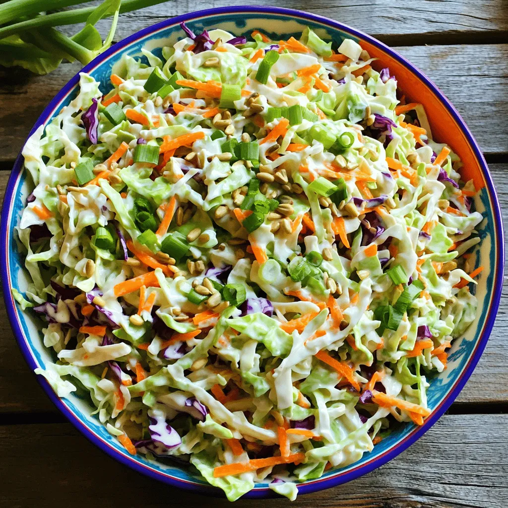 - 4 cups green cabbage, finely shredded - 1 cup red cabbage, finely shredded - 1 large carrot, grated - 1/2 cup mayonnaise - 2 tablespoons apple cider vinegar - 1 tablespoon Dijon mustard - 1 tablespoon honey - Salt and pepper to taste - 1/2 cup green onions, chopped - 1/4 cup sunflower seeds (optional) I love using a mix of green and red cabbage. The colors make the dish pop. Green cabbage is crunchy and mild. Red cabbage adds a sweet taste and vibrant color. Grating a large carrot gives a nice crunch and sweet note. I choose good mayonnaise for creaminess. Apple cider vinegar brings a bit of tang. Dijon mustard adds a gentle kick. Honey balances the flavors with a touch of sweetness. Don’t forget salt and pepper. They are key for good taste. Adding chopped green onions gives a fresh bite. For extra crunch, try sunflower seeds. They add texture and a nutty flavor. - Alternative dressings (vinegar-based, yogurt-based) - Different types of cabbage (savoy, napa) - Additional vegetables (bell peppers, celery) If you want a different dressing, try a vinegar-based one. A yogurt-based dressing can make it lighter. You can also switch the cabbage. Savoy has a softer texture. Napa cabbage is sweeter and crisp. You may add other veggies too. Bell peppers can add sweetness. Chopped celery gives a nice crunch. Don’t be afraid to mix and match! Try different flavors to find your favorite. For the full recipe, check out the details above. Start with the vegetables. For coleslaw, I use green cabbage and red cabbage. Shred both types finely. Use a sharp knife or a box grater for the carrot. Grating adds nice texture and sweetness. Aim for thin strips so the slaw is easy to eat. Next, let’s make the dressing. In a bowl, mix the mayonnaise, apple cider vinegar, Dijon mustard, and honey. Whisk them together until the mixture is smooth. This dressing brings out the flavors in the cabbage and carrots. Now it’s time to combine everything. Pour the dressing over the veggies. Toss them gently but thoroughly. Make sure each piece of cabbage and carrot gets coated. Taste the mixture and add salt and pepper as needed. This step is key. Seasoning can change the whole dish. If you want extra crunch, add sunflower seeds and green onions. Toss again to mix everything well. This gives the coleslaw a fun twist and extra flavor. Chill the coleslaw for at least 30 minutes. This time allows the flavors to meld together. The cabbage will soften slightly, making it more enjoyable. Chilling also makes the dish refreshing, perfect for hot days or summer picnics. For the full recipe, check the section above. Enjoy your homemade coleslaw! To make the best coleslaw, always use fresh ingredients. Fresh cabbage and crisp carrots add great crunch. Pick cabbages that are firm and heavy. They should feel dense when you hold them. When cutting cabbage, slice it correctly. Start by cutting the cabbage in half, then remove the core. After that, slice the halves into thin strips. Aim for about a quarter-inch thickness. This helps the cabbage stay crunchy in the coleslaw. Coleslaw works well for many occasions. It is perfect for summer barbecues, picnics, or family dinners. I love serving it with grilled chicken or pulled pork. The cool, crisp texture balances rich meats nicely. You can also serve it as a side for fish tacos. For a twist, add coleslaw to sandwiches or wraps. It gives a nice crunch and extra flavor. Pairing it with fried foods, such as fish or chicken, is also a great option. To keep coleslaw fresh, store it in an airtight container. This helps prevent it from getting soggy. If you can, add the dressing just before serving. This keeps the veggies crisp longer. Coleslaw can last in the fridge for about three to five days. However, it’s best to enjoy it within the first two days for the best taste. Check for any signs of wilting or off smells before eating. For the full recipe, check out the Crispy Crunch Classic Coleslaw section! {{image_2}} Creamy coleslaw uses mayonnaise as a base. This makes it rich and smooth. The flavor is mild and tangy, often with a touch of sweetness. Vinegar-based coleslaw skips the mayo. It relies on vinegar and oil for dressing. This gives it a sharper, zesty taste. When choosing between them, think about the meal. Serve creamy coleslaw with barbecued meats. It balances the smoky flavor. Vinegar-based coleslaw pairs well with fried foods. It cuts through the heaviness and adds brightness. Southern-style coleslaw is a classic. It usually combines green cabbage with sweet dressing. Some recipes add chopped pickles or even apples for extra sweetness. This variation is popular at picnics and family gatherings. Asian-inspired coleslaw brings new flavors to the table. It often features shredded cabbage mixed with carrots and sesame dressing. You can add ingredients like soy sauce and ginger for depth. This twist offers a crunchy, fresh taste and works well with grilled meats. You can easily make coleslaw healthier. Swap out mayonnaise for Greek yogurt. This change keeps the creaminess but cuts the fat. Greek yogurt also adds protein, making your dish more filling. Another tip is to reduce sugar. Instead of using white sugar, try natural sweeteners like honey or maple syrup. This change adds flavor without the extra calories. Plus, it gives the coleslaw a unique twist. For the full recipe, check out the section above! The best cabbage for coleslaw is green cabbage. It has a crisp texture and mild taste. Red cabbage adds color and a slight peppery flavor. Mixing both types gives a vibrant look and full taste. Green cabbage is often the base, while red cabbage adds a fun twist. You can use savoy or napa cabbage too. Savoy cabbage is softer and sweeter, while napa cabbage is more delicate. Choose what you like best for your coleslaw! Yes, you can make coleslaw ahead of time. I recommend making it a few hours before serving. This allows the flavors to blend well. If you want to prepare it even earlier, keep the dressing and veggies separate. Mix them just before serving to keep it fresh and crunchy. Always store coleslaw in the fridge in a sealed container. This will help keep it crisp for your meal. Coleslaw can last about three to five days in the fridge. Make sure to store it in an airtight container. If it gets watery, just stir it before serving. Check for any bad smells or changes in color. If it looks or smells off, it’s best to toss it. Enjoy your coleslaw fresh for as long as possible! Prep Time: 15 minutes | Total Time: 45 minutes | Servings: 8 To make this coleslaw, gather these ingredients: - 4 cups green cabbage, finely shredded - 1 cup red cabbage, finely shredded - 1 large carrot, grated - 1/2 cup mayonnaise - 2 tablespoons apple cider vinegar - 1 tablespoon Dijon mustard - 1 tablespoon honey - Salt and pepper to taste - 1/2 cup green onions, chopped - 1/4 cup sunflower seeds (optional for crunch) Preparation Steps: 1. Start by shredding the cabbages and grating the carrot. Use a good knife for even cuts. This helps the veggies mix well. 2. In a new bowl, whisk the mayonnaise, apple cider vinegar, Dijon mustard, and honey. Make sure it is smooth. 3. Pour this dressing over the veggies. Toss them gently but well. You want everything coated. 4. Add salt and pepper. Taste to adjust seasoning. If you like crunch, toss in the sunflower seeds and green onions. 5. Cover the bowl and chill the coleslaw for at least 30 minutes. This time helps the flavors blend. For the best results, use fresh ingredients. They make a big difference in taste. Enjoy this coleslaw with your favorite meals. It pairs well with BBQ, sandwiches, and more. Try this Full Recipe for a delightful side dish! You learned how to make classic coleslaw step by step. We covered the main ingredients and optional add-ins. I shared tips on achieving the best flavor and texture. Coleslaw is perfect for many occasions and pairs well with different dishes. Remember, fresh ingredients and proper storage improve taste and safety. Enjoy making your perfect coleslaw as a side or a snack!