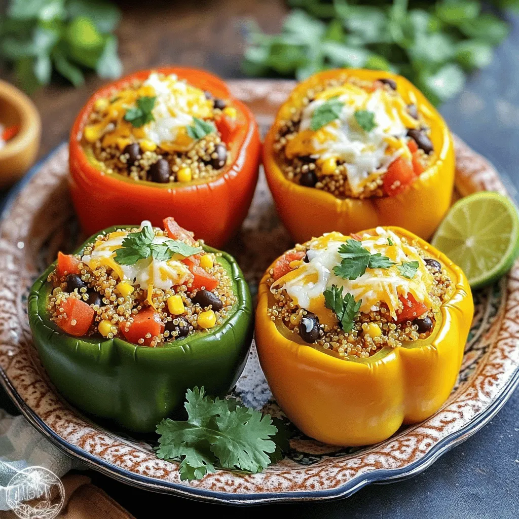 To make savory quinoa stuffed peppers, you need simple yet flavorful ingredients. Each item adds a special touch to the dish. Here's what you will need: - 4 large bell peppers (any color) - 1 cup quinoa, rinsed - 2 cups vegetable broth - 1 can (15 oz) black beans, drained and rinsed - 1 cup corn kernels (fresh or frozen) - 1 medium onion, diced - 2 cloves garlic, minced - 1 teaspoon cumin - 1 teaspoon smoked paprika - ½ teaspoon chili powder - Salt and pepper to taste - 1 cup diced tomatoes (canned or fresh) - ½ cup shredded cheese (optional, for topping) - Fresh cilantro, chopped for garnish These ingredients create a tasty and healthy meal. Quinoa provides protein and fiber, while the beans, corn, and spices add great flavors. You can also customize the recipe with different toppings or spices. For the complete recipe, check the [Full Recipe]. First, rinse 1 cup of quinoa under cold water. This helps remove any bitter taste. In a medium saucepan, combine the quinoa with 2 cups of vegetable broth. Bring to a boil. Once boiling, lower the heat and cover. Let it simmer for about 15 minutes. The quinoa will absorb all the liquid and become fluffy. Remove from heat and set aside. Take 4 large bell peppers and cut the tops off. Make sure to remove all the seeds and membranes inside. This keeps your peppers clean and ready for stuffing. Place the peppers upright in a baking dish. This helps them stand while baking. In a skillet over medium heat, add a small amount of olive oil. Sauté 1 medium diced onion for about 3 to 4 minutes until it becomes soft. Then, add 2 cloves of minced garlic and cook for another minute. This makes the kitchen smell great! Next, stir in the cooked quinoa, 1 can of drained black beans, 1 cup of corn, and 1 cup of diced tomatoes. Add 1 teaspoon of cumin, 1 teaspoon of smoked paprika, ½ teaspoon of chili powder, and salt and pepper to taste. Mix everything well and let it heat through. Now it’s time to fill the peppers! Use the quinoa mixture to stuff each pepper. Pack it in gently but fill it to the top. If you like cheese, sprinkle ½ cup of shredded cheese on top of each pepper for a tasty finish. Preheat your oven to 375°F (190°C). Cover the baking dish with aluminum foil and bake for 25 minutes. After that, take off the foil and bake for another 10 minutes. This will make the peppers tender and the cheese melt. Once done, carefully take them out of the oven. Let them cool for a few minutes. Before serving, add fresh chopped cilantro for a burst of color and flavor. You can find the full recipe with all the steps outlined above. Enjoy your Savory Quinoa Stuffed Peppers! To cook quinoa, rinse it well under cold water. This removes the bitter coating. Use two cups of vegetable broth for every cup of quinoa. Bring the broth to a boil, then reduce heat. Cover the pot and simmer for about 15 minutes. The quinoa is done when it’s fluffy and the liquid is gone. Let it sit for a few minutes before fluffing with a fork. This will give you a perfect texture. When choosing peppers, I prefer large bell peppers. They have sweet flavors and hold up well when baked. You can use any color: red, yellow, green, or orange. Each color offers a slightly different taste. Make sure the peppers are firm and free from blemishes. Hollow them out carefully to create enough room for the filling. For a lovely presentation, serve the stuffed peppers on a bright platter. Garnish with fresh cilantro for color. A wedge of lime adds a fresh touch and zesty flavor. You can also drizzle some hot sauce on top for those who enjoy a kick. These simple touches make the dish more appealing and fun to eat. For the full recipe, check out the detailed steps mentioned above. {{image_2}} You can boost the protein in your stuffed peppers easily. Try adding cooked chicken, ground turkey, or tofu for a tasty twist. You can also mix in some shredded cheese for a creamy touch. These options make the meal more filling and fun! This recipe suits both vegetarian and vegan diets. To keep it vegetarian, you can use cheese on top. For a vegan version, skip the cheese or use a plant-based alternative. The filling is packed with healthy beans and quinoa, so everyone will love it. Feel free to swap out ingredients based on what you have. You can use different beans, like kidney beans or lentils. If you want a fresh taste, add diced zucchini or spinach to the mix. These changes keep the recipe exciting and new every time. - Spice Level Adjustments Adjust the spice level to fit your taste. If you like heat, add more chili powder or some diced jalapeños. For a milder dish, cut back on the chili powder. You can also try adding fresh herbs like basil or oregano for a different flavor profile. For the full recipe, check out the details above. You can keep leftover stuffed peppers in an airtight container. They last about 3 to 5 days in the fridge. Make sure to let them cool before sealing. This keeps the peppers fresh and tasty. To reheat, place the peppers in a baking dish. Cover with foil to keep them moist. Heat in the oven at 350°F (175°C) for about 20 minutes. You can also use the microwave. Heat for 2-3 minutes on high, checking often. If you want to save some for later, freezing works great. Wrap each stuffed pepper tightly in plastic wrap and then aluminum foil. They can stay in the freezer for up to 3 months. When ready to eat, thaw in the fridge overnight and reheat as mentioned above. Enjoy your meal! For the full recipe, click here. Stuffed peppers can last about 3 to 5 days in the fridge. Make sure to store them in an airtight container. This keeps them fresh and tasty. When you are ready to eat them, just reheat. Yes, you can make stuffed peppers ahead of time. Prepare them fully and store them in the fridge. I suggest doing this the night before. This way, they are ready to bake when you need them. You can use rice, farro, or barley in place of quinoa. Each grain has its own unique flavor and texture. Choose one that you enjoy. Just make sure to adjust the cooking time based on the grain you select. No, you do not need to cook the peppers first. You can stuff them raw. Baking will soften them nicely. This method helps keep their shape and adds a nice crunch. For the full recipe, check the details above. You can create stuffed peppers packed with flavor and nutrition using simple ingredients. We discussed key ingredients like bell peppers, quinoa, black beans, and spices. The steps to prepare, cook, and stuff the peppers are easy to follow. I shared tips to perfect your dish and options for variations. Lastly, we covered how to store leftovers and answered common questions. Now you’re ready to make tasty stuffed peppers anytime. Enjoy your cooking adventure and share it with friends and family!
