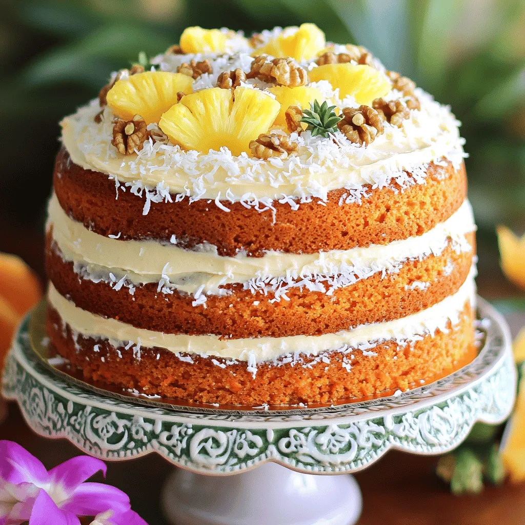 To make a Tropical Pineapple Carrot Cake, you need fresh, simple ingredients. Here’s the list: - 2 cups all-purpose flour - 1 ½ cups granulated sugar - 1 cup vegetable oil - 4 large eggs - 2 teaspoons baking powder - 1 teaspoon baking soda - ½ teaspoon salt - 1 teaspoon ground cinnamon - ½ teaspoon ground nutmeg - 2 cups grated carrots (about 4 medium carrots) - 1 cup crushed pineapple, drained - 1 cup shredded coconut - ½ cup chopped walnuts (optional) - 1 teaspoon vanilla extract - Cream cheese frosting (for topping) Each ingredient plays a key role in making this cake moist and flavorful. The all-purpose flour provides structure. Granulated sugar adds sweetness and moisture. Vegetable oil keeps the cake tender. Eggs bind everything together and add richness. Baking powder and baking soda help the cake rise. Salt enhances the flavors, while cinnamon and nutmeg bring warmth. Grated carrots add moisture and sweetness, and crushed pineapple boosts the fruitiness. Shredded coconut adds a tropical twist. You can add walnuts for crunch or omit them for a nut-free cake. For a creamy finish, top the cake with cream cheese frosting. This frosting complements the flavors and adds a rich layer of sweetness. You can find the full recipe for more details on how to combine these ingredients. First, preheat your oven to 350°F (175°C). This step is key for even baking. While the oven warms up, grease and flour two 9-inch round cake pans. This helps the cakes come out easily after baking. In a large mixing bowl, combine 1 ½ cups of granulated sugar and 1 cup of vegetable oil. Use an electric mixer to beat these together until they blend well. Next, add 4 large eggs, one at a time. Mix well after each egg. Stir in 1 teaspoon of vanilla extract for that lovely flavor. In another bowl, whisk together 2 cups of all-purpose flour, 2 teaspoons of baking powder, 1 teaspoon of baking soda, ½ teaspoon of salt, 1 teaspoon of ground cinnamon, and ½ teaspoon of ground nutmeg. This mix gives your cake flavor and helps it rise. Gradually add this dry mix to your wet ingredients. Stir until just combined. Now, fold in 2 cups of grated carrots, 1 cup of crushed pineapple (drained), and 1 cup of shredded coconut. If you like, you can add ½ cup of chopped walnuts too. Make sure everything is evenly mixed. Divide the batter into the prepared cake pans. Bake in the preheated oven for 25-30 minutes. Use a toothpick to check for doneness; it should come out clean. After baking, remove the cakes from the oven. Let them cool in the pans for about 10 minutes. Then, transfer them to a wire rack to cool completely. You can find the complete instructions in the Full Recipe. Measuring your ingredients correctly is key. Use measuring cups and spoons for accuracy. Too much flour can make the cake dry. Too little sugar can affect the taste. Mix wet and dry ingredients separately before combining. This helps avoid overmixing. Fold in the carrots and pineapple gently. This keeps the cake light and fluffy. For the cream cheese frosting, let it sit at room temperature first. This makes it easier to spread. Use a spatula to apply the frosting in a thick layer. Start with the top and then move to the sides. To decorate, consider adding shredded coconut or chopped walnuts. Fresh pineapple slices can also add a fun touch. Check your oven’s temperature with a thermometer. An incorrect temperature can lead to undercooked or burnt cake. When baking, avoid opening the oven door too often. This can cause the cake to sink. Use a toothpick to check doneness. If it comes out clean, your cake is ready. {{image_2}} You can make this cake even more fun with different fruits. Try adding mango or banana for a twist. Each fruit brings a unique taste and texture. You can also use other nuts or seeds. Pecans or sunflower seeds add extra crunch. Mix and match to find your favorite combo! If you need a gluten-free option, substitute the all-purpose flour. You can use almond flour or coconut flour. Both work well in this recipe. For those who want a vegan cake, replace the eggs with applesauce or flaxseed meal. This keeps the cake moist and tasty. Pair your cake with a cup of tea or coffee. The flavors blend perfectly! If you have leftovers, store them in an airtight container. You can also slice and freeze the cake for later. Just thaw it in the fridge before serving. For a fun touch, serve slices with a scoop of vanilla ice cream. Enjoy the tropical goodness! To store leftover cake, cool it completely first. Wrap it tightly in plastic wrap. This helps keep moisture in and prevents it from drying out. You can also place it in an airtight container. I recommend using a cake dome or a container with a lid to protect it from air. Store it in the fridge for up to five days. If you want to save cake for later, freezing is a great option. To freeze, wrap each layer in plastic wrap. Then, add a layer of aluminum foil for extra protection. This will help prevent freezer burn. You can freeze the cake for up to three months. When you’re ready to enjoy it, thaw the cake in the fridge overnight. This keeps it moist and tasty. Fresh Tropical Pineapple Carrot Cake lasts about five days in the fridge. In the freezer, it remains good for three months. You can tell if the cake is spoiled by looking for mold or an off smell. If it feels dry or crumbly, it may not taste good. Always trust your senses when checking for freshness. For the full recipe, click here. To make this cake from scratch, you need to follow some simple steps. First, preheat your oven to 350°F (175°C). Grease and flour two 9-inch round cake pans. In a large bowl, mix sugar and vegetable oil until creamy. Add eggs one by one, mixing well. Stir in vanilla extract next. In another bowl, whisk flour, baking powder, baking soda, salt, cinnamon, and nutmeg. Slowly add this mix to the wet ingredients. Fold in grated carrots, crushed pineapple, shredded coconut, and walnuts if you like. Pour the batter evenly into the prepared pans. Bake for 25-30 minutes, until a toothpick comes out clean. Cool the cakes for 10 minutes, then transfer to a wire rack. Once cooled, frost with cream cheese frosting. For a detailed guide, check the Full Recipe. Yes, you can easily omit the nuts in this recipe. If you want a nut-free cake, just leave them out. You can also add seeds, like sunflower or pumpkin seeds, for a nice crunch. If you want more texture, try adding extra coconut or even some dried fruit. This way, you keep the flavor and fun without the nuts. To frost your cake smoothly, start with cream cheese frosting. Make sure your cake layers are fully cool. Use an offset spatula to spread frosting on the first layer. Place the second layer on top and frost the top and sides. For a clean finish, dip the spatula in hot water, then dry it before smoothing the frosting. Adding extra coconut or nuts on top can make it look even better! In this post, I walked you through making a delicious Tropical Pineapple Carrot Cake. We covered the key ingredients, detailed steps, and helpful tips to avoid mistakes. I also shared ways to modify the recipe for different diets and tastes. Remember, baking is about having fun and learning. Don't hesitate to experiment with flavors or decorations. A well-made cake can bring joy to any occasion. I hope you enjoy baking and sharing this tasty treat!