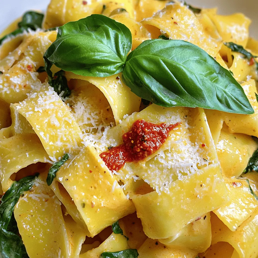 To make Creamy Calabrian Chili Pappardelle, gather these simple ingredients: - 12 oz pappardelle pasta - 1 tablespoon olive oil - 3 cloves garlic, minced - 2 tablespoons Calabrian chili paste (adjust to taste) - 1 cup heavy cream - 1 cup grated Parmigiano-Reggiano cheese - 1 cup fresh spinach, chopped - 1 teaspoon lemon zest - Salt and freshly cracked black pepper, to taste - Fresh basil leaves for garnish You can swap out some ingredients based on what you have: - Use fettuccine or tagliatelle if pappardelle is not available. - If you prefer a lighter option, try half-and-half instead of heavy cream. - For a nutty flavor, use nutritional yeast in place of Parmigiano-Reggiano. - Spinach can be replaced with kale or arugula, if desired. - Fresh basil can be switched for parsley or chives for a different taste. To ensure your dish is fresh and flavorful: - Choose high-quality pasta; it makes a big difference in taste. - Use fresh garlic for the best aroma and flavor. - Store chili paste in a cool, dark place to keep it fresh longer. - Buy Parmigiano-Reggiano cheese in block form and grate it fresh for the best texture. - Always wash greens like spinach just before use to maintain their crispness. For the full recipe, check out the detailed instructions that follow! To start, fill a large pot with water and add salt. Bring it to a boil. Carefully add the pappardelle pasta. Cook according to the package instructions until it’s al dente. This usually takes about 8 to 10 minutes. Once cooked, save one cup of the pasta water. Drain the pasta and set it aside. The reserved water will help your sauce later. In a large skillet, pour in the olive oil. Heat it over medium heat. Add the minced garlic and sauté it for about one minute. You want it fragrant but not brown. Next, stir in the Calabrian chili paste. Cook it for another minute to blend the flavors. Lower the heat and slowly pour in the heavy cream. Stir continuously for 3 to 5 minutes. This will help the sauce thicken slightly. Gradually add the grated Parmigiano-Reggiano cheese. Stir until it melts into the sauce. If the sauce gets too thick, add some reserved pasta water to reach your desired consistency. Once your sauce is creamy, it's time to add the chopped spinach and lemon zest. Stir until the spinach wilts, which should take about 2 to 3 minutes. Now, add the cooked pappardelle to the skillet. Toss it gently to coat the pasta with the creamy sauce. Season with salt and cracked black pepper to taste. Serve it right away. Garnish with fresh basil leaves for a delightful finish. Try this creamy Calabrian chili pappardelle with [Full Recipe] for a tasty dinner. To get the right sauce consistency, start with the heavy cream. Pour it in slowly, stirring all the time. This helps the cream mix well with the other flavors. If the sauce is too thick, use the reserved pasta water. Add it a little at a time until it reaches your desired thickness. You want a smooth and creamy sauce that clings to the pasta perfectly. Want to change the heat level? Adjust the Calabrian chili paste to your taste. If you love spice, add more. For a milder dish, use less. You can also play with lemon zest. More zest gives a brighter flavor, while less makes it richer. Taste your sauce as you cook. This way, you can adjust salt and pepper to make it perfect for you. Serve your creamy Calabrian chili pappardelle with fresh basil on top. This adds a nice touch of color and flavor. Pair it with a crisp green salad for a lovely balance. A simple arugula salad works great. You can also enjoy it with crusty bread to soak up the sauce. For drinks, try a chilled white wine. It complements the dish well. For the full recipe, check out [Full Recipe]. {{image_2}} You can make this dish even better by adding proteins. Grilled chicken works well. Just slice it thin and toss it with the pasta. Shrimp is another great option. Sauté shrimp in olive oil until pink, then mix it into the creamy sauce. You can also use cooked sausage for a heartier meal. Each protein adds a unique flavor and texture, making your creamy Calabrian chili pappardelle even more delightful. If you want a vegetarian option, skip the meat and add more veggies. Peas, bell peppers, or mushrooms bring extra color and taste. You can also use cashew cream instead of heavy cream for a vegan twist. Nutritional yeast can replace the cheese, adding a cheesy flavor without dairy. This way, everyone can enjoy a creamy dish, no matter their diet. While pappardelle is perfect for this dish, you can try other pasta types. Fettuccine or tagliatelle works nicely too. If you prefer something smaller, penne or fusilli can hold the sauce well. Whole wheat or gluten-free pasta is also an option for a healthier choice. Each pasta type brings its own charm to the meal, so feel free to explore! For the full recipe, check out the details above. After enjoying your creamy Calabrian chili pappardelle, store leftovers in an airtight container. Make sure to let the pasta cool to room temperature first. This helps keep its texture. You can keep it in the fridge for up to three days. If you won’t eat it soon, consider freezing. When it's time to reheat, use the stovetop for the best results. Heat a skillet over low heat. Add a splash of water or cream to help revive the sauce. Stir gently until warmed through. Avoid using high heat, as it can dry out the pasta. You want it creamy and delicious, just like when you first made it. If you want to freeze the dish, it's best to do so before adding fresh spinach. In an airtight container, it can last up to three months in the freezer. To thaw, place it in the fridge overnight. Reheat as mentioned, adding fresh spinach just before serving for a lovely touch. For more details, check out the Full Recipe. Yes, you can. If you can't find Calabrian chili paste, try other options. Sambal oelek or harissa can work well. Each paste has a different flavor and heat level. Adjust the amount to suit your taste. Start with less and add more if needed. Remember, the goal is to enhance, not overpower. If you need a substitute for heavy cream, try using whole milk mixed with butter. For every cup of heavy cream, use ¾ cup of milk and ¼ cup of melted butter. You can also use coconut cream for a dairy-free option. Just keep in mind that it may change the dish's taste. To reheat creamy pasta, use low heat on the stove. Add a splash of water or broth to keep it moist. Stir often to avoid sticking. You can also use the microwave. Cover the dish with a damp paper towel. This helps trap steam and keeps the pasta creamy. In this guide, we covered key ingredients for a creamy pasta dish and offered substitutions. We detailed steps for preparing pappardelle and making a rich sauce. You learned tips for perfecting sauce consistency and personalizing flavors. Variations allowed for protein choices and dietary needs. Lastly, we discussed storing and reheating leftovers effectively. Remember, cooking is about trying new things. Enjoy experimenting with ingredients and flavors. Your perfect dish awaits!