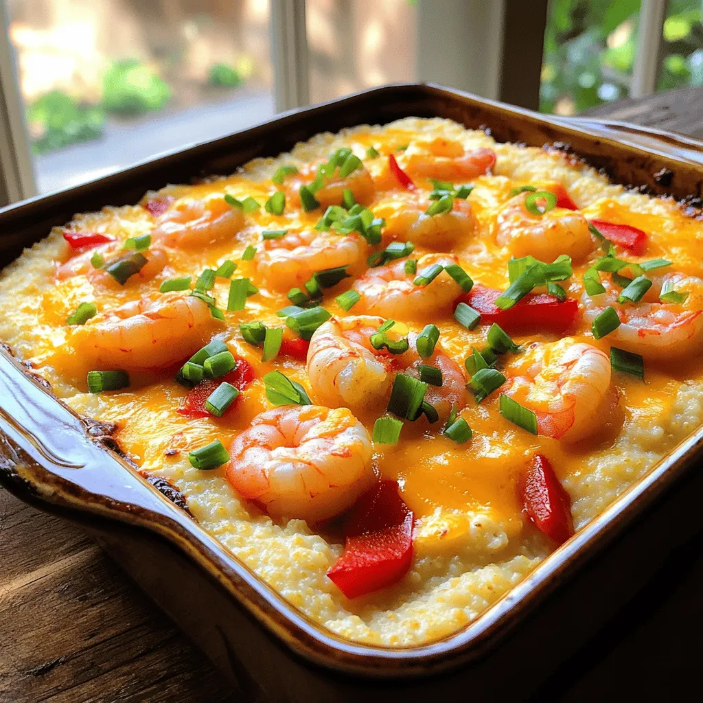 - 1 pound large shrimp, peeled and deveined - 1 cup grits (quick or stone-ground) - 4 cups chicken broth - 1 cup sharp cheddar cheese, grated - 1 cup milk - 1/2 cup cream cheese, softened - 1/2 small onion, finely chopped - 1 red bell pepper, finely chopped - 2 cloves garlic, minced - 1 teaspoon Cajun seasoning - 1 teaspoon smoked paprika - 1/2 teaspoon salt - 1/4 teaspoon black pepper - 2 green onions, chopped (for garnish) Cajun seasoning adds a spicy, warm kick to the dish. This blend often includes paprika, garlic powder, and herbs. Smoked paprika gives a deep, rich flavor, adding complexity to the casserole. Fresh vegetables like onion and bell pepper bring sweetness and texture. They make the dish colorful and tasty. Using these special ingredients elevates the classic shrimp and grits into a delightful casserole. The result is a burst of flavor in every bite. For the full experience, don’t forget to check out the Full Recipe. 1. Preheat the oven and prepare the dish: Start by preheating your oven to 375°F (190°C). Grease a 9x13-inch casserole dish with a little oil. This step helps prevent sticking and makes serving easier later. 2. Cooking the grits and incorporating dairy: In a medium saucepan, bring 4 cups of chicken broth to a boil. Slowly whisk in 1 cup of grits. Cook according to the package instructions until the grits thicken. Once thickened, remove from heat. Stir in 1 cup of milk, 1/2 cup of softened cream cheese, and 1/2 of the grated sharp cheddar cheese. Mix until creamy and smooth. Set this mixture aside. 1. Sautéing vegetables and shrimp: In a large skillet over medium heat, add some olive oil. Sauté 1/2 small chopped onion and 1 chopped red bell pepper for about 5 minutes until they soften. Add 2 minced garlic cloves and cook for another minute until fragrant. 2. Adding seasonings for flavor: Toss in the peeled and deveined shrimp. Sprinkle with 1 teaspoon Cajun seasoning, 1 teaspoon smoked paprika, 1/2 teaspoon salt, and 1/4 teaspoon black pepper. Cook the shrimp for about 3-4 minutes until they turn pink and opaque. Then, remove the skillet from heat. 1. Combining grits, shrimp, and vegetables: In a large mixing bowl, combine the grits mixture with the shrimp and vegetable mixture. Stir gently to mix all the flavors together. 2. Pouring into the casserole dish and topping with cheese: Pour the combined mixture into the greased casserole dish. Sprinkle the remaining cheddar cheese on top for a delicious, cheesy crust. Now you’re ready to bake! Follow the remaining instructions in the Full Recipe to enjoy your savory shrimp and grits casserole. The right consistency is key for great grits. You want them creamy, not too thick or runny. Start by using a good chicken broth for flavor. When you add milk and cream cheese, mix them in slowly. This helps to keep the grits smooth. If they seem too thick, add a splash more milk. To know when shrimp are done, look for their color. They should turn pink and opaque. This usually takes just 3 to 4 minutes. Avoid overcooking shrimp; they can become tough. Remove them from heat as soon as they change color. For a nice touch, garnish your dish with chopped green onions. They add color and freshness. Serve the casserole warm, right from the oven. Pair it with a side of mixed greens for a full meal. This not only looks good but also balances the flavors. For the full recipe, check out the instructions above. {{image_2}} You can add bacon or sausage to your casserole for a richer taste. Cook the meat until crispy, then mix it into your shrimp and grits. It brings a savory depth that many will love. You can also try using different types of cheese. A mix of gouda or pepper jack can add unique flavors. Experimenting with cheese can make the dish your own. For those who need gluten-free options, use certified gluten-free grits. They taste just as good and keep the dish creamy. If you're looking for vegetarian adaptations, skip the shrimp. Instead, add mushrooms or zucchini for texture and flavor. You can also use vegetable broth instead of chicken broth to keep it plant-based. To adjust the heat level, add more spices like cayenne or red pepper flakes. This makes the dish exciting and bold. You can also incorporate diced jalapeños or a splash of hot sauce. This adds a kick that many people enjoy. Just remember to taste as you go, so the heat fits your preference. To store your shrimp and grits casserole, let it cool first. Once it cools, transfer it to an airtight container. Place it in the fridge. Proper cooling helps keep flavors fresh. You can enjoy leftovers for up to three days. When you’re ready to eat, reheat the casserole in the oven. Set the oven to 350°F (175°C). Cover the dish with foil to keep it moist. Heat it for about 20 minutes or until warm. You can also microwave portions for quick meals. Just cover the dish and heat for 2 to 3 minutes. If you want to freeze the casserole, do it before cooking. Follow all steps of the recipe, but don’t bake it. Instead, cover your casserole dish tightly with foil or plastic wrap. Then, place it in the freezer. It can last up to three months frozen. When you’re ready to cook, take it out of the freezer. Let it thaw overnight in the fridge. For best results, bake it straight from the fridge at 375°F (190°C). Add an extra 10 minutes to the cooking time to ensure it heats through. This way, you enjoy a hot, tasty meal anytime! Check the full recipe for more details. You can pair this dish with several great sides. Here are my top picks: - Mixed greens salad: A fresh salad adds a nice crunch. - Coleslaw: Creamy coleslaw offers a cool contrast. - Garlic bread: Crispy garlic bread brings added flavor and texture. - Steamed vegetables: Choose seasonal veggies for a healthy touch. These sides balance the richness of the casserole and enhance your meal. Making Shrimp and Grits Casserole ahead is easy and smart. Here’s how: - Prepare the grits: Cook the grits and mix in the cheese and cream cheese. Store this in the fridge. - Cook the shrimp: Sauté the shrimp and veggies, then cool them before storing. - Assemble later: Combine everything in the casserole dish right before baking. This way, you save time on busy days. Just bake it when you’re ready! Yes! You can create a tasty vegetarian option. Here’s how: - Omit the shrimp: Use mushrooms or a plant-based protein, like tofu or tempeh. - Add more veggies: Consider zucchini, spinach, or corn for extra flavor. - Use vegetable broth: Swap chicken broth for vegetable broth in the recipe. These changes keep the dish hearty and satisfying without any seafood. Enjoy experimenting! This blog post has guided you through making a delicious shrimp and grits casserole. We covered the key ingredients and the special flavors that make this dish stand out. Following the step-by-step instructions ensures your casserole will be tasty and well-textured. Remember, there are many variations to suit your taste! In cooking, creativity is just as important as following a recipe. Enjoy making this dish your own. Happy cooking!