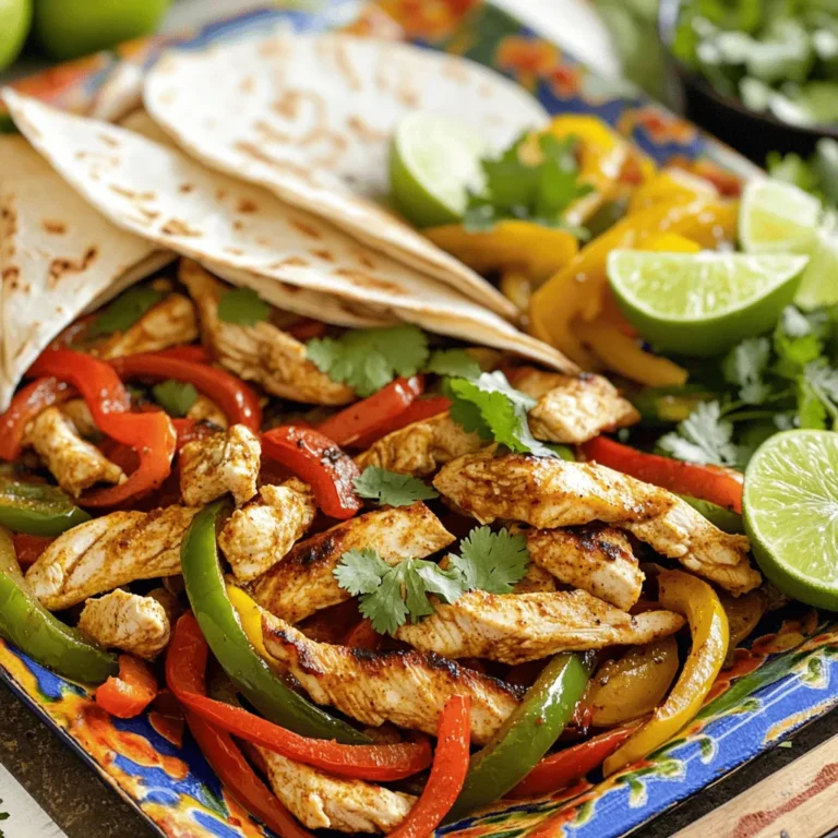 - 1 pound boneless, skinless chicken breasts - 1 red bell pepper, sliced into strips - 1 green bell pepper, sliced into strips - 1 yellow onion, sliced into thin wedges - 3 tablespoons olive oil - 2 teaspoons chili powder - 1 teaspoon paprika - 1 teaspoon cumin - 1/2 teaspoon garlic powder - 1/2 teaspoon onion powder - Salt and pepper to taste For this dish, you need just a few key items. First, choose one pound of boneless, skinless chicken breasts. The chicken will be the main focus. You can slice it into thin strips for even cooking. Next, grab assorted bell peppers: one red, one green, and one yellow. These add color and flavor. Also, include one yellow onion. Slice it into thin wedges to mix well with the chicken and peppers. You’ll need three tablespoons of olive oil to help with cooking and flavor. For spices, use two teaspoons of chili powder, one teaspoon of paprika, and one teaspoon of cumin. These will give your fajitas a great kick. Add half a teaspoon each of garlic powder and onion powder for extra depth. Finally, don’t forget salt and pepper to taste. - Fresh cilantro, chopped (for garnish) - Lime wedges (for serving) - 8 small flour or corn tortillas - Suggested sides (rice, beans, etc.) For garnishing, fresh cilantro adds a nice touch. It brightens up the dish. Lime wedges are perfect for squeezing over the fajitas before eating. They add a burst of freshness. You can serve the fajitas in small flour or corn tortillas. This makes it easy to eat. Also, consider suggested sides like rice or beans to round out your meal. They complement the fajitas well and make it filling. For the full recipe, you can check the details and instructions to ensure a perfect meal every time! 1. Preheat your oven to 400°F (200°C). 2. Line a large baking sheet with parchment paper. This makes cleanup easy. 3. In a large mixing bowl, combine the sliced chicken, bell peppers, and onion. 4. Drizzle the olive oil over the mixture. 5. Add chili powder, paprika, cumin, garlic powder, onion powder, salt, and pepper. 6. Toss everything together until well coated in spices. 1. Spread the chicken and vegetable mixture evenly on the prepared baking sheet. 2. Make sure not to overcrowd the pan so everything cooks well. 3. Bake in the preheated oven for 20-25 minutes. 4. Check when the chicken is golden and cooked through. 5. Stir halfway through cooking for even roasting. 1. Once done, take the pan out of the oven. 2. Let the fajitas rest for a couple of minutes. 3. Serve the mixture on warm tortillas. 4. Garnish with fresh cilantro and a squeeze of lime juice for added flavor. To amp up the flavor in your Sheet Pan Chicken Fajitas, try adding more spices. You can use cayenne pepper for heat or smoked paprika for depth. A splash of lime juice or vinegar can brighten the dish. Mix in a marinade of yogurt and spices to tenderize the chicken. This will add moisture and flavor. Using the right cooking techniques ensures great results. First, do not overcrowd the pan. If you pile on too many ingredients, they will steam instead of roast. This will make them soggy. Spread the chicken and veggies in a single layer. Next, stir the mixture halfway through cooking. This helps everything cook evenly. By moving the food around, you ensure that each piece gets golden and tender. Following these tips will give you the best fajitas every time. For the Full Recipe, check the earlier section. {{image_2}} You can swap chicken for beef, shrimp, or tofu. Each choice offers a new twist. If you use beef, choose sirloin or flank steak. Slice it thinly like the chicken. For shrimp, use large, peeled shrimp. They cook fast, so cut the time to about 10-12 minutes. Tofu is a great plant-based option. Use firm tofu, drain, and press it to remove extra moisture. Cut it into strips and bake for 20-25 minutes. Adjust cooking times based on your protein choice to ensure everything cooks just right. Try adding more veggies to boost flavor and nutrition. Zucchini and mushrooms work well in this dish. Slice zucchini into half-moons and mushrooms into thick slices. They both add nice texture. Toss them in with your chicken and peppers. If you want to spice it up, add jalapeños or poblano peppers for heat. Adjust the spice level to fit your taste. You can also add corn for sweetness or black beans for extra protein. This way, you can create your own unique fajita mix. To store leftovers in the fridge, place fajitas in an airtight container. This keeps them fresh and tasty. You can eat the leftovers within three days. To reheat, simply warm them in the microwave. For best taste, avoid reheating more than once. Best practices for keeping fajitas fresh include separating the chicken from the veggies. This helps prevent sogginess. Store tortillas in a separate bag to keep them soft. If you have extra lime, keep that in a small container too. To freeze chicken fajitas, first cool them completely. Place the chicken and veggies in a freezer-safe bag. Remove as much air as possible before sealing. You can freeze them for up to three months. When you’re ready to eat, thaw them overnight in the fridge. For reheating, place the fajitas in a skillet over medium heat. Add a splash of water to keep them moist. Cook until heated through. You can also use the microwave if you're in a hurry. Just cover the dish with a lid to trap steam. It takes about 30 minutes to cook Sheet Pan Chicken Fajitas. You will spend 15 minutes prepping. The cooking time is around 20 to 25 minutes. Make sure the chicken is fully cooked and the veggies are tender. Yes, you can make these fajitas in advance. Prepare the chicken and veggies a day before. Store them in the fridge in a sealed container. When you're ready to eat, just bake them. They reheat well in the oven. Serve these fajitas on a colorful platter. Keep the tortillas warm in a towel or a warmer. You can add lime wedges for a fresh taste. Pair them with sides like rice or beans for a full meal. You can find the Full Recipe for Sheet Pan Chicken Fajitas with detailed instructions. This will help you get all the steps and ingredients right! You now have a full guide to make delicious Sheet Pan Chicken Fajitas. From selecting the best ingredients to smart cooking tips, each step is clear. Remember, you can customize this dish with different proteins and veggies. Leftovers are easy to store and reheat. Don’t shy away from adding spices to enhance flavor. These fajitas are fun to make and serve. Enjoy cooking and sharing this tasty meal with family and friends. You’ll love the results!
