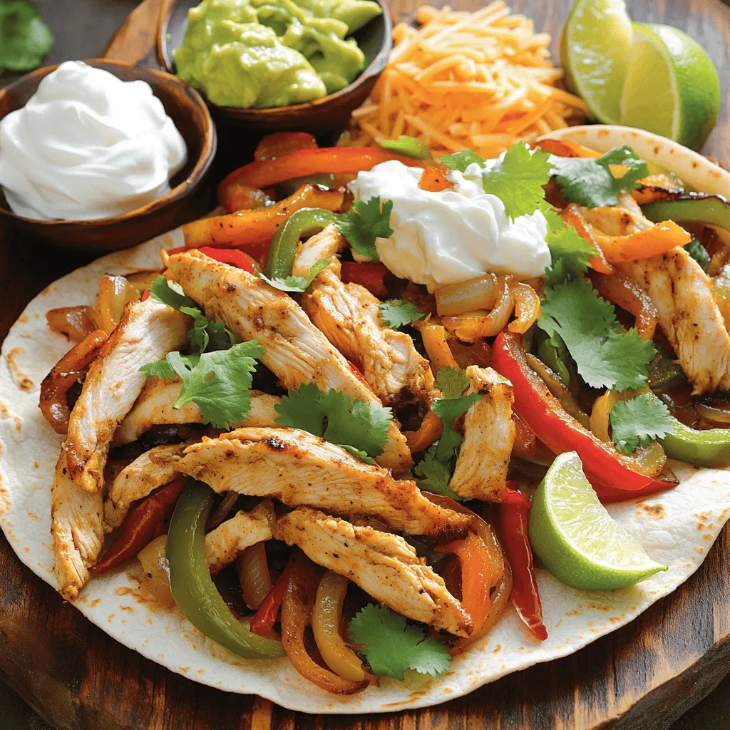 - 2 boneless, skinless chicken breasts, sliced into thin strips - 1 tablespoon olive oil - 1 red bell pepper, sliced - 1 green bell pepper, sliced - 1 medium onion, sliced - 2 cloves garlic, minced - 1 teaspoon chili powder - 1 teaspoon cumin - 1 teaspoon paprika - ½ teaspoon salt - ¼ teaspoon black pepper - Juice of 1 lime - 4 small flour tortillas The main ingredients in chicken fajitas bring a burst of flavor. Sliced chicken breasts form the heart of this dish. Use fresh, tender chicken for the best taste. The bell peppers add color and sweetness. Red and green peppers balance each other well. Onions provide a strong base flavor, while garlic adds depth. Seasonings like chili powder, cumin, and paprika give it a warm kick. Don't forget the lime juice! It adds brightness to the dish. - Sour cream - Guacamole - Shredded cheese - Chopped cilantro Toppings can transform your fajitas! Sour cream adds creaminess and coolness. Guacamole brings rich avocado flavor. Shredded cheese adds a nice, melty touch. Chopped cilantro gives a fresh herbal note. Feel free to mix and match toppings based on your taste! - Skillet - Kitchen knife - Cutting board You need a few simple tools to make fajitas. A skillet is essential for cooking the chicken and veggies. A sharp kitchen knife helps you slice the chicken and vegetables easily. A cutting board keeps your workspace tidy. With these tools, you can create a delicious meal with ease. For a complete guide, check the Full Recipe. - Slicing chicken and vegetables: Start by slicing your chicken breasts into thin strips. Use a sharp knife for clean cuts. Next, slice the red and green bell peppers into strips. Then, slice the onion. Make sure all pieces are similar in size to cook evenly. - Measuring seasonings: Measure out your spices: one teaspoon each of chili powder, cumin, and paprika. Also, measure half a teaspoon of salt and a quarter teaspoon of black pepper. Keep these ready to add flavor to your chicken. - Heating the skillet and olive oil: Heat a large skillet over medium-high heat. Add one tablespoon of olive oil to the skillet. Let it warm for a minute. This helps the chicken cook nicely without sticking. - Cooking the chicken strips: Add the sliced chicken to the hot skillet. Sprinkle the measured seasonings over the chicken. Cook for about five to seven minutes. Stir occasionally until the chicken turns golden brown and is cooked through. - Adding vegetables and sautéing: Once the chicken is cooked, add in the sliced bell peppers and onions. Sauté these for about four to five minutes. You want them to be tender but still a bit crisp. This adds great texture. - Stirring in garlic and lime juice: Next, stir in the minced garlic and the juice of one lime. Cook for one more minute until you smell the garlic. This adds a fresh kick to your chicken fajitas. Now your chicken fajitas are nearly ready to serve! Check the [Full Recipe] for more details. To ensure chicken is tender, slice it thinly. Thin strips cook faster and stay juicy. Always heat your skillet well before adding the chicken. This helps lock in moisture. Let the chicken sear without stirring for a minute. Then, stir occasionally until it turns golden brown. For crispy vegetables, add them after the chicken has cooked. This way, they stay crunchy. Sauté them just until they soften slightly. A little crunch adds great texture to your fajitas. Marinating the chicken makes a big difference. Mix olive oil, lime juice, and spices in a bowl. Let the chicken soak for at least 30 minutes. This gives time for flavors to blend into the meat. Adding fresh herbs like cilantro boosts flavor. Chop them finely and sprinkle on top before serving. This adds a fresh taste and bright color to your dish. The best sides to pair with fajitas are rice and beans. These add heartiness to your meal. You can also serve tortilla chips with salsa for a fun crunch. For creative plating, stack tortillas on a platter. Spoon the chicken and veggies into a bowl in the center. Garnish with lime wedges and cilantro. This makes your meal look as good as it tastes! Check out the Full Recipe for more details. {{image_2}} You can switch up the chicken for beef or shrimp. Beef gives a rich flavor and works well. Just slice it thin and cook for a few minutes. Shrimp cooks fast and adds a nice touch. If you want a vegetarian option, use tofu or beans. Tofu can soak up flavors well. Beans add protein and a hearty texture. For a kick, add jalapeños or your favorite hot sauce. This will spice up your dish. You can also try a spicy fajita seasoning mix. It gives a nice heat and depth. Adjust the spice level to your taste for a perfect meal. If you are gluten-free, use gluten-free tortillas. Many brands offer great options. For low-carb diets, try lettuce wraps instead of tortillas. This keeps the flavors but cuts the carbs. You can enjoy fajitas no matter your diet! To store your leftover chicken fajitas, let them cool first. Place the chicken and veggies in an airtight container. This keeps them fresh and prevents odors. You can store them in the fridge for up to three days. If you want to keep them longer, consider freezing. For reheating, you can use a microwave or a skillet. If you microwave, put the fajitas on a microwave-safe plate. Cover to keep moisture. Heat in short bursts to avoid drying out. If you use a skillet, heat it on low. Add a splash of water or broth to keep the chicken tender. Stir until heated through. To freeze fajitas, pack the cooled chicken and veggies in a freezer bag. Squeeze out extra air to avoid freezer burn. These can last for up to three months in the freezer. When you’re ready to eat, thaw them overnight in the fridge. For a quick method, you can defrost in the microwave. Reheat them in a skillet for best taste. For the full recipe, check [Full Recipe]. To boost flavor, marinate your chicken. Use lime juice, garlic, and spices. Let it sit for 30 minutes. This helps the flavors soak in. You can also add fresh herbs like cilantro before serving. Another option is to use smoked paprika for a deeper taste. Yes, you can prepare chicken fajitas in advance. Cook the chicken and veggies, then store them in the fridge. They stay fresh for up to three days. When ready to eat, just reheat in a skillet. This makes dinner quick and easy. Flour tortillas are the best choice for chicken fajitas. They are soft and easy to fold. Corn tortillas are a good option too, but they are more fragile. Choose the one you enjoy most. You can even try both for variety! For the full recipe, check out the detailed cooking steps above. This article covered everything you need for perfect chicken fajitas. We looked at key ingredients like chicken, fresh veggies, and fun seasonings. You learned the steps for preparation, cooking, and combining flavors. Tips helped you make fajitas tender and tasty, while variations showed ways to mix it up. Remember, leftovers can be stored easily and reheated for more meals. Enjoy experimenting with flavors and sides. Now, get cooking and delight your taste buds!